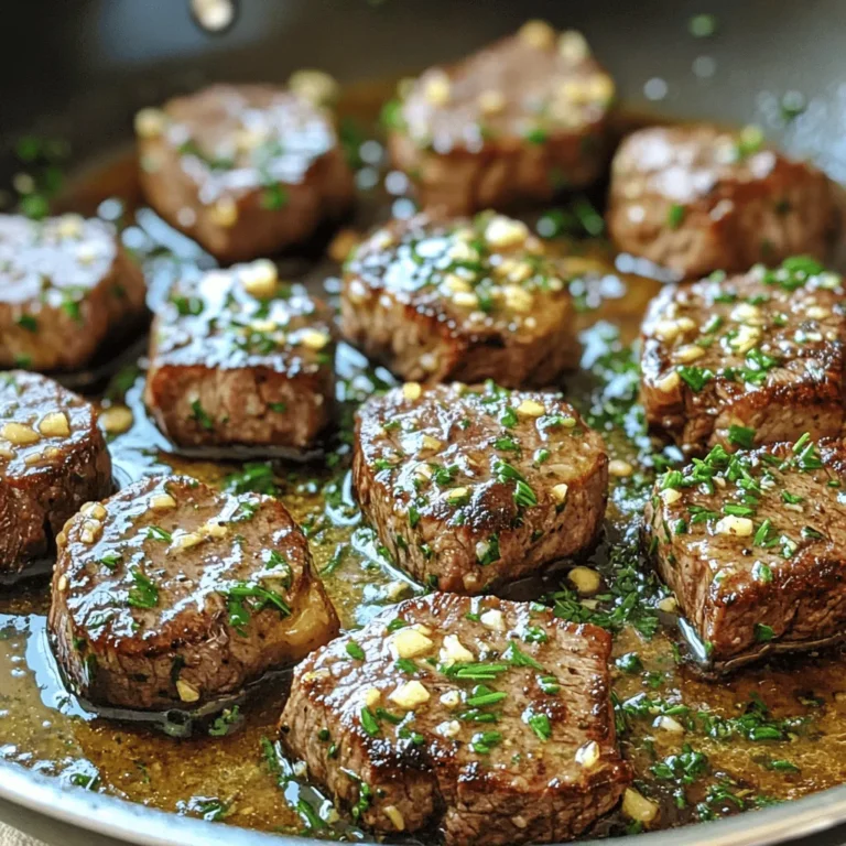 - 1 lb sirloin steak, cut into bite-sized pieces - 4 tablespoons unsalted butter - 4 cloves garlic, minced - 1 teaspoon fresh rosemary, chopped - 1 teaspoon fresh thyme, chopped The main ingredients for garlic butter steak bites are simple yet flavorful. I love using sirloin steak for its tenderness and rich taste. Cut the steak into small pieces for quick cooking. Unsalted butter gives the dish a rich base, while fresh garlic adds a strong, aromatic touch. The herbs, rosemary and thyme, bring a fresh, earthy flavor. - Salt and pepper to taste - 1 tablespoon olive oil - Fresh parsley, chopped (for garnish) Seasoning your steak bites with salt and pepper is key. This enhances the natural flavor of the meat. I like to add olive oil to the pan for a nice sear. Finally, fresh parsley on top adds a pop of color and freshness. It makes the dish look appealing and adds a hint of flavor. Together, these ingredients create a dish that is not only delicious but also easy to make. You can enjoy garlic butter steak bites as a main dish or a tasty appetizer. Seasoning the steak Start by cutting your sirloin steak into bite-sized pieces. Sprinkle salt and pepper all over the steak. Make sure every piece gets enough seasoning. This step is key for flavor. Letting the steak rest Now, let the seasoned steak sit at room temperature for about 15 minutes. This helps the steak cook evenly. Don't skip this step; it makes a big difference. Heating the skillet Grab a large skillet and put it on the stove. Heat olive oil over medium-high heat. You want the oil hot enough for searing. Searing the steak bites Add the steak bites in one layer. If your skillet is small, do this in batches. Sear them for 2-3 minutes on each side. Look for a nice brown color. Cook them to your liking, then take them out and set aside. Making the garlic butter sauce In the same skillet, lower the heat to medium. Add unsalted butter and let it melt. Toss in minced garlic, chopped rosemary, and thyme. Stir for 1-2 minutes. Keep stirring until the garlic smells great and turns lightly golden. Be careful not to burn it! Tossing steak in garlic butter Put the cooked steak bites back into the skillet. Toss them in the garlic butter until they are well coated. Cook for one more minute to warm them up. Garnishing before serving Finally, take the skillet off the heat. Sprinkle freshly chopped parsley on top. This adds color and flavor. Your garlic butter steak bites are ready to enjoy! For garlic butter steak bites, I recommend using sirloin steak. This cut is tender and flavorful. Look for steak with bright red color and some marbling. Marbling means small white flecks of fat in the meat, which adds flavor. When selecting steak, ask your butcher for help if needed. They can guide you to the best cuts. To get your steak just right, use a meat thermometer. Aim for 130°F for medium-rare and 140°F for medium. If you like it well done, go for 160°F. Start with high heat for searing. This gives a nice brown crust. Then lower the heat to cook it evenly. This way, your steak stays juicy and tasty. You can add extra flavor with spices. Try a pinch of smoked paprika or chili flakes for a kick. Fresh herbs like oregano or basil work well too. For serving, consider sides like mashed potatoes or grilled veggies. They pair nicely with the rich garlic butter flavor. Enjoy experimenting with flavors! {{image_2}} You can cook garlic butter steak bites in different ways. Each method gives a unique taste and texture. 1. Grilling vs. Skillet Cooking Grilling adds a smoky flavor. It gives a nice char on the outside. If you prefer a juicy, tender bite, use a skillet. The skillet lets you control the heat. You can cook them evenly. Both methods work well. Choose the one you like best. 2. Oven-Baked Garlic Butter Steak Bites You can also bake these steak bites. Preheat your oven to 400°F. Toss the steak with olive oil, salt, and pepper. Spread them on a baking sheet. Bake for about 10-15 minutes. In the last few minutes, add the garlic butter mixture. This method is easy and keeps the steak moist. Your garlic butter steak bites can have different flavors. It’s fun to experiment with spices and herbs. 1. Spicy Garlic Butter Steaks If you like heat, add some crushed red pepper flakes. Mix them into the garlic butter. This adds a nice kick to each bite. You can also use hot sauce for extra heat. 2. Adding Citrus Flavors A splash of lemon juice brightens the dish. You can mix it into the garlic butter. The fresh taste cuts through the richness. Lime juice works well too. Try both and see what you like! You can modify this recipe for different diets. 1. Gluten-Free Options This recipe is naturally gluten-free. Just be sure to check any sauces or extras you add. Some may contain gluten. 2. Low-Carb Alternatives If you’re on a low-carb diet, you’re in luck! This dish is already low in carbs. Serve it with a side of veggies instead of bread or rice. Zucchini noodles or steamed broccoli pair nicely. Enjoy your meal without guilt! To keep your garlic butter steak bites fresh, store them in an airtight container. This helps avoid moisture and keeps the meat tasty. Place the container in the fridge. You can keep them for 3 to 4 days. If you want to store them longer, consider freezing them. They can last up to 3 months in the freezer. Just remember to label your container with the date. When you reheat steak bites, you want to keep them juicy and flavorful. The best method is to use a skillet. Heat a bit of olive oil over medium heat. Add the steak bites and stir for a few minutes until they warm up. You can also use a microwave, but it may dry them out. If you use this method, cover the dish with a damp paper towel. This traps steam and helps keep the steak moist. For safety, make sure the steak reaches an internal temperature of 165°F before eating. This ensures it’s safe and ready to enjoy. To make garlic butter, you need only a few things. Start with unsalted butter and fresh garlic. Here’s how: - 4 tablespoons unsalted butter - 4 cloves garlic, minced - 1 teaspoon fresh rosemary, chopped - 1 teaspoon fresh thyme, chopped 1. In a skillet, melt the butter over medium heat. 2. Add the minced garlic, rosemary, and thyme. 3. Stir for 1-2 minutes until the garlic smells good and gets a light color. This garlic butter adds great flavor to your steak bites. You can use it on other dishes too! Yes, you can use various cuts for steak bites. While I love sirloin, other cuts work well too. Here are some good options: - Ribeye: This cut is juicy with great flavor. - Filet mignon: It’s tender and perfect for special meals. - Flank steak: This cut is lean and tasty when sliced thin. Make sure to cut the steak into bite-sized pieces. Adjust cooking time based on the cut you pick! A few sides go well with garlic butter steak bites. Here are my favorites: - Roasted vegetables: They add color and flavor. - Mashed potatoes: Creamy potatoes are a comforting choice. - Salad: A fresh salad balances the richness of the steak. Feel free to mix and match! These sides will enhance your meal and make it even better. In this article, I shared how to make delicious garlic butter steak bites. We covered key ingredients like sirloin steak, fresh garlic, and herbs. I outlined steps from preparation to cooking and garnishing. I also offered tips for selecting steak and enhancing flavors. These bites are easy to customize, whether you grill or bake. You can adjust to fit your diet too. Enjoy these steak bites with your favorite sides. Happy cooking!