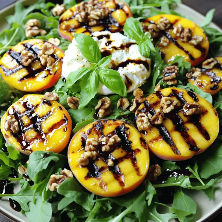 - Ripe peaches and their importance Ripe peaches bring sweetness and juiciness. They should feel soft but not mushy. This texture is key for grilling. When you grill them, they caramelize and get even sweeter. Choose peaches that are fragrant and slightly tender for the best taste. - Types of greens to use I like using mixed greens for this salad. Arugula adds a peppery kick, while spinach is mild and soft. Frisée gives a nice crunch and adds visual appeal. You can mix these greens in a large bowl. This mix balances the sweetness of the peaches. - Choosing the best burrata cheese Burrata cheese is creamy and rich. Look for fresh burrata that is soft to the touch. When you tear it open, it should ooze out creamy goodness. This cheese adds a luxurious taste to the salad. It contrasts well with the grilled peaches. - Toasted walnuts and their role Toasted walnuts add a nice crunch and nutty flavor. They also provide healthy fats. Roughly chop them before adding to the salad. This helps distribute their flavor throughout. Toasting enhances their taste, making them more fragrant and delicious. - Balsamic glaze: homemade vs store-bought Balsamic glaze brings a sweet tang to the dish. You can buy it or make it at home. To make it, simmer balsamic vinegar until it thickens. Store-bought versions are convenient but check the label for quality. Choose one with simple ingredients for the best flavor. - Seasoning essentials: salt, pepper, and olive oil Seasoning is key for bringing out flavors. Use good-quality olive oil to brush the peaches. A pinch of salt and pepper enhances the natural sweetness of the fruit. Season the salad just before serving for the best taste. This simple step makes a big difference. To start, preheat your grill to medium-high heat. This step is key for juicy peaches with nice grill marks. Aim for around 400°F. While the grill heats, brush the peach halves with olive oil. This adds flavor and helps them grill evenly. Don’t forget to sprinkle a pinch of salt and pepper on the peaches. This simple seasoning brings out their natural sweetness. Once your grill is hot, place the peaches cut side down. Grill them for about 4 to 5 minutes. Keep an eye out for those beautiful grill marks. You want the peaches to soften, but not fall apart. They are done when they are slightly tender to the touch. If you press gently, you should feel a little give. While the peaches grill, prepare your mixed greens. In a large bowl, toss together arugula, spinach, and frisée. This mix adds texture and flavor to your salad. After grilling, let the peaches cool for a few minutes. Then, slice them into wedges. Gently add the peach slices to the greens along with the toasted walnuts. Next, it’s time for the burrata cheese. Tear it into pieces and place it on top of the salad. Burrata's creamy texture adds richness. Drizzle balsamic glaze over the whole dish. Season with more salt and pepper if needed. Finally, garnish with fresh basil leaves for a pop of color. Serve this salad right away while the peaches are warm and the burrata is soft. Enjoy every bite! Grilling can be fun but tricky. Here are some simple tips to help you succeed. - Avoiding common grilling mistakes: Start with a clean grill. Oil the grates before placing food on them. This helps prevent sticking. Grill peaches cut side down for best marks. Check often to avoid burning. - Using alternative cooking methods if no grill is available: You can broil peaches in the oven. Just place them on a baking sheet cut side up. Set the oven to broil and cook for about 5 minutes. You can also use a stovetop grill pan for a similar effect. Keeping your salad fresh is key to enjoying it later. Here are my top storage tips. - Best practices for keeping salad fresh: Store mixed greens and grilled peaches separately. This helps keep everything crisp. Use airtight containers to keep them fresh longer. - How to store leftovers without losing flavor: Place leftover salad in a container with a lid. Add a paper towel to absorb moisture. This keeps the greens fresh. Enjoy leftovers within two days for best taste. {{image_2}} You can change up the nuts in this salad. Try using pecans or almonds instead of walnuts. Each nut gives a unique taste and crunch. If you want to add protein, grilled chicken or shrimp works great. Simply season and cook the protein on the grill. Then, slice and toss it into the salad. This makes the dish heartier and more filling. You can adapt this salad for each season. In summer, stick with peaches. In fall, use apples or pears for sweetness. In winter, consider citrus fruits like oranges or grapefruits. For spring, fresh berries or strawberries add a nice touch. You can also swap out greens based on what’s fresh. For example, use kale in winter or baby spinach in spring. This keeps your salad fresh and exciting all year long. You can serve this salad with many great sides. A fresh loaf of crusty bread pairs well. Garlic bread adds flavor and warmth. You might also try a light pasta salad for a filling option. A simple quinoa dish works nicely, too. For drinks, consider white wine. A chilled Sauvignon Blanc complements the salad's sweetness. If you prefer red, a light Pinot Noir can also work. These wines balance the creamy burrata and sweet peaches. To make your salad look stunning, focus on color. Use a large, shallow bowl to show the layers. Start with mixed greens at the base. Then, arrange the grilled peach slices in a circle. Place torn burrata pieces in the center. Finish with chopped walnuts and a drizzle of balsamic glaze. If you host a dinner party, consider individual servings. Use small plates or jars for each guest. This makes each serving a mini masterpiece. Garnish with a basil leaf for a pop of color. Your guests will be impressed! To find ripe peaches, look for these signs: - Color: The skin should be a warm yellow or golden hue. - Firmness: Gently squeeze; ripe peaches yield slightly. - Aroma: They should smell sweet and fragrant. These signs mean the peaches are ready for grilling. Ripe peaches add great flavor and sweetness to your salad. Yes, you can switch up the cheese. Here are some good options: - Fresh mozzarella: Similar texture, mild flavor. - Goat cheese: Adds a tangy twist. - Feta cheese: Crumbly and briny for a different taste. Each cheese offers a unique flavor, so pick whichever you like best! To make this salad vegan, follow these tips: - Substitute burrata with vegan cheese. - Replace honey in balsamic glaze with maple syrup. - Avoid any dairy-based toppings. These swaps keep the salad tasty and plant-based! For the best flavor, you can choose either homemade or store-bought balsamic glaze. - Homemade glaze: Simmer balsamic vinegar until thick. It’s fresh and flavorful. - Store-bought glaze: Look for a thick, rich brand without added sugars. Both options work well, but homemade gives a special touch. This blog post covered how to make a Grilled Peach Burrata Salad. We talked about choosing ripe peaches, greens, and burrata cheese for the best flavor. You learned step-by-step grilling tips and how to assemble the salad perfectly. Remember, experimenting with add-ins and seasonal ingredients can elevate your dish. Enjoy this fresh salad as a light meal or a side. Your friends and family will love it!