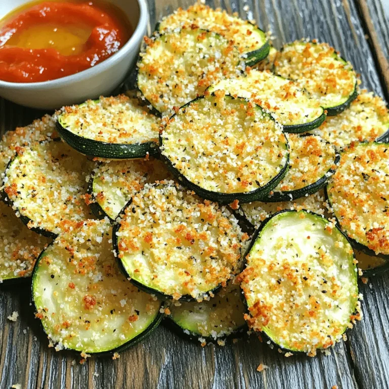- 2 medium zucchinis - 1 cup breadcrumbs (panko or regular) - ½ cup grated Parmesan cheese - 1 teaspoon garlic powder - ½ teaspoon onion powder - ½ teaspoon dried oregano - ½ teaspoon salt - ¼ teaspoon black pepper - 2 large eggs - Olive oil spray The first step to making these Air Fryer Zucchini Parmesan Chips is gathering your ingredients. You'll need two medium zucchinis. Choose firm zucchinis for the best crunch. Next, grab one cup of breadcrumbs. You can use panko for extra crunch or regular breadcrumbs if that’s what you have. You'll also need half a cup of grated Parmesan cheese. This cheese adds a rich flavor that pairs well with the zucchini. For spices, you will need one teaspoon of garlic powder, half a teaspoon of onion powder, half a teaspoon of dried oregano, half a teaspoon of salt, and a quarter teaspoon of black pepper. These spices give the chips a savory kick. To bind everything together, you will need two large eggs, beaten well. Lastly, have some olive oil spray on hand. This spray will help your chips become golden and crispy without adding too much fat. With these ingredients ready, you are set to make a tasty snack that everyone will love! First, set your air fryer to 400°F (200°C). Preheat it for about 5 minutes. This step helps the chips cook evenly and become crispy. In a shallow bowl, mix the following ingredients: - 1 cup breadcrumbs (panko or regular) - ½ cup grated Parmesan cheese - 1 teaspoon garlic powder - ½ teaspoon onion powder - ½ teaspoon dried oregano - ½ teaspoon salt - ¼ teaspoon black pepper Stir them together until well combined. This mixture will give your chips a tasty crust. Take two medium zucchinis and slice them thinly. In another bowl, beat 2 large eggs. Dip each zucchini slice into the egg, letting the extra drip off. Next, coat it in the breadcrumb mixture. Press gently so the crumbs stick well. Place the coated zucchini chips in a single layer in the air fryer basket. Don't let them overlap; this ensures they cook well. You may need to work in batches. Lightly spray the tops with olive oil. Cook for 10-12 minutes. Flip them halfway through. They should turn golden brown and crispy. Once cooked, transfer the zucchini chips to a wire rack. This helps keep them crispy. Serve them right away with marinara sauce or your favorite dip. Enjoy your crunchy delight! To get your zucchini chips super crispy, cut them thin. Aim for about 1/4 inch thick. Thinner slices crisp better. Use panko breadcrumbs for extra crunch, too! They have a light texture that works great in the air fryer. Don't overcrowd the basket. Leave space between the chips. This allows hot air to flow well, creating a perfect crunch. Soggy chips can be a bummer. To stop this, make sure to pat your zucchini slices dry before coating them. Use a clean kitchen towel or paper towel. The less moisture, the crisper the chips! Also, spray just enough olive oil on top of the chips before cooking. This will help them crisp without getting greasy. Always be careful when using your air fryer. First, ensure it is on a stable surface. Use oven mitts when handling hot parts, as they can get hot. Never touch the basket directly after cooking. Always unplug the fryer when not in use. Lastly, keep it clean. A clean air fryer works better and lasts longer. {{image_2}} You can easily switch up the flavor by adding different cheeses. Mozzarella gives a nice stretch and mild taste. Cheddar adds a sharp kick. You can mix these cheeses with Parmesan for a tasty blend. Just remember, the more cheese, the richer the flavor. Experiment to find your favorite combination. If you love heat, try making spicy zucchini chips. Add cayenne pepper or red pepper flakes to the breadcrumb mix. Start with a small amount and taste as you go. This will give the chips a nice kick! You can also dip them in a spicy sauce for extra heat. This variation is perfect for those who enjoy bold flavors. For a fun twist, explore different breading options. You can use crushed cornflakes for an extra crunch. Almond flour offers a low-carb choice that’s gluten-free. If you want a nutty flavor, try ground pistachios or walnuts. Each option brings a unique taste and texture to your chips. Don't hesitate to mix and match to find your perfect bite! To keep your leftover zucchini chips fresh, wait until they cool. Place them in an airtight container. You can store them at room temperature for up to two days. If you want them to last longer, refrigerate them. They will stay good for about a week in the fridge. Just remember, the longer they sit, the less crispy they become. When you’re ready to enjoy your leftover chips, you can reheat them in the air fryer. Preheat the air fryer to 350°F (175°C). Place the chips in the basket in a single layer. Heat them for about 3-5 minutes. This will help restore their crunchiness. You can also use a toaster oven if you don’t have an air fryer. If you want to save your zucchini chips for later, freezing is a great option. Start by letting them cool completely. Place the chips on a baking sheet in a single layer. Freeze them for about an hour. Then, transfer the frozen chips to a freezer bag. Remove as much air as possible before sealing. They can stay in the freezer for up to three months. When you're ready to eat them, you can cook them straight from the freezer. Just add a few extra minutes to the cooking time. You can use your oven to make zucchini chips. Preheat the oven to 225°F (110°C). Slice the zucchini thinly, then coat them in the egg and breadcrumb mix as in the air fryer method. Place them on a baking sheet lined with parchment paper. Bake for about 1 hour, flipping halfway through. Keep an eye on them so they don’t burn. Using frozen zucchini is not ideal for this recipe. Frozen zucchini contains more water, making it hard to get crispy chips. If you only have frozen zucchini, thaw it and drain excess water. Then, follow the same steps to coat and cook. Zucchini Parmesan chips taste great with various dipping sauces. Here are some options to try: - Marinara sauce - Ranch dressing - Garlic aioli - Spicy sriracha mayo These sauces add flavor and fun to your snacking experience. Leftover zucchini chips can last up to 3 days if stored properly. Keep them in an airtight container at room temperature. They may lose some crunch, but can still be tasty. If you want to enjoy them crispy again, reheat in the air fryer for a few minutes. Yes, you can make a vegan version of zucchini chips. Replace eggs with a mixture of ground flaxseed and water. For every egg, mix 1 tablespoon of flaxseed with 2.5 tablespoons of water. Let it sit for a few minutes until it thickens. Use this mixture to coat your zucchini slices, and follow the rest of the recipe as usual. This blog post covered how to make tasty zucchini chips. We talked about the right ingredients and step-by-step instructions to get crispiness. Tips help you avoid soggy chips and ensure safety. Variations let you get creative with flavors, and storage info keeps your snacks fresh. Enjoy this healthy treat and make it your own! You’ll love sharing these chips with friends and family.