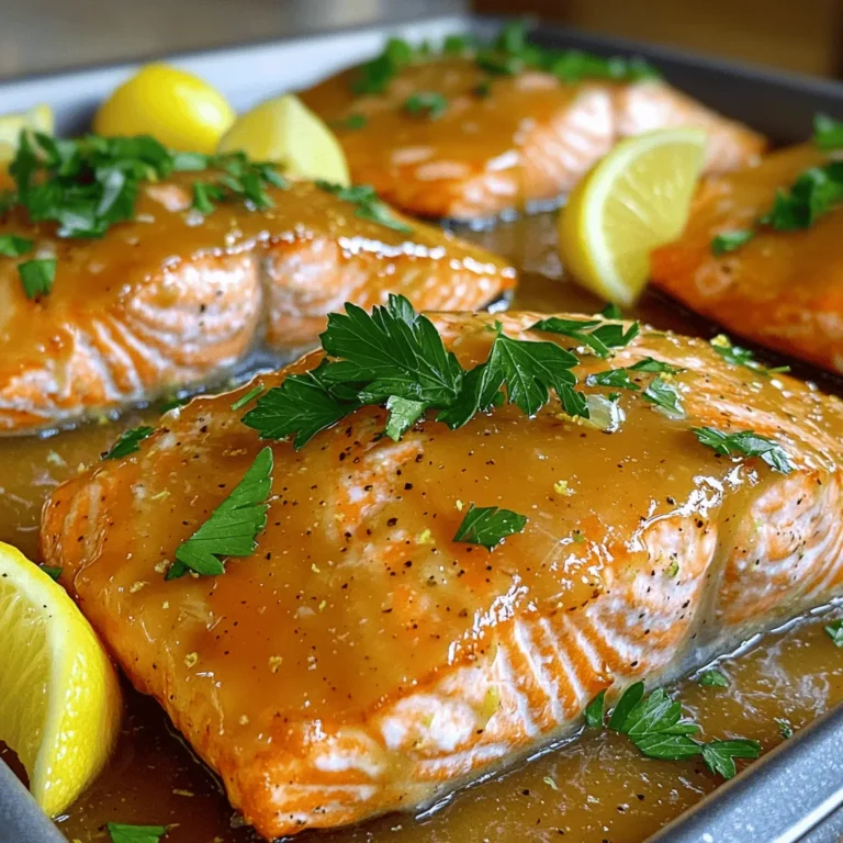 - 4 salmon fillets (6 oz each) - 1/4 cup pure maple syrup - 2 tablespoons Dijon mustard - 2 tablespoons soy sauce (low-sodium) - 1 tablespoon olive oil - 2 cloves garlic, minced - 1 teaspoon fresh ginger, grated - Salt and pepper to taste - Lemon wedges and fresh parsley for garnish When you make Maple Dijon Glazed Salmon, you start with fresh salmon fillets. I recommend choosing fillets that are about 6 ounces each. This size cooks well and stays moist. Next, you need pure maple syrup. This syrup gives the dish its sweet and rich flavor. Avoid imitation syrup if you can. It won't taste the same. You will also need Dijon mustard. This mustard adds a nice tang to the glaze. It balances the sweetness of the maple syrup perfectly. Low-sodium soy sauce is key here. It brings umami to the dish without making it too salty. This lets the other flavors shine through. For the additional components, olive oil helps blend the glaze. It also keeps the salmon from sticking to the baking sheet. You will want two cloves of minced garlic and one teaspoon of grated ginger. These add depth and warmth to the glaze. Finally, you will season the salmon with salt and pepper. This simple step enhances all the other flavors. For garnish, lemon wedges and fresh parsley make the dish look great. They also add a fresh touch when serving. - Preheat the oven to 400°F (200°C). - Prepare the baking sheet with parchment paper. This keeps the salmon from sticking. - In a small bowl, whisk together the maple syrup, Dijon mustard, soy sauce, olive oil, minced garlic, and grated ginger. Mix until smooth. This glaze gives the salmon a sweet and tangy flavor. - Place the salmon fillets skin-side down on the prepared baking sheet. Season them with salt and pepper. This step adds flavor right to the fish. - Brush the glaze generously over each salmon fillet. Reserve a small amount for later. The glaze will create a nice shine and flavor. - Bake in the preheated oven for 12-15 minutes. The salmon should flake easily with a fork when done. The glaze gets bubbly and caramelized. - In the final 2 minutes of baking, brush the reserved glaze over the salmon. This adds an extra layer of flavor that everyone will love. To know when your salmon is done, look for a few signs. The fish should change from a bright pink to a lighter, flaky color. You can also gently poke it with a fork. If it flakes easily, it's ready. The best internal temperature for salmon is 145°F (63°C). Use a meat thermometer to check the thickest part of the fillet. This way, you ensure it's safely cooked and juicy. To make your dish even better, try adding herbs and spices. Fresh dill, thyme, or parsley can add a lovely touch. You can also sprinkle a pinch of cumin or paprika for warmth. To balance the sweetness of the maple syrup, add a splash of lemon juice or vinegar. The acidity cuts through the sweetness and brings out the flavors. This balance makes each bite more exciting and delicious. {{image_2}} You can change the ingredients for different tastes. If you don’t have maple syrup, try honey or agave syrup. These sweeteners will still give you a great glaze. For Dijon mustard, you can use whole grain mustard or spicy brown mustard if you want a kick. If you want to switch up the fish, salmon is not your only choice. Trout and tilapia also work well with the glaze. These fish have a nice texture and flavor that will hold up to the sweet and tangy sauce. To add a little heat, sprinkle some chili flakes on top of the salmon before baking. This small change will make your dish exciting! You can also mix in fresh herbs like cilantro or basil to add freshness. Fruits can enhance the dish, too. Try adding orange juice or zest to the glaze. Pineapple chunks can also add a sweet and tropical twist. You can even add slices of these fruits around the salmon while baking. This will create a beautiful and flavorful meal! To keep your Maple Dijon Glazed Salmon fresh, place leftovers in an airtight container. This helps lock in flavor and moisture. You should refrigerate the salmon within two hours of cooking. It stays good in the fridge for up to three days. When you’re ready to eat it, simply reheat in the oven or microwave. If you want to save your glazed salmon for later, freezing is a great option. First, let the salmon cool completely. Then, wrap each fillet tightly in plastic wrap. Place the wrapped salmon in a freezer-safe bag or container. It can last in the freezer for up to three months. When you're ready to enjoy it again, thaw the salmon in the fridge overnight. For the best texture, avoid rapid thawing in hot water or the microwave. Reheat gently to keep it moist and flavorful. Can I use frozen salmon for this recipe? Yes, you can use frozen salmon. Thaw it in the fridge overnight. If you’re short on time, you can run it under cold water for about 30 minutes. Make sure it is fully thawed before cooking. This ensures even cooking and better flavor. What side dishes pair well with Maple Dijon Glazed Salmon? Several sides go well with this dish. Here are some ideas: - Steamed asparagus - Roasted Brussels sprouts - Garlic mashed potatoes - Quinoa salad - Fresh green salad Each of these options complements the sweet and tangy flavor of the salmon. How to tell if salmon is cooked correctly? To check if salmon is cooked, look for its color. It should be opaque and flake easily with a fork. The internal temperature should reach 145°F (63°C). Use a meat thermometer for accuracy. If you check it and it’s still a bit translucent, give it a few more minutes. Can I grill the salmon instead of baking? Absolutely! Grilling adds a nice char and flavor. Heat your grill to medium-high. Place the salmon on a well-oiled grill grate. Cook it for about 6-8 minutes per side. Brush it with the glaze while grilling for extra flavor. Just watch it closely to avoid overcooking. This recipe shows how to prepare Maple Dijon Glazed Salmon easily. I shared the main ingredients and step-by-step instructions to make it tasty. Remember to adjust flavors and try different fish if you want. Storing leftovers follows simple practices for the best taste. You can enjoy this dish in many ways and impress friends or family. Cooking should be fun and rewarding! Experiment to find the perfect balance of flavors for your palate. Now, grab your ingredients and start cooking!