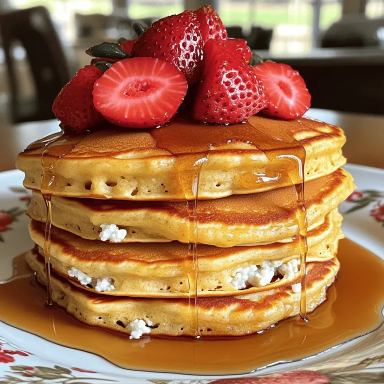 - 1 cup cottage cheese - 1 cup fresh strawberries, chopped - 2 large eggs Cottage cheese adds protein and creaminess. Fresh strawberries bring sweetness and flavor. Eggs help bind the mixture and create fluffiness. - 1 cup all-purpose flour - 1 tablespoon sugar (optional) - 1 teaspoon baking powder All-purpose flour gives structure to the pancakes. Sugar can sweeten the batter, but it’s not a must. Baking powder helps the pancakes rise and become light. - ½ teaspoon baking soda - ½ teaspoon vanilla extract - ½ teaspoon salt Baking soda balances the acidity of the batter. Vanilla extract adds a warm, sweet aroma. Salt enhances all the flavors in the pancakes. First, let’s start by combining the wet ingredients. In a medium bowl, whisk together 1 cup of cottage cheese, 2 large eggs, and ½ teaspoon of vanilla extract. Mix until everything looks smooth. Next, grab another bowl and sift together the dry ingredients. You need 1 cup of all-purpose flour, 1 tablespoon of sugar (if you like it sweet), 1 teaspoon of baking powder, ½ teaspoon of baking soda, and ½ teaspoon of salt. Once you have your dry mix ready, slowly add it to the wet mix. Stir gently until just combined. It’s okay if the mixture is a bit lumpy. Overmixing can make your pancakes tough, and we want them fluffy! Now, it’s time to fold in the star of the show—1 cup of chopped fresh strawberries. This will add sweetness and flavor to your pancakes. Now, let’s heat the skillet! Place a non-stick skillet or griddle over medium heat. Add a little olive oil or melted butter to prevent sticking. Once it’s hot, pour ¼ cup of batter onto the skillet for each pancake. Cook until small bubbles form on the surface, which should take about 2-3 minutes. Once you see those bubbles, flip the pancakes. Cook for another 2-3 minutes until they turn golden brown. Repeat this process with the rest of the batter. If needed, add more oil or butter to the skillet. These pancakes are best served warm. Drizzle with maple syrup for sweetness and top with extra strawberries for a fresh touch. You could also add whipped cream or yogurt if you like. Serve them with a side of bacon or eggs for a complete breakfast. Enjoy every bite! To make great pancakes, avoid overmixing the batter. Mix until just combined. The batter should be a bit lumpy. This keeps the pancakes fluffy. For the right consistency, focus on your ingredients. Use one cup of cottage cheese and one cup of flour. This balance helps the pancakes hold together. You can add spices to boost flavor. A pinch of cinnamon or nutmeg can make a big difference. They add warmth and depth to your pancakes. If you prefer a sweeter taste, try different sweeteners. Honey or maple syrup can replace sugar. They add a nice touch to the pancakes. Deciding between a skillet or a griddle is key. A skillet works well for small batches. A griddle is great for cooking many pancakes at once. Control the temperature while cooking. Medium heat is best. Too high can burn the pancakes before they cook through. Look for small bubbles to know when to flip them. {{image_2}} You can change up the fruit in these pancakes. If you love blueberries, use them instead of strawberries. They add a sweet and tangy taste. Just fold in a cup of fresh blueberries into the batter. You can also try bananas. Slice one ripe banana and mix it in. The pancakes will be sweet and creamy. If you need gluten-free options, swap the all-purpose flour for a gluten-free blend. This will keep the pancakes fluffy and tasty. For a dairy-free alternative, use almond or soy yogurt instead of cottage cheese. It gives a nice texture without the dairy. Want a twist? Add chocolate chips for a sweet treat. Just sprinkle a handful into the batter before cooking. Nut butters are another great option. Spread peanut or almond butter on top of the pancakes. This adds a rich, nutty flavor that pairs well with syrup. To store leftovers, let the pancakes cool. Place them in an airtight container. Make sure to separate layers with parchment paper. This keeps them from sticking. Store them in the fridge for up to three days. Freezing pancakes is easy. First, cool them completely. Then, stack pancakes with parchment paper in between. Place the stack in a freezer bag. Squeeze out air before sealing. You can freeze them for up to two months. For the best flavor, reheat pancakes in the toaster or oven. To use the oven, preheat it to 350°F (175°C). Place pancakes on a baking sheet for about 10 minutes. If you prefer the microwave, heat them for 20-30 seconds. This keeps them soft and warm. Enjoy them with fresh syrup or extra strawberries! Yes, you can use frozen strawberries. They will soften during cooking. This changes the texture a bit. Fresh strawberries give a firmer bite. For flavor, the difference is minor. I suggest thawing the frozen ones first. Drain any extra juice to avoid soggy pancakes. You can make these pancakes healthier with simple swaps. Try using whole wheat flour instead of all-purpose flour. This adds fiber. You can also cut the sugar or leave it out. Use Greek yogurt instead of some cottage cheese. This gives a protein boost. Lastly, consider using a sugar substitute, like honey or maple syrup, for sweetness. These pancakes taste great with many toppings. Maple syrup is a classic choice. Fresh strawberries on top add brightness. You could also sprinkle some nuts for crunch. Yogurt makes a creamy addition. Try serving with a side of scrambled eggs for extra protein. A fruit salad pairs nicely too! This article detailed how to make delicious cottage cheese strawberry pancakes. We explored main and dry ingredients, flavor enhancers, and essential cooking steps. I shared tips to perfect your pancakes and offered variations to suit different diets. Storing and reheating methods help preserve their flavor. Enjoy experimenting with these pancakes. You can customize them to suit your taste! Happy cooking!