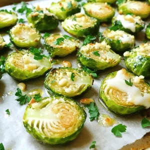 - 1 pound Brussels sprouts, trimmed and halved - 4 cloves garlic, minced - 3 tablespoons olive oil - 1 teaspoon salt - ½ teaspoon black pepper - 1 teaspoon red pepper flakes (optional for heat) - ¼ cup grated Parmesan cheese - 1 tablespoon fresh lemon juice - 2 tablespoons fresh parsley, chopped (for garnish) If you want to switch things up, you can use green beans instead of Brussels sprouts. They roast well and add a fresh taste. For cheese lovers who prefer a vegan option, try using cashew cheese or nutritional yeast for a similar flavor. Using fresh ingredients is crucial for the best taste. Fresh Brussels sprouts will have a bright, crisp flavor. Also, when picking Parmesan cheese, choose a high-quality block. Grate it yourself for better flavor and texture. Pre-grated cheese often lacks the rich taste that fresh cheese brings. 1. Preheat the oven and prepare the baking sheet. First, set your oven to 425°F (220°C). This high heat helps the Brussels sprouts get nice and crispy. Line a baking sheet with parchment paper for easy cleanup. 2. Mix ingredients in a large bowl. In a big bowl, add the halved Brussels sprouts, minced garlic, and olive oil. Sprinkle in the salt, black pepper, and red pepper flakes if you like some heat. Toss everything well. You want the Brussels sprouts to be evenly coated. 1. Spreading Brussels sprouts on the baking sheet. Pour the coated Brussels sprouts onto your baking sheet. Make sure they are in a single layer. Cut sides should face down. This helps them caramelize better and adds flavor. 2. Cooking times and temperature guidelines. Place the baking sheet in the oven and roast the Brussels sprouts for 20-25 minutes. Halfway through, give them a toss. This ensures they cook evenly and get that great crispy texture. 1. Adding Parmesan cheese and lemon juice. In the last 5 minutes of cooking, sprinkle the grated Parmesan cheese over the sprouts. This will melt and create a delicious crust. When you take them out of the oven, drizzle fresh lemon juice on top. This adds brightness to the dish. 2. Serving suggestions. Garnish your Brussels sprouts with chopped fresh parsley before serving. They make a great side dish or a tasty snack. Enjoy the crispy, cheesy goodness! How to achieve crispiness To get that perfect crunch, start by cutting the Brussels sprouts in half. This gives them a nice flat side to caramelize. Use high heat, like 425°F (220°C), to roast them. This helps them get crispy. A single layer on the baking sheet is key. If they pile up, they will steam, not roast. Toss them halfway to ensure even cooking. Roasting vs. steaming Roasting brings out the natural sweetness in Brussels sprouts. The high heat makes them golden and crispy. Steaming keeps them soft and tender but lacks that great flavor. For this dish, roasting is the way to go. You want those edges to crisp up and create a delicious texture. Adding herbs or spices You can boost the flavor with herbs. Try adding thyme or rosemary. They pair well with Brussels sprouts. If you want some heat, sprinkle in red pepper flakes. This adds a nice kick without overpowering the dish. Customizing with additional toppings Want to make it extra special? Top your roasted sprouts with crispy bacon or toasted nuts. Both add a lovely crunch. You can also drizzle balsamic glaze for a sweet touch. Don’t be afraid to mix and match toppings. This is your chance to get creative! Overcrowding the pan Avoid placing too many sprouts on the baking sheet. This causes them to steam rather than roast. Leave space between each sprout. They need room to breathe and develop that crispy texture. Not using enough oil Oil is essential for great flavor and crispiness. Use enough olive oil to coat all the sprouts. If they look dry, add a bit more. This helps achieve the golden-brown finish that makes these Brussels sprouts shine. {{image_2}} For your Garlic Parmesan Roasted Brussels Sprouts, you can swap cheeses for extra flavor. Try using Asiago or Pecorino Romano for a sharper taste. Both cheeses melt well and add a unique twist. If you want protein, crisp up some bacon. Chop it into small pieces and mix it in with the Brussels sprouts. The salty, smoky flavor of bacon pairs perfectly with the garlic and Parmesan. You can also change the flavor profile easily. For a sweet touch, drizzle balsamic glaze over the sprouts before serving. This adds a lovely balance to the savory tastes. If you want to go Mediterranean, toss in some kalamata olives and crumbled feta cheese. This combination brightens the dish and makes it more vibrant. Don’t be afraid to add other veggies for seasonal flair. Carrots, sweet potatoes, or even cauliflower can make great additions. Just cut them into similar sizes to ensure even cooking. If you’re cooking for a holiday, think about adding some festive spices like nutmeg or cinnamon. These flavors can elevate your dish for special occasions, making it both comforting and memorable. To keep your Garlic Parmesan Roasted Brussels Sprouts fresh, store them in an airtight container. Let them cool before sealing. This keeps moisture out and helps maintain their crispiness. Glass or plastic containers work well. Use a container that fits your leftovers snugly to avoid air pockets. The best way to reheat Brussels sprouts is in the oven. Preheat the oven to 350°F (175°C). Spread the sprouts on a baking sheet and bake for about 10-15 minutes. This method keeps them crispy. You can also reheat them in a skillet over medium heat. This adds a nice crunch. If you want to improve the texture, add a splash of olive oil before reheating. This will help restore their original flavor and crispiness. You can freeze Brussels sprouts, but it’s best to freeze them before roasting. To freeze, blanch them in boiling water for 3 minutes. Then, transfer them to an ice bath to stop the cooking. Once cooled, drain and pat dry. Place them in a freezer bag and remove as much air as possible. To thaw frozen Brussels sprouts, place them in the fridge overnight. To reheat, follow the oven method or sauté them in a skillet. Cooking Garlic Parmesan Roasted Brussels Sprouts takes about 35 minutes total. You will spend 10 minutes prepping the ingredients and 25 minutes roasting them. Preheat your oven to 425°F (220°C) before you begin. This high heat helps the Brussels sprouts get crispy and brown. Yes, you can prepare these Brussels sprouts ahead of time. You can wash and trim them a day before. Just keep them in the fridge in a sealed container. When you're ready to cook, toss them with the garlic and oil, then roast as directed. This makes meal prep easy and quick! These sprouts pair well with many dishes. Serve them alongside roasted chicken or grilled fish. They also go great with a hearty grain salad or a creamy pasta. Their rich flavor will enhance your meal nicely. For the full recipe with detailed steps and tips, check out the complete Garlic Parmesan Roasted Brussels Sprouts recipe. This will guide you through each step to achieve the perfect dish! This blog post shared a tasty recipe for Garlic Parmesan Roasted Brussels Sprouts. You learned about key ingredients, tips for perfecting the dish, and how to store leftovers. The recipe is flexible, allowing for swaps and variations to fit your taste. Always use fresh ingredients for the best flavor. Remember, cooking is fun, so experiment and enjoy the process. You can create a delicious dish that impresses your family or guests. Now, get cooking and savor every bite!