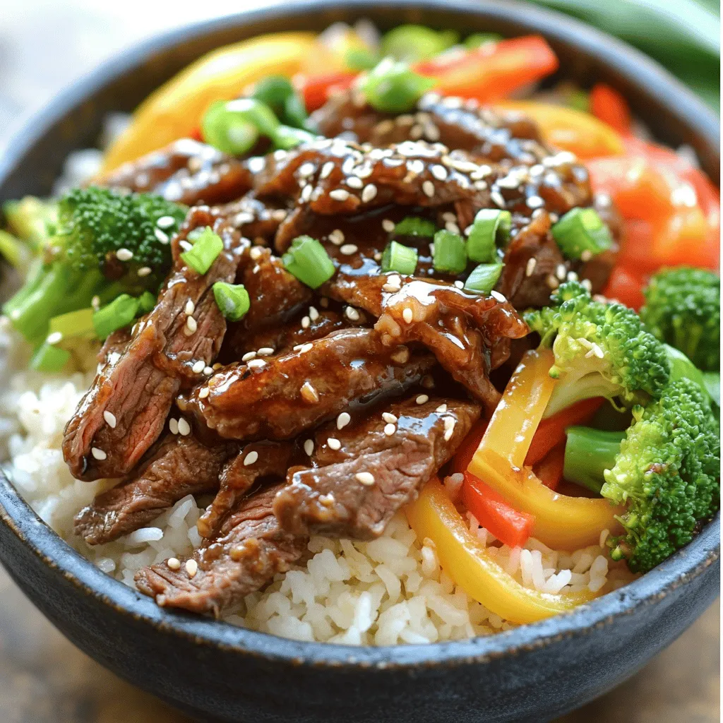 - 1 pound flank steak, thinly sliced against the grain - 1/4 cup soy sauce (low sodium) - 2 tablespoons brown sugar - 2 cloves garlic, minced - 1 tablespoon ginger, minced - 1 tablespoon sesame oil - 1 teaspoon red pepper flakes (adjust to taste) - 2 cups cooked rice (white, brown, or jasmine) - 1 cup broccoli florets - 1 bell pepper, sliced (red or green) - 1 carrot, julienned - 2 green onions, sliced - Sesame seeds for garnish The flank steak is the star of this dish. It’s tender and full of flavor. The marinade combines soy sauce, brown sugar, garlic, ginger, sesame oil, and red pepper flakes. This mix gives the beef a sweet and savory taste with just the right kick. You’ll also need fresh veggies. Broccoli, bell pepper, and carrot add color and crunch. They balance the richness of the beef. Green onions and sesame seeds are great for garnishing. They add a nice touch and extra flavor. - Kimchi for serving - Variations on rice types Kimchi can bring a spicy and tangy twist to your meal. It’s a great side that pairs well with the beef bowls. You can try different types of rice too. White rice is classic, but brown or jasmine rice also works well. This lets you customize your dish to your taste. With these ingredients, you get a balanced bowl of flavor and texture. Each bite is better than takeout! To start, you'll mix the marinade ingredients in a bowl. You'll need: - 1/4 cup soy sauce - 2 tablespoons brown sugar - 2 cloves garlic, minced - 1 tablespoon ginger, minced - 1 tablespoon sesame oil - 1 teaspoon red pepper flakes Whisk these together until smooth. Next, add 1 pound of thinly sliced flank steak. Make sure each slice gets covered with the marinade. Cover the bowl with plastic wrap. Let it sit in the fridge for at least 30 minutes. The longer you marinate, the more flavor it absorbs. For the vegetables, you can use a skillet or a wok. I recommend a wok for better heat distribution. Heat a tablespoon of sesame oil over medium-high heat. Add: - 1 cup broccoli florets - 1 bell pepper, sliced - 1 carrot, julienned Stir-fry these for about 5-7 minutes. You want them tender but still crisp. Look for vibrant colors. Once done, remove them from the heat and set aside. Next, use the same skillet or wok for the beef. Add the marinated flank steak directly to the hot pan. Stir-fry for about 3-5 minutes. You want it browned but not overcooked. To check doneness, look for a deep brown color and a slight firmness. When the beef is ready, return the cooked vegetables to the pan. Toss everything together gently. Heat through for an additional 1-2 minutes. This ensures that all the flavors meld together nicely. Now it's time to serve! Start with a generous scoop of cooked rice in each bowl. Top it with the beef and vegetable mixture. For a nice touch, garnish with sliced green onions and sesame seeds. If you like, add some kimchi on the side. It adds a great kick and completes the dish. When picking flank steak, look for meat that is bright red. It should have some fat, but not too much. Fresh meat feels firm and moist, not slimy. If you can, ask the butcher for a good cut. You can also try other cuts like sirloin or ribeye if flank steak is not available. To make your dish pop, add spices like black pepper or garlic powder. You can also drizzle some extra sesame oil on top before serving. For a deeper flavor, try marinating your steak longer, up to two hours. Some people love adding a splash of rice vinegar to the marinade for a tangy kick. If you want to feed more people, just double the ingredients. For fewer servings, cut the amounts in half. Leftovers are great for lunch the next day. You can freeze any extra beef or veggies in airtight bags. Just remember to label them with the date. To reheat, use a skillet over low heat to keep everything juicy. {{image_2}} If you want a meat-free meal, try these substitutes for beef and sauces: - Use tempeh or tofu instead of flank steak. - Replace soy sauce with tamari for a gluten-free option. - Use maple syrup instead of brown sugar for a vegan touch. For a veggie-packed bowl, add: - Zucchini, sliced into half-moons. - Mushrooms for a meaty texture. - Spinach or kale for added nutrients. You can swap out rice for other grains and options: - Quinoa offers protein and a nutty flavor. - Cauliflower rice is low-carb and light. - Brown rice adds fiber and a chewy texture. Tips for cooking different types of rice: - Rinse rice before cooking to remove excess starch. - Use a 1:2 ratio of rice to water for white rice. - For brown rice, use a 1:2.5 ratio and cook longer. Korean BBQ has many styles. Here are a few to explore: - Try using gochujang, a Korean red chili paste, for heat. - Add kimchi to your bowl for a classic touch. - Mix in BBQ sauce from other cuisines for a fun twist. You can create a fusion dish by adding: - Teriyaki sauce for a sweet, savory blend. - Thai basil for a fresh flavor kick. - Cilantro for a bright finish. To keep your Korean BBQ beef bowls fresh, store leftovers in an airtight container. Make sure to cool them to room temperature before sealing. This helps prevent bacteria. Keep your fridge temperature at 40°F or lower. Leftovers should be eaten within 3 to 4 days for the best taste. You can freeze your Korean BBQ beef bowls for later. Place the beef and veggies in a freezer-safe container. Add rice separately to keep it fresh. These bowls can last up to 3 months in the freezer. To use, thaw overnight in the fridge. Reheat in a skillet over low heat, stirring often, until warmed through. Each part of the dish lasts a different time. Cooked beef and veggies last about 3 to 4 days in the fridge. Cooked rice can last up to a week. Watch for signs of spoilage. If the beef smells off or has a slimy texture, it's time to toss it. Yes, you can! If flank steak is not available, try using sirloin or ribeye. Both cuts work well in this dish. They are tender and cook quickly, just like flank steak. For a leaner option, consider using tenderloin. Just remember, each cut may change the flavor slightly. If you need a soy sauce substitute, try tamari for a gluten-free option. Coconut aminos is another great choice that is soy-free. If you want a low-sodium option, look for reduced-sodium soy sauce. These alternatives keep the flavor while meeting your dietary needs. To make it spicier, add more red pepper flakes or even some sriracha. You can also use fresh chili peppers for a kick. If you prefer a milder taste, reduce the amount of red pepper flakes. You can also omit them entirely if you want a sweeter flavor. Yes, this recipe can be made gluten-free. Simply use tamari or coconut aminos instead of soy sauce. Make sure to check your rice and any other ingredients for gluten. With these simple swaps, you can enjoy a tasty bowl without gluten. Korean BBQ beef bowls are a great meal option. We learned about the main ingredients like flank steak and vegetables. Marinating the beef gives it flavor, while cooking techniques ensure perfect doneness. You can customize this dish by choosing rice types or adding kimchi. Remember to store leftovers properly for later enjoyment. This meal is versatile, easy to make, and a hit at any gathering. Enjoy experimenting with flavors, and make it your own!