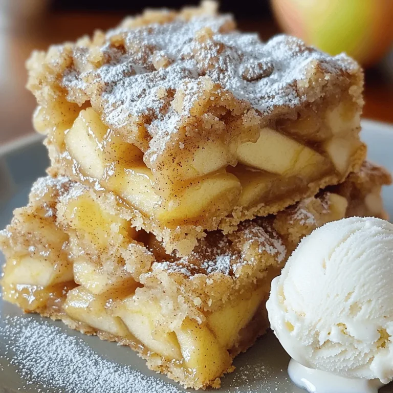 To make Brown Sugar Cinnamon Apple Pie Bars, gather these items: - 2 cups all-purpose flour - 1/2 cup brown sugar, packed - 1/2 cup granulated sugar - 1/2 cup unsalted butter, melted - 1 teaspoon baking powder - 1/2 teaspoon baking soda - 1/4 teaspoon salt - 1 large egg - 2 teaspoons vanilla extract - 3 medium-sized apples, peeled, cored, and diced (about 3 cups) - 1 tablespoon lemon juice - 1 tablespoon ground cinnamon - 1 tablespoon cornstarch You can easily switch some ingredients if needed. For flour, use gluten-free flour for a gluten-free option. You can replace brown sugar with coconut sugar for a healthier choice. If you want less sugar, use less granulated sugar. For eggs, try flaxseed meal mixed with water as an egg replacement. Finally, use any tart apples like Granny Smith or Honeycrisp if you can't find the ones listed. To bake these delicious bars, you will need: - A 9x9-inch baking pan - Mixing bowls for dry and wet ingredients - A spatula or wooden spoon for mixing - Parchment paper for easy removal - An oven to bake your bars Having these tools ready will make your baking fun and easy! First, preheat your oven to 350°F (175°C). This step is key for even baking. Next, grease a 9x9-inch baking pan. You can also line it with parchment paper. This makes it easy to lift out the bars later. In a medium bowl, mix the dry ingredients. Combine 2 cups of flour, 1/2 cup brown sugar, 1/2 cup granulated sugar, 1 teaspoon baking powder, 1/2 teaspoon baking soda, and 1/4 teaspoon salt. Stir well to blend. Then, add 1/2 cup melted unsalted butter, 1 large egg, and 2 teaspoons vanilla extract. Mix until the dough is soft and smooth. Press about two-thirds of the dough into the bottom of the pan. This creates a nice base for your bars. In another bowl, take 3 medium-sized apples, peeled, cored, and diced. Toss them with 1 tablespoon lemon juice, 1 tablespoon ground cinnamon, and 1 tablespoon cornstarch. Make sure the apples are well coated. Spread this apple mixture evenly over the dough layer in the pan. Crumble the remaining dough over the top. Now, it’s time to bake! Place the pan in the oven and bake for 25-30 minutes. The top should turn golden brown, and the apples need to be tender. Once done, let the bars cool in the pan for about 15 minutes. Then, lift them out using the parchment paper. Cut into squares, and enjoy your delicious creation! For the best texture in your Brown Sugar Cinnamon Apple Pie Bars, start with cold butter. This helps create a flaky crust. Use a gentle touch when mixing the dough. Don't overwork it; you want it soft and slightly crumbly. Press the dough firmly into the pan, but do not pack it too tightly. This keeps the crust tender. To boost flavor, try adding a pinch of nutmeg with the cinnamon. This adds warmth and depth. You can also mix in a splash of apple cider for a fruity twist. For a fun surprise, fold in some chopped nuts or dried cranberries with the apples. These add texture and extra taste. One common mistake is using overripe apples. Choose firm apples for the best bite. Another mistake is not measuring ingredients accurately. Use measuring cups and spoons for exact amounts. Also, don’t skip the cornstarch; it thickens the apple filling and prevents a soggy bottom. Finally, allow the bars to cool completely before cutting. This helps them hold their shape. {{image_2}} You can make these bars more fun by adding nuts or dried fruits. Walnuts or pecans add a nice crunch. Just chop them up and mix them in with the apples. If you like sweetness, try adding raisins or dried cranberries. They pair well with cinnamon and apples. You don’t have to stick with just one type of apple. Different apples bring different flavors. For a tart taste, use Granny Smith apples. For a sweeter option, Honeycrisp or Fuji apples work well. You can even mix different kinds for a layered flavor experience. If you need a gluten-free version, it is easy to switch the flour. Use a gluten-free all-purpose blend instead of regular flour. Make sure your baking powder is gluten-free too. This way, everyone can enjoy the sweet, cinnamon flavor of these bars without worry. After you bake the bars, let them cool. Once cooled, place them in a tight container. Use parchment paper to separate layers if you stack them. This helps keep them fresh. Store the bars at room temperature for up to three days. If you want them to last longer, store them in the fridge for about a week. You can freeze these tasty bars too. First, cool them completely. Then, cut them into squares. Wrap each square in plastic wrap. Place the wrapped bars in a freezer bag or container. They will stay fresh for up to three months. When you're ready to eat them, take out as many as you want! To reheat, take a bar from the fridge or freezer. If it's frozen, let it thaw in the fridge overnight. For a warm treat, place the bar on a microwave-safe plate. Heat it for about 15-20 seconds in the microwave. You can also warm it in the oven. Set the oven to 350°F (175°C) and heat for about 5-10 minutes. Enjoy the gooey goodness! Yes, you can try different sugars. Brown sugar gives a rich flavor. White sugar adds sweetness without extra taste. You can mix them too. Just keep the same amounts. Look for a golden brown top. You can also poke a bar with a toothpick. If it comes out clean, they are done. Apples should feel tender but not mushy. Yes, you can make the dough in advance. Wrap it tightly and chill in the fridge. This helps the flavors blend. I suggest using it within two days for best results. You can serve these bars warm or cold. Dust with powdered sugar for a sweet touch. Add whipped cream or ice cream for extra delight. Pair with a cup of coffee for a perfect treat! This blog post covered key ingredients, step-by-step instructions, and helpful tips for making delicious bars. You learned about possible ingredient swaps and special tools you need. I shared ways to enhance flavor and avoid common mistakes. There are many fun variations to try, including adding nuts or making a gluten-free option. Finally, I provided storage tips to keep your bars fresh. Enjoy creating your own unique bars and don’t hesitate to experiment! The right ingredients and methods can take your baking to the next level.