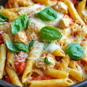To make One-Pot Chicken Parmesan Pasta, gather these ingredients: - 2 boneless, skinless chicken breasts, diced - 2 tablespoons olive oil - 3 cloves garlic, minced - 1 teaspoon Italian seasoning - 1/2 teaspoon red pepper flakes (optional) - 4 cups low-sodium chicken broth - 8 ounces penne pasta - 1 can (15 ounces) crushed tomatoes - 1 cup shredded mozzarella cheese - 1/2 cup grated Parmesan cheese - Fresh basil leaves for garnish - Salt and pepper to taste For the best taste, I recommend using high-quality ingredients: - Chicken: Look for organic, free-range chicken for better flavor. - Olive Oil: Use extra virgin olive oil for a rich taste. - Pasta: Barilla or De Cecco brands work well for penne. - Cheese: Freshly grated Parmesan and mozzarella melt better than pre-shredded versions. - Broth: Swanson or Pacific Foods make great low-sodium chicken broth. You can swap some ingredients if needed: - Chicken: Use turkey or tofu for a different protein. - Pasta: Any short pasta, like rigatoni or farfalle, fits well. - Cheese: Try provolone or gouda if you want a twist. - Broth: Vegetable broth is a good option for a lighter dish. - Tomatoes: Diced tomatoes can replace crushed ones if that’s what you have. These easy swaps help you enjoy this dish even if you run low on some items. To make One-Pot Chicken Parmesan Pasta, start with a large pot. Heat 2 tablespoons of olive oil over medium heat. Add 2 diced chicken breasts and season them with salt, pepper, and 1 teaspoon of Italian seasoning. If you like heat, add 1/2 teaspoon of red pepper flakes. Cook the chicken for 5 to 7 minutes until it's golden and cooked through. Next, add 3 minced garlic cloves and sauté for 1 minute. This will give your dish a nice aroma. Now, pour in 4 cups of low-sodium chicken broth and bring it to a simmer. Stir in 8 ounces of penne pasta and 1 can (15 ounces) of crushed tomatoes. Cover the pot and let it cook for 12 to 15 minutes. Stir it occasionally to prevent sticking. When the pasta is al dente, remove the pot from heat. Add 1 cup of shredded mozzarella cheese and 1/2 cup of grated Parmesan cheese. Stir until they melt and blend in nicely. Let the dish sit for a few minutes to thicken. To ensure your chicken turns out great, cut it into small, even pieces. This helps it cook evenly. Always season the chicken well. Salt and pepper are key to enhancing its natural flavor. Don't rush the browning process; let it take its time. This adds a nice texture and depth of flavor. Use a meat thermometer if you want to be sure the chicken is fully cooked. It should reach 165°F. For perfect pasta, use penne pasta as it holds sauce well. Stir the pasta often while it cooks. This keeps it from clumping together. Make sure to follow the cooking time on the package, but start checking for doneness a minute or two early. You want it to be firm, or al dente. If you overcook it, the pasta will become mushy. If needed, save a bit of pasta water to adjust the sauce later. This will help keep your dish creamy and delicious. To boost flavor, add fresh herbs like basil and parsley. You can also try using fresh garlic instead of minced. A splash of lemon juice will brighten the dish too. If you like heat, add more red pepper flakes. For a richer taste, use homemade chicken broth. Mixing in a bit of white wine before adding the broth can add depth. One big mistake is overcooking the chicken. It should be juicy, not dry. Stirring the pasta too much can break it. Let it sit for a moment before stirring. Also, don’t skip the cheese. It makes the dish creamy and rich. Lastly, avoid cooking the pasta too long. It should be al dente for the best texture. To make your dish pop, serve it in a shallow bowl. Sprinkle extra grated Parmesan on top. Add fresh basil leaves for color. A drizzle of olive oil can also enhance the look. For a fun twist, use colorful pasta. This adds visual interest to the meal. Serve with a side salad for a complete dinner. {{image_2}} You can make this dish vegetarian by swapping the chicken for vegetables. Use diced zucchini, bell peppers, or mushrooms. Sauté them in olive oil until tender. You can also add chickpeas for protein. This keeps the meal hearty and satisfying without meat. Penne works great, but you can try other pasta shapes. Fusilli, farfalle, or rigatoni are tasty alternatives. Just remember to adjust the cooking time. Thin pasta may cook faster, while thicker pasta may need more time. Make sure to stir it occasionally for even cooking. If you want to use different proteins, try shrimp or turkey. Shrimp cooks quickly and adds a nice flavor. Turkey is a lean option that pairs well with the sauce. You can also use cooked sausage for a richer taste. Just make sure to adjust cooking times based on the protein you choose. To keep your One-Pot Chicken Parmesan Pasta fresh, cool it down first. Use an airtight container to store it in the fridge. It will stay good for about 3-4 days. Always label the container with the date to keep track. If you have a lot left, consider dividing it into smaller portions for easy meals later. When you are ready to eat the leftovers, take them out of the fridge. You can reheat in the microwave or on the stove. If using the microwave, heat for 1-2 minutes, stirring halfway. On the stove, add a splash of chicken broth to prevent sticking and heat over low until warm. Make sure it is hot all the way through before serving. If you want to save some for later, freezing is a great option. Let the pasta cool completely before freezing. Place it in a freezer-safe container or bag. Try to remove as much air as possible to avoid freezer burn. This dish can last in the freezer for up to 2 months. When ready to enjoy, thaw it in the fridge overnight before reheating. Yes, you can use different cheeses. If you want a sharper flavor, try using aged cheddar or provolone. You can also mix cheeses for a unique taste. Just remember that mozzarella gives that classic stretch. Parmesan adds a nice salty touch. Feel free to experiment based on your taste. To make this dish gluten-free, switch the penne pasta for gluten-free pasta. Many brands offer great options that cook well. Also, check the chicken broth label to ensure it is gluten-free. This way, you can enjoy the same rich flavors while avoiding gluten. Using crushed tomatoes adds depth to the sauce. They break down and blend well with the pasta. If you don’t have crushed tomatoes, you can use diced tomatoes instead. Just chop them smaller. This keeps the sauce thick and flavorful, so you won’t lose that great taste! This blog post covered essential ingredients and tips for great cooking. We explored ingredient lists, cooking steps, and tricks to boost flavor. You learned key variations, storage methods, and common questions answered. Cooking is fun and rewarding. With practice, you can create meals that impress. Use these tips to enjoy your time in the kitchen and make tasty dishes every time. Happy cooking!
