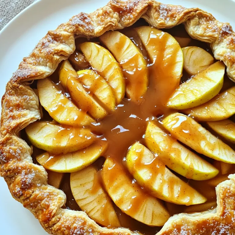 To make a tasty caramel apple galette, you need some simple ingredients: - 2 medium apples, peeled and sliced - 1 tablespoon lemon juice - 1/4 cup granulated sugar - 1/4 teaspoon ground cinnamon - 1/4 teaspoon nutmeg - 1 pre-made pie crust (or homemade if you like) - 1/4 cup caramel sauce, plus extra for drizzling - 1 tablespoon unsalted butter, cut into small pieces - 1 egg, beaten (for egg wash) - Coarse sugar for sprinkling (optional) These ingredients mix together to create a sweet and crunchy dessert. The apples give it a fresh taste while the caramel adds rich sweetness. The type of apples you choose matters a lot. I love using Granny Smith apples. They bring a nice tart flavor which balances the sweet caramel. Honeycrisp apples are also great. They are sweet and have a crisp bite. You can mix different kinds of apples for more depth in flavor. Want to add a twist? You can try these optional ingredients: - A pinch of salt to enhance the sweetness - Chopped nuts like pecans or walnuts for crunch - A splash of vanilla extract for warmth - Dried fruits like raisins or cranberries for a chewy texture These extra ingredients can make your galette even more special. Feel free to experiment and find your favorite combination! Start by preheating your oven to 400°F (200°C). This step is key for a crispy crust. While the oven heats, line a baking sheet with parchment paper. This keeps your galette from sticking. Next, peel and slice two medium apples, like Granny Smith or Honeycrisp. In a bowl, mix the apple slices with one tablespoon of lemon juice. Add 1/4 cup of granulated sugar, 1/4 teaspoon of ground cinnamon, and 1/4 teaspoon of nutmeg. Toss well and let the apples sit for about 10 minutes to absorb the flavors. On a floured surface, roll out your pie crust into a rough 12-inch circle. If you use a store-bought crust, it saves time. Carefully transfer the crust to the lined baking sheet. In the center of the crust, place your apple mixture, leaving a 2-inch border around the edge. Drizzle 1/4 cup of caramel sauce over the apples, adding sweet richness. Then, dot the filling with small pieces of unsalted butter. This adds a nice flavor as it bakes. Now, fold the edges of the crust over the apples. Create gentle pleats for that rustic look. Brush the exposed crust with a beaten egg to give it a golden shine. If you like, sprinkle coarse sugar over the crust for extra sparkle. Now, pop the galette into your preheated oven. Bake it for 25-30 minutes until the crust turns golden brown. The apples should also be tender and juicy. Once it’s done, remove it from the oven. Drizzle some extra caramel sauce over the warm galette for a delicious finish. Let it cool for a few minutes before serving. This galette is simple yet so tasty! When picking apples, you want crisp ones. I love using Granny Smith or Honeycrisp. These apples add a nice tartness. They hold their shape well when baked. Avoid soft apples like Red Delicious. They can turn mushy in the oven. Look for firm apples with bright skin. Freshness matters, so buy from local farms if you can. A flaky pie crust makes all the difference. Start with cold ingredients. Keep your butter and water very cold. This helps create steam as it bakes. When mixing, handle the dough gently. Overworking it can make it tough. Roll it out on a floured surface to avoid sticking. If you want extra flakiness, try using half butter and half shortening. Serve your galette warm for the best taste. A scoop of vanilla ice cream goes perfectly with it. You can also drizzle more caramel sauce on top. If you like, sprinkle some sea salt for a sweet-salty mix. A dollop of whipped cream adds a nice touch, too. Enjoy it with a cup of hot cider or tea for a cozy treat. {{image_2}} You can change up the flavors by using different fruits. Pears work well; they add a sweet touch. You can also mix apples with berries. Try blueberries or raspberries for a tart twist. Stone fruits like peaches or plums can add a juicy flavor. Just make sure to adjust the sugar based on the fruit's sweetness. For a gluten-free galette, use a gluten-free pie crust. Many brands offer ready-made options. You can also make your own with gluten-free flour. If you want a vegan version, skip the egg wash. Brush the crust with a plant-based milk instead. This still gives it a nice color while keeping it vegan. To enhance the taste, try adding spices like ginger or cloves. They can bring warmth to the galette. You might also add a splash of vanilla extract to the apples. For extra richness, consider adding nuts like walnuts or pecans. They add crunch and depth. You can even drizzle some balsamic reduction on top for a unique twist. To store your caramel apple galette, let it cool completely. Place it in an airtight container. You can also cover it with plastic wrap. Keep it in the fridge for up to three days. The crust may soften a bit, but it will still taste great. To reheat the galette, preheat your oven to 350°F (175°C). Place the galette on a baking sheet. Heat it for about 10-15 minutes. This keeps the crust crispy and warms the apples. Avoid using the microwave, as it can make the crust soggy. If you want to freeze the galette, let it cool first. Wrap it tightly in plastic wrap. Then, place it in a freezer bag or container. You can freeze it for up to three months. To enjoy, thaw it in the fridge overnight and reheat as mentioned above for the best results. A galette is a free-form pie. It has a simple, rustic look. You can fill it with many fruits. The crust is easy to make or buy. This makes galettes a fun choice for home cooks. The best part? They do not need a pie pan. You can shape them by hand. Yes, you can use any type of crust you like. A flaky pie crust works well. You might also try a cookie crust for a sweet twist. Puff pastry gives a light and airy feel. Just make sure it can hold the filling. To keep the crust crisp, follow these tips: - Use a pre-baked crust: This helps set the base. - Add a layer of flour or nuts: Sprinkle this on the crust before adding fruit. - Avoid over-filling: Too much juice can make it wet. - Bake until golden: A well-cooked crust has less chance of being soggy. You can prep the galette ahead of time. Just store it unbaked in the fridge. It is best to bake it fresh for the best texture. If you want to freeze it, wrap it well. You can bake it right from frozen, adding a few extra minutes. You now have all the tools to make a great caramel apple galette. We covered key ingredients, best apple choices, and extra flavor options. I shared step-by-step instructions to guide you through baking. Plus, I offered tips for a flaky crust and pairing ideas. Don’t forget about the fun variations and how to store leftovers. Enjoy this delicious dessert with family and friends. Your galette will impress everyone at the table. Happy baking!