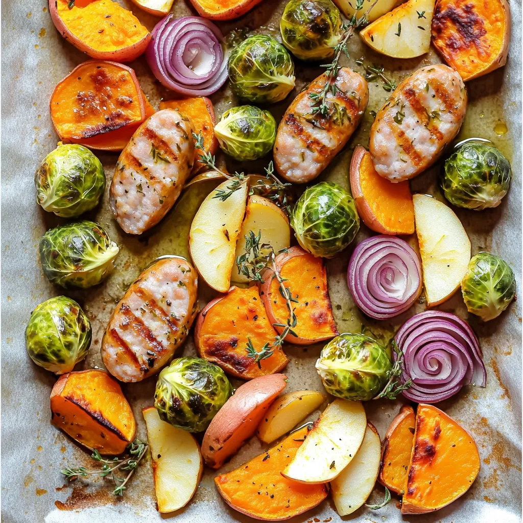 - 1 pound Italian chicken sausage, sliced - 2 cups Brussels sprouts, halved - 2 medium sweet potatoes, diced - 1 red onion, cut into wedges - 1 apple, cored and sliced You can find Italian chicken sausage in most grocery stores. It adds a savory kick to this dish. Brussels sprouts bring a nice crunch and balance the sweetness of the sweet potatoes and apple. Sweet potatoes give a creamy texture when roasted. Red onion adds a touch of sweetness when cooked. Lastly, apple slices add a hint of fall flavor. - 3 tablespoons olive oil - 1 teaspoon dried thyme - 1 teaspoon smoked paprika - Salt and pepper to taste Olive oil helps the sausage and veggies roast nicely. It creates a crisp texture and adds flavor. Dried thyme gives a warm, earthy taste. Smoked paprika adds a smoky depth. Salt and pepper enhance all the other flavors. These seasonings work together to make every bite tasty. - Fresh parsley, chopped Fresh parsley brings a pop of color and freshness. It also adds a nice flavor contrast. I like to sprinkle it on right before serving. This simple step makes your dish look and taste even better! 1. Preheat your oven to 425°F (220°C). This high heat helps cook the sausage and veggies evenly. 2. Line a large baking sheet with parchment paper. This makes cleaning up easy. 3. In a large mixing bowl, combine these ingredients: - 1 pound Italian chicken sausage, sliced - 2 cups Brussels sprouts, halved - 2 medium sweet potatoes, diced - 1 red onion, cut into wedges - 1 apple, cored and sliced - 4 cloves garlic, minced 4. Drizzle 3 tablespoons of olive oil over the mixture. Then, sprinkle in 1 teaspoon each of dried thyme and smoked paprika, plus salt and pepper to taste. 5. Toss everything together until well coated. This step adds flavor to each bite. 6. Spread the mixture in a single layer on your prepared baking sheet. This allows for even cooking. 7. Roast your dish in the preheated oven for 25-30 minutes. Stir halfway through to avoid sticking. The sausage should be cooked, and the veggies should be tender and caramelized. 8. Once finished, remove the sheet pan from the oven. 9. Garnish your dish with fresh chopped parsley before serving. This adds color and a fresh taste. Enjoy your delicious meal! To get the best results, follow a few easy steps. First, cut your veggies into similar sizes. This helps them cook evenly. When you spread the mixture on the baking sheet, make sure it’s in a single layer. This allows the heat to circulate well. Stir the mix halfway through cooking. This helps everything roast evenly and prevents sticking. Caramelization is key for great flavor. To achieve this, roast at a high temperature, around 425°F (220°C). The sugars in the veggies and sausage will brown nicely, giving depth to your dish. Keep an eye on them in the last few minutes. You want a golden, crispy finish. Want to boost the flavor? Try adding some fresh herbs like rosemary or oregano. You can also sprinkle in a bit of red pepper flakes for heat. If you like sweetness, drizzle a little honey on the veggies before roasting. If you don’t have smoked paprika, try regular paprika mixed with a dash of cumin. This gives a nice depth without losing that smoky flavor. You can also use chili powder for a different kick. Peel your sweet potatoes and Brussels sprouts ahead of time. You can store them in the fridge for a few days. This makes prep quick and easy. Using ready-made sausage is another great time-saver. Many brands offer pre-cooked sausage. Just slice and add it to your dish. This cuts down on cooking time and makes the meal even quicker. {{image_2}} For a healthier option, you can choose turkey or plant-based sausage. Turkey sausage has less fat but still packs flavor. Plant-based sausage works well for vegans. It gives a similar taste without using animal products. You can mix in other seasonal veggies. Consider using carrots, parsnips, or butternut squash. They all roast well and add sweetness. When it comes to apples, try Granny Smith for tartness or Honeycrisp for sweetness. Each type of apple changes the dish’s flavor. To switch up flavors, try different herbs like rosemary or oregano. These herbs add a unique twist. You can also add a splash of lemon juice or zest. The citrus brightens the dish and adds freshness. Experiment with spices too, like cumin or coriander, for a whole new taste. Store any leftovers in an airtight container. This helps keep them fresh. Place the container in the fridge. They stay good for up to three days. When you store, separate the sausage from the veggies. This keeps everything from getting mushy. To reheat, you can use an oven or a microwave. If you use the oven, set it to 350°F (175°C). Place the dish on a baking sheet. Heat for about 10 to 15 minutes. This helps keep the sausage crispy. If you use a microwave, cover the dish. Heat in short bursts. Stir each time to help the food heat evenly. To keep veggies from getting soggy, do not cover them tightly. This allows steam to escape. You want them to stay nice and crispy. You can freeze this meal for later use. After cooking, let it cool completely. Then, place it in a freezer-safe container. It can last up to three months in the freezer. When you're ready to eat, thaw it in the fridge overnight. For reheating, use the oven method. This helps maintain the texture. Avoid using a microwave for the entire dish. This can make the veggies mushy. Instead, heat the sausage and veggies separately if needed. Making this dish takes about 40 minutes. You spend 15 minutes prepping the food. Then, roast it for 25 to 30 minutes. This timing keeps the meal quick and easy. Yes, you can use different sausages. Try pork, turkey, or even plant-based sausage. Each type brings its own flavor to the dish. Just make sure to slice them to cook evenly. If you don't have Brussels sprouts, use broccoli or green beans. You can also add carrots or zucchini. These veggies roast well and add great taste. Feel free to mix and match for your favorite flavor. This dish is simple yet full of flavor. We discussed the key ingredients, like Italian chicken sausage, Brussels sprouts, and sweet potatoes. I shared step-by-step cooking instructions to guide you through. You learned useful tips for perfect roasting and how to add your twist. Remember, this meal is flexible for dietary needs and easy to store. You can enjoy it now and later. Cooking should be fun, so experiment with flavors and ingredients! Enjoy your delicious creation!