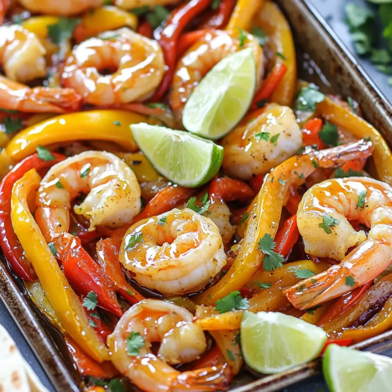 - 1 pound large shrimp, peeled and deveined - 1 red bell pepper, sliced - 1 yellow bell pepper, sliced - 1 red onion, sliced - 3 cloves garlic, minced - 3 tablespoons honey The main ingredients create a colorful and tasty dish. The large shrimp are the star. They soak up all the sweet and savory flavors. The bell peppers and onions add crunch and sweetness. They also make the meal look bright and fun. The minced garlic gives a punch of flavor. Honey adds a lovely sweetness that balances the dish. - 2 tablespoons lime juice - 1 tablespoon olive oil - 1 teaspoon smoked paprika - 1 teaspoon ground cumin - 1/2 teaspoon chili powder - Salt and pepper to taste The seasoning and marinade are key. Lime juice brightens the flavors. Olive oil helps everything blend. Smoked paprika adds a warm, smoky taste. Cumin gives a hint of earthiness. Chili powder adds a bit of heat. Salt and pepper round it all out. Mix these ingredients well with the shrimp for a tasty kick. - Flour or corn tortillas, for serving - Fresh cilantro, for garnish (optional) - Lime wedges, for serving (optional) When it's time to serve, warm up some tortillas. You can choose flour or corn, depending on what you like. The shrimp and veggies go inside the tortillas. Add fresh cilantro for a pop of flavor. Lime wedges on the side add a zesty touch. This meal is fun to eat and perfect for sharing. Start by preheating your oven to 400°F (200°C). This step is crucial. A good oven temperature ensures that your shrimp and veggies cook evenly. An accurate temperature helps to create that perfect texture you want in your fajitas. For the marinade, mix 3 cloves of minced garlic, 3 tablespoons of honey, and 2 tablespoons of lime juice in a bowl. Add 1 tablespoon of olive oil, 1 teaspoon of smoked paprika, and 1 teaspoon of ground cumin. Don’t forget 1/2 teaspoon of chili powder, plus salt and pepper to taste. Toss in 1 pound of shrimp and coat them well. Let this sit for 15 minutes. This short time allows the shrimp to soak up all the yummy flavors. While the shrimp marinates, it’s time for the veggies. Slice 1 red bell pepper, 1 yellow bell pepper, and 1 red onion. Place them on a large sheet pan. Drizzle with olive oil and sprinkle with salt and pepper. Toss everything to coat evenly. This step makes sure your veggies get nice and tender while the shrimp cooks. After marinating, spread the shrimp over the veggies on the sheet pan. Make sure they are evenly distributed. This helps with even cooking. Then, place the sheet pan in the oven. Bake for 15 to 20 minutes. Stir halfway through for the best results. You want the shrimp to be pink and the veggies tender. Once done, take the pan out of the oven and let it cool slightly. Serve the shrimp and veggies in warm tortillas. For extra flavor, add fresh cilantro and lime wedges on the side. This makes your fajitas look great and taste even better! To keep shrimp juicy, avoid overcooking. Shrimp cook fast. They turn pink and curl when done. Bake them for 15-20 minutes. Check them halfway through. If they feel firm, they are ready. Add spices for a flavor boost. Try cayenne for heat. Cumin adds warmth. You can also add fresh lime zest for brightness. If you like it sweet, add more honey. Mixing in fresh herbs, like cilantro, gives a fresh taste. Cleanup can be easy. Line your sheet pan with foil for less mess. Soak your utensils right after use. This makes washing them easier. If you want to cook faster, try grilling or using a stovetop skillet. Both methods can give great results. {{image_2}} You can make a tasty veggie-only version of these fajitas. Just swap the shrimp for your favorite vegetables. Great choices include: - Zucchini - Mushrooms - Broccoli - Carrots Slice the veggies and coat them in the same marinade. Bake them until tender. This version is full of flavor and is perfect for a meat-free meal. If you want to try other proteins, chicken and tofu work great. For chicken: - Use 1 pound of boneless, skinless chicken breast, sliced thin. - Marinate just like the shrimp. For tofu: - Use firm tofu, pressed and cubed. - Marinate as you would for shrimp. Both options cook well and soak up the honey garlic flavor nicely. Want to change the heat? Adjust the spice level easily. To make it milder, cut back on the chili powder. You can also use sweet paprika instead. If you like more heat, add: - Extra chili powder - A pinch of cayenne pepper - Sliced jalapeños These adjustments let you customize your fajitas to suit your taste. After you enjoy your Sheet-Pan Honey Garlic Shrimp Fajitas, store any leftovers in the fridge. Use an airtight container to keep them fresh. If you want to save them longer, freeze the leftovers. Place them in freezer-safe bags, removing as much air as possible. To reheat, use the oven for the best results. Preheat it to 350°F (175°C). Spread the shrimp and veggies on a baking sheet. Heat for about 10 minutes until warm. You can also use a microwave. Cover the dish to keep moisture. Heat in short bursts, stirring in between, to avoid drying out the shrimp. In the fridge, your leftovers last about three days. If you freeze them, they stay good for up to three months. Always check for any strange smell or texture before eating. Your safety is key! Yes, you can use frozen shrimp. Just remember to thaw them first. To thaw, place the shrimp in a bowl of cold water for about 15-20 minutes. Change the water if it gets warm. Once thawed, pat them dry with a paper towel. This step helps the shrimp absorb the marinade better. Cook the shrimp the same way as fresh shrimp. They will taste just as good! You can serve shrimp fajitas with many tasty sides. Here are some ideas: - Mexican rice - Refried beans - Guacamole - Salsa - Corn on the cob - Fresh salad These sides add color and flavor to your meal. They also complement the shrimp and veggies well. Yes, you can prepare this recipe ahead of time! For meal prep, you can marinate the shrimp and slice the veggies the night before. Store them in separate containers in the fridge. When ready to cook, just spread them on the pan and bake. This method saves time and makes dinner easier. Leftovers can be stored in the fridge for up to three days. Just reheat them on the stove or in the microwave. This way, you can enjoy your delicious shrimp fajitas again! You learned how to make tasty shrimp fajitas using fresh ingredients and simple steps. Start with large shrimp, colorful veggies, and a zesty marinade. Bake for easy cleanup and serve with warm tortillas and garnishes. You can adjust spice and flavors to fit your taste. Remember, store any leftovers well, and you’ll enjoy them later. With these tips, you can create a flavorful dish that is sure to please. Dive in and enjoy your creative cooking!