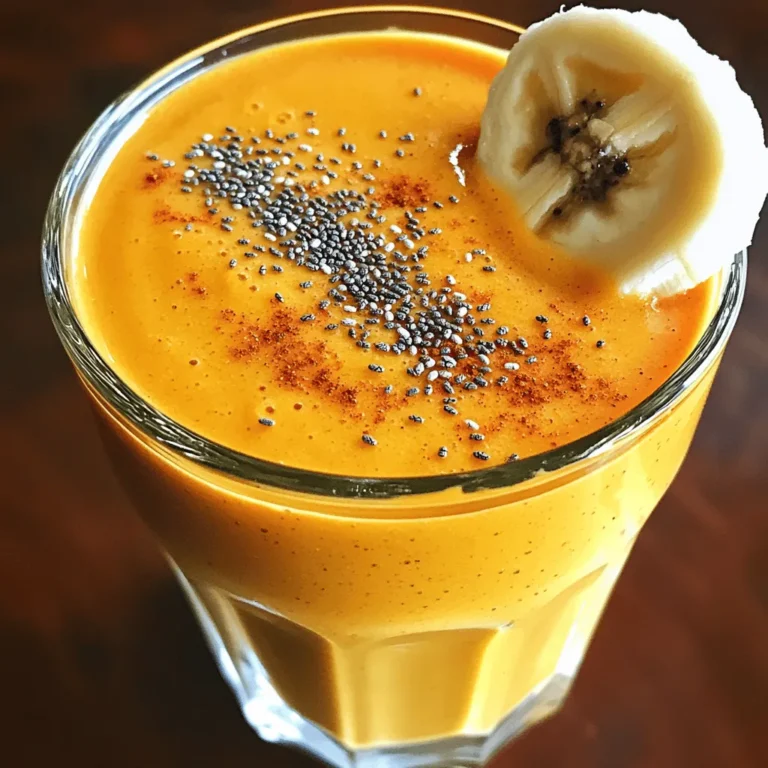 To make a delicious Pumpkin Pie Protein Smoothie, you will need the following ingredients: - 1 cup unsweetened almond milk - 1/2 cup canned pumpkin puree - 1 scoop vanilla protein powder - 1 teaspoon pumpkin pie spice - 1 banana, frozen - 1 tablespoon maple syrup (optional for sweetness) - 1 tablespoon chia seeds - A pinch of salt - Ice cubes (optional, for a thicker smoothie) These ingredients work together to create a creamy and flavorful smoothie. Almond milk keeps it light and dairy-free. Canned pumpkin adds a rich texture and is packed with nutrients. Vanilla protein powder boosts the smoothie with protein, making it a great post-workout drink. Pumpkin pie spice gives it that warm, cozy flavor we love in fall. A frozen banana adds natural sweetness and creaminess. You can adjust the sweetness by adding maple syrup if you like it sweeter. Chia seeds are a great source of fiber and healthy fats. Feel free to toss in some ice cubes if you want a thicker texture. Enjoy each sip of this tasty and nutritious smoothie! First, gather all your ingredients. You need: - 1 cup unsweetened almond milk - 1/2 cup canned pumpkin puree - 1 scoop vanilla protein powder - 1 teaspoon pumpkin pie spice - 1 frozen banana - 1 tablespoon maple syrup (optional) - 1 tablespoon chia seeds - A pinch of salt - Ice cubes (optional) Make sure to freeze the banana ahead of time if you want a cold, creamy smoothie. This step is key for a thick texture. Now, let’s blend! In your blender, add the almond milk, pumpkin puree, protein powder, and pumpkin pie spice. Blend on high until these mix well. Next, add the frozen banana, chia seeds, and a pinch of salt. If you like sweet smoothies, add maple syrup now. Blend again until it is smooth and creamy. You may need to scrape down the sides to mix everything evenly. To check the texture, pause and see if it’s thick enough. If you want it thicker, toss in a handful of ice cubes and blend again. Now, give your smoothie a taste. If it needs more sweetness, add a bit more maple syrup. Blend for a few more seconds to mix this in. Now you’re ready to pour and enjoy! For the best results, use a high-speed blender. These blenders break down ingredients well. If you have a regular blender, blend in stages. First, mix liquids and soft items. Then, add harder ingredients like frozen bananas or ice. To get a creamy texture, blend long enough to mix everything well. Scrape down the sides of the blender as needed. If your smoothie feels too thick, add a little more almond milk. To kick up the flavor, try adding a dash of nutmeg or cinnamon. Both spices pair well with pumpkin. You can also add a spoon of vanilla extract for extra sweetness. If you want a different sweetener, try honey or agave syrup. These options add a nice twist to your drink. Serve your smoothie in tall glasses to show off its beautiful color. For a fun touch, add whipped cream or a sprinkle of cinnamon on top. You can also use cute straws for a better sipping experience. Enjoy your smoothie right away for the best taste! {{image_2}} To make this smoothie vegan, swap the protein powder for plant-based protein. You can use pea or hemp protein. For sweetness, use agave syrup or date syrup instead of maple syrup. These swaps keep your smoothie tasty and plant-friendly. If you follow a keto diet, cut out the banana and maple syrup. Use a low-carb sweetener like erythritol or stevia. You can also replace almond milk with unsweetened coconut milk. These changes keep the carbs low while still being delicious. Want to boost the nutrition? Add a handful of spinach for extra vitamins. You can also stir in nut butters like almond or peanut. These additions make your smoothie creamier and more filling. Chia seeds are great too, adding fiber and omega-3s. To store leftover pumpkin pie protein smoothie, pour it into an airtight container. This helps keep it fresh in the fridge. Smoothies can stay good for up to 24 hours when refrigerated. If you want to keep it longer, freeze it in individual portions. Use freezer-safe containers or bags. Remember to leave some space at the top, as liquids expand when frozen. Smoothies are best enjoyed cold. If you prefer to warm it up, do so gently. Pour the smoothie into a pot and heat it on low. Stir often to avoid burning. You can also use a microwave, heating in short bursts. Check the temperature every 20 seconds to avoid overheating. Fresh smoothies last about one day in the fridge. If frozen, they can last for about one month. Just remember that the texture might change a bit after freezing. Always check the smell and look before consuming. If it looks off, it’s best to throw it away. A pumpkin pie protein smoothie tastes best fresh. If you have leftovers, store them in the fridge. Keep it in a sealed jar or bottle. It lasts about one day. After that, it may lose flavor and texture. For longer storage, freeze the smoothie. It can last for up to a month in the freezer. When you're ready to enjoy it, just thaw it in the fridge overnight. Yes, you can use fresh pumpkin! Fresh pumpkin offers great flavor and nutrition. To prepare it, first, you need to cook the pumpkin. Cut it in half and remove the seeds. Roast the halves in the oven at 400°F for about 45 minutes. Once it’s soft, scoop out the flesh and let it cool. Blend it until smooth. Use the same amount as the canned pumpkin in the recipe. Fresh pumpkin may have a lighter taste, so you might want to adjust the spices a little. This smoothie is perfect for meal prep! You can make it in advance to save time. Just blend all the ingredients and pour the mix into jars. Store the jars in the fridge for up to one day. If you want to keep it longer, freeze the jars. When you’re ready to drink, just thaw overnight. You can also blend the dry ingredients in advance. Then, add the wet ingredients and blend before serving. This way, you have a quick and tasty meal ready to go! This blog post shows you how to make a delicious pumpkin pie protein smoothie. We covered key ingredients, step-by-step blending, and tips for flavor and texture. You learned storage methods and how to adapt the recipe for different diets. Incorporating pumpkin into your smoothies boosts flavor and nutrition. Enjoy this tasty treat, and don’t hesitate to try your own twists. Happy blending!