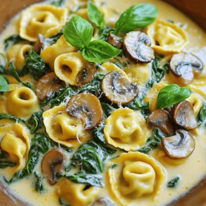 - 12 ounces cheese tortellini - 2 tablespoons olive oil - 1 medium onion, finely chopped - 3 cloves garlic, minced - 8 ounces mushrooms, sliced (cremini or button) - 5 cups fresh spinach, roughly chopped - 1 cup heavy cream - 1/2 cup grated Parmesan cheese - Salt and pepper to taste - 1/4 teaspoon nutmeg - Fresh basil, for garnish (optional) The right ingredients make all the difference in this creamy dish. First, you need cheese tortellini. It gives a rich flavor and nice texture. Next, we use olive oil. This helps sauté the veggies and adds healthy fat. Onions and garlic bring a savory base to the sauce. Mushrooms add earthiness. I prefer cremini mushrooms for their deeper taste, but button mushrooms work well too. Fresh spinach is key for color and nutrition. It wilts down and blends beautifully with the cream. Heavy cream creates that dreamy, silky sauce. Parmesan cheese adds umami depth and a bit of saltiness. Don't forget salt and pepper. They enhance all the flavors. Nutmeg gives a warm touch that makes the sauce special. Finally, fresh basil can brighten the dish if you choose to use it. With these ingredients, you set yourself up for a delightful cooking experience. To cook the tortellini to al dente, fill a large pot with water. Add a good amount of salt, then bring it to a boil. Once boiling, add 12 ounces of cheese tortellini. Cook according to the package instructions. Usually, this takes about 3 to 5 minutes. Stir gently to prevent sticking. The tortellini is ready when it is firm but tender. Drain the pasta and set it aside. In a large skillet, heat 2 tablespoons of olive oil over medium heat. Add 1 medium onion, finely chopped, and cook for about 3 to 4 minutes. The onion should turn translucent. Next, add 3 cloves of minced garlic and 8 ounces of sliced mushrooms. Stir and cook until the mushrooms soften and turn golden, about 5 to 7 minutes. Finally, toss in 5 cups of roughly chopped spinach. Cook until the spinach wilts, which takes about 2 to 3 minutes. Pour in 1 cup of heavy cream and bring it to a gentle simmer. Stir in 1/2 cup of grated Parmesan cheese, along with salt, pepper, and 1/4 teaspoon of nutmeg. Mix well until the cheese melts and the sauce becomes creamy. Add the cooked tortellini to the skillet and gently toss everything together. Cook for another 2 to 3 minutes until everything is heated through. Taste the dish and adjust the seasoning if needed. Serve warm, and feel free to garnish with fresh basil if you like. You can find many types of tortellini. Cheese tortellini is the most common. It has a rich flavor that pairs well with creamy sauces. You might also try spinach or mushroom-filled tortellini. These add more depth to your dish. If you want to be bold, try a meat-filled option. Each type brings its own taste. Choose what excites you the most! To make your dish pop, focus on seasoning. Start with salt and pepper. Taste as you go, and adjust as needed. Adding nutmeg gives a warm touch. It blends well with the cream and cheese. If you want more punch, try a splash of lemon juice. A hint of acidity balances the creaminess. Fresh herbs like basil or parsley can also brighten the dish. If you want a vegetarian version, swap out the cheese tortellini for a veggie option. Many brands offer spinach or mushroom tortellini without cheese. For a vegan dish, use coconut cream instead of heavy cream. Nutritional yeast can replace Parmesan cheese. It adds a cheesy flavor without dairy. You can also add more veggies like bell peppers or zucchini for texture and taste. {{image_2}} You can easily boost the nutrition of your creamy spinach mushroom tortellini by adding protein. Here are some tasty options: - Chicken: Grill or sauté some diced chicken breast. Add it to the creamy sauce for extra flavor and protein. - Shrimp: Sauté shrimp in olive oil until they turn pink. Toss them in with the tortellini for a seafood twist. - Tofu: For a vegetarian option, use firm tofu. Cube and sauté until golden. Mix it into the dish for a hearty bite. Each protein adds its unique taste, making the dish versatile. If you want to switch things up, try different veggies in your tortellini: - Kale: This adds a hearty texture. Use it instead of spinach for a nutrient boost. - Broccoli: Steamed broccoli florets can add crunch and color to your dish. - Zucchini: Sautéed zucchini provides a fresh taste and pairs well with the creamy sauce. Experimenting with veggies keeps the dish exciting and flavorful. For those avoiding gluten, there are great alternatives for tortellini: - Rice-Based Tortellini: Many brands offer gluten-free options made from rice flour. They cook similarly to regular tortellini. - Zucchini Noodles: Use a spiralizer to create zucchini noodles. They add a unique flavor and are low in carbs. - Chickpea Pasta: This type of pasta is high in protein and fiber. It works well in creamy dishes. These choices maintain the dish's integrity while catering to gluten-free diets. To store Creamy Spinach Mushroom Tortellini, let it cool first. Then, place it in an airtight container. You can keep it in the fridge for up to three days. When you want to eat it again, simply reheat it on the stove or in the microwave. Stir well to mix the sauce back in. If you want to save some for later, freezing works great! Portion the tortellini into freezer-safe bags. Remove as much air as possible before sealing. You can freeze it for up to three months. When you’re ready to enjoy, thaw it in the fridge overnight. Reheat it on low heat with a splash of cream to keep it creamy and delicious. Creamy Spinach Mushroom Tortellini stays fresh in the fridge for about three days. If you freeze it, it can last up to three months. Always check for off smells or changes in color before eating. If it looks or smells strange, it's best to toss it. Keeping track of these time frames helps ensure your meal stays tasty and safe. Yes, you can make this dish ahead of time. To do this, follow these steps: - Cook the tortellini as directed and let it cool. - Prepare the creamy sauce up to the step before adding tortellini. - Store the sauce and tortellini separately in airtight containers. - When ready to eat, heat the sauce on low and add the tortellini. Stir until warm. This method keeps the tortellini from becoming too soft. It also helps maintain the creamy texture of the sauce. Creamy Spinach Mushroom Tortellini pairs well with several sides. Here are some tasty options: - A simple green salad with a light vinaigrette. - Garlic bread for a crunchy side. - Roasted vegetables like asparagus or zucchini. - A side of sautéed greens to add more color and nutrition. These sides complement the rich flavors of the tortellini while adding balance to your meal. Yes, you can use frozen spinach and canned mushrooms. However, keep in mind some differences: - Frozen spinach is convenient. Just thaw and squeeze out excess water before cooking. It may have less flavor than fresh spinach. - Canned mushrooms save time but can be softer. Drain them well and add them to the dish later in the cooking process. Using these alternatives can change the texture and flavor slightly, but they still provide a delicious meal. This blog post has shared a simple and tasty recipe for Creamy Spinach Mushroom Tortellini. You learned about the key ingredients and step-by-step cooking instructions. The tips and variations can help you customize your dish. Don’t forget about storage options for leftovers and how to reheat them later. Overall, this meal is versatile and quick to make. Enjoy your cooking, and feel free to experiment with flavors! You can make this dish your own while enjoying its creamy goodness.