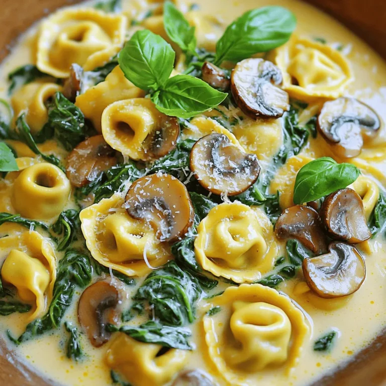 - 12 ounces cheese tortellini - 2 tablespoons olive oil - 1 medium onion, finely chopped - 3 cloves garlic, minced - 8 ounces mushrooms, sliced (cremini or button) - 5 cups fresh spinach, roughly chopped - 1 cup heavy cream - 1/2 cup grated Parmesan cheese - Salt and pepper to taste - 1/4 teaspoon nutmeg - Fresh basil, for garnish (optional) The right ingredients make all the difference in this creamy dish. First, you need cheese tortellini. It gives a rich flavor and nice texture. Next, we use olive oil. This helps sauté the veggies and adds healthy fat. Onions and garlic bring a savory base to the sauce. Mushrooms add earthiness. I prefer cremini mushrooms for their deeper taste, but button mushrooms work well too. Fresh spinach is key for color and nutrition. It wilts down and blends beautifully with the cream. Heavy cream creates that dreamy, silky sauce. Parmesan cheese adds umami depth and a bit of saltiness. Don't forget salt and pepper. They enhance all the flavors. Nutmeg gives a warm touch that makes the sauce special. Finally, fresh basil can brighten the dish if you choose to use it. With these ingredients, you set yourself up for a delightful cooking experience. To cook the tortellini to al dente, fill a large pot with water. Add a good amount of salt, then bring it to a boil. Once boiling, add 12 ounces of cheese tortellini. Cook according to the package instructions. Usually, this takes about 3 to 5 minutes. Stir gently to prevent sticking. The tortellini is ready when it is firm but tender. Drain the pasta and set it aside. In a large skillet, heat 2 tablespoons of olive oil over medium heat. Add 1 medium onion, finely chopped, and cook for about 3 to 4 minutes. The onion should turn translucent. Next, add 3 cloves of minced garlic and 8 ounces of sliced mushrooms. Stir and cook until the mushrooms soften and turn golden, about 5 to 7 minutes. Finally, toss in 5 cups of roughly chopped spinach. Cook until the spinach wilts, which takes about 2 to 3 minutes. Pour in 1 cup of heavy cream and bring it to a gentle simmer. Stir in 1/2 cup of grated Parmesan cheese, along with salt, pepper, and 1/4 teaspoon of nutmeg. Mix well until the cheese melts and the sauce becomes creamy. Add the cooked tortellini to the skillet and gently toss everything together. Cook for another 2 to 3 minutes until everything is heated through. Taste the dish and adjust the seasoning if needed. Serve warm, and feel free to garnish with fresh basil if you like. You can find many types of tortellini. Cheese tortellini is the most common. It has a rich flavor that pairs well with creamy sauces. You might also try spinach or mushroom-filled tortellini. These add more depth to your dish. If you want to be bold, try a meat-filled option. Each type brings its own taste. Choose what excites you the most! To make your dish pop, focus on seasoning. Start with salt and pepper. Taste as you go, and adjust as needed. Adding nutmeg gives a warm touch. It blends well with the cream and cheese. If you want more punch, try a splash of lemon juice. A hint of acidity balances the creaminess. Fresh herbs like basil or parsley can also brighten the dish. If you want a vegetarian version, swap out the cheese tortellini for a veggie option. Many brands offer spinach or mushroom tortellini without cheese. For a vegan dish, use coconut cream instead of heavy cream. Nutritional yeast can replace Parmesan cheese. It adds a cheesy flavor without dairy. You can also add more veggies like bell peppers or zucchini for texture and taste. {{image_2}} You can easily boost the nutrition of your creamy spinach mushroom tortellini by adding protein. Here are some tasty options: - Chicken: Grill or sauté some diced chicken breast. Add it to the creamy sauce for extra flavor and protein. - Shrimp: Sauté shrimp in olive oil until they turn pink. Toss them in with the tortellini for a seafood twist. - Tofu: For a vegetarian option, use firm tofu. Cube and sauté until golden. Mix it into the dish for a hearty bite. Each protein adds its unique taste, making the dish versatile. If you want to switch things up, try different veggies in your tortellini: - Kale: This adds a hearty texture. Use it instead of spinach for a nutrient boost. - Broccoli: Steamed broccoli florets can add crunch and color to your dish. - Zucchini: Sautéed zucchini provides a fresh taste and pairs well with the creamy sauce. Experimenting with veggies keeps the dish exciting and flavorful. For those avoiding gluten, there are great alternatives for tortellini: - Rice-Based Tortellini: Many brands offer gluten-free options made from rice flour. They cook similarly to regular tortellini. - Zucchini Noodles: Use a spiralizer to create zucchini noodles. They add a unique flavor and are low in carbs. - Chickpea Pasta: This type of pasta is high in protein and fiber. It works well in creamy dishes. These choices maintain the dish's integrity while catering to gluten-free diets. To store Creamy Spinach Mushroom Tortellini, let it cool first. Then, place it in an airtight container. You can keep it in the fridge for up to three days. When you want to eat it again, simply reheat it on the stove or in the microwave. Stir well to mix the sauce back in. If you want to save some for later, freezing works great! Portion the tortellini into freezer-safe bags. Remove as much air as possible before sealing. You can freeze it for up to three months. When you’re ready to enjoy, thaw it in the fridge overnight. Reheat it on low heat with a splash of cream to keep it creamy and delicious. Creamy Spinach Mushroom Tortellini stays fresh in the fridge for about three days. If you freeze it, it can last up to three months. Always check for off smells or changes in color before eating. If it looks or smells strange, it's best to toss it. Keeping track of these time frames helps ensure your meal stays tasty and safe. Yes, you can make this dish ahead of time. To do this, follow these steps: - Cook the tortellini as directed and let it cool. - Prepare the creamy sauce up to the step before adding tortellini. - Store the sauce and tortellini separately in airtight containers. - When ready to eat, heat the sauce on low and add the tortellini. Stir until warm. This method keeps the tortellini from becoming too soft. It also helps maintain the creamy texture of the sauce. Creamy Spinach Mushroom Tortellini pairs well with several sides. Here are some tasty options: - A simple green salad with a light vinaigrette. - Garlic bread for a crunchy side. - Roasted vegetables like asparagus or zucchini. - A side of sautéed greens to add more color and nutrition. These sides complement the rich flavors of the tortellini while adding balance to your meal. Yes, you can use frozen spinach and canned mushrooms. However, keep in mind some differences: - Frozen spinach is convenient. Just thaw and squeeze out excess water before cooking. It may have less flavor than fresh spinach. - Canned mushrooms save time but can be softer. Drain them well and add them to the dish later in the cooking process. Using these alternatives can change the texture and flavor slightly, but they still provide a delicious meal. This blog post has shared a simple and tasty recipe for Creamy Spinach Mushroom Tortellini. You learned about the key ingredients and step-by-step cooking instructions. The tips and variations can help you customize your dish. Don’t forget about storage options for leftovers and how to reheat them later. Overall, this meal is versatile and quick to make. Enjoy your cooking, and feel free to experiment with flavors! You can make this dish your own while enjoying its creamy goodness.