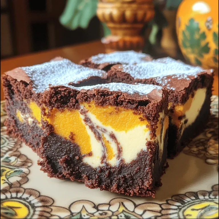 To make pumpkin cream cheese brownies, I use these key ingredients: - 1 cup all-purpose flour - 1/2 cup unsweetened cocoa powder - 1 teaspoon baking powder - 1/2 teaspoon baking soda - 1/4 teaspoon salt - 1/2 cup unsalted butter, melted - 1 cup granulated sugar - 1/2 cup brown sugar, packed - 3 large eggs - 1 teaspoon vanilla extract - 1 cup pumpkin puree (canned or fresh) - 8 oz cream cheese, softened - 1/4 cup powdered sugar - 1/2 teaspoon cinnamon - 1/4 teaspoon nutmeg Each ingredient plays a key role in creating rich, flavorful brownies. The pumpkin puree adds moisture and a hint of sweetness. The cocoa powder gives the brownies depth. Cream cheese brings a creamy texture that pairs well with pumpkin. For this recipe, gather these kitchen tools: - Mixing bowls - Whisk - Spatula - 8x8 inch baking pan - Parchment paper - Knife or skewer for swirling Having the right tools makes baking easier. The mixing bowls help combine ingredients well. The whisk ensures a smooth batter. The spatula helps scrape every bit of goodness. Sometimes, you may need to swap ingredients. Here are some ideas: - Use whole wheat flour for a healthier option. - Substitute coconut oil for unsalted butter. - Replace granulated sugar with coconut sugar for a lower glycemic index. - Use egg substitutes like flax eggs for vegan brownies. These swaps keep the recipe tasty while meeting your dietary needs. Always remember to adjust baking time when making substitutions. Enjoy experimenting! Start by preheating your oven to 350°F (175°C). This step warms the oven for even baking. Next, take an 8x8 inch baking pan and grease it. Line the bottom with parchment paper to help with easy removal. This makes cutting the brownies much easier later. In a medium bowl, whisk together the dry ingredients. Combine 1 cup of all-purpose flour, 1/2 cup of unsweetened cocoa powder, 1 teaspoon of baking powder, 1/2 teaspoon of baking soda, and 1/4 teaspoon of salt. Whisk until you see no lumps. Set this bowl aside for now. This mix adds the structure and rich cocoa flavor to the brownies. In a large bowl, mix the wet ingredients. Start with 1/2 cup of melted unsalted butter. Add 1 cup of granulated sugar and 1/2 cup of brown sugar. Stir these together until they blend well. Then, add 3 large eggs one at a time, mixing well after each egg. Finish by stirring in 1 teaspoon of vanilla extract and 1 cup of pumpkin puree until the mixture is smooth. This blend gives your brownies moisture and flavor. In another bowl, beat 8 oz of softened cream cheese until it is smooth. Add in 1/4 cup of powdered sugar, 1/2 teaspoon of cinnamon, and 1/4 teaspoon of nutmeg. Mix until fully combined. This cream cheese swirl adds a rich and tangy flavor that pairs perfectly with pumpkin. Pour half of the brownie batter into your prepared pan. Spread it evenly. Then, drop spoonfuls of the cream cheese mixture on top. Pour the rest of the brownie batter over this. Use a knife or skewer to create a swirl, mixing the two batters slightly. Bake in the oven for 30-35 minutes. Check if they’re done by inserting a toothpick into the center; it should come out with moist crumbs. Let the brownies cool in the pan for at least 15 minutes. After that, lift them out using the parchment paper and let them cool completely on a wire rack. Once cooled, slice them into squares and serve. To get the best texture in your brownies, mix the wet and dry ingredients well but do not overmix. Overmixing can make your brownies tough. Also, use room temperature ingredients. This helps them blend smoothly and creates a tender bite. Bake them until a toothpick shows moist crumbs. If you see wet batter, give them more time. A few common mistakes can ruin your brownies. First, don’t skip lining your pan with parchment paper. This step helps with easy removal. Second, measure your flour correctly. Too much flour makes brownies dry. Always spoon it into the measuring cup and level it off. Lastly, avoid opening the oven door too soon. It can cause the brownies to sink in the middle. For a stunning presentation, dust your brownies with powdered sugar right before serving. This adds a nice touch. You can also serve them on a pretty plate with whipped cream and a sprinkle of cinnamon. For an extra treat, add some chopped nuts or chocolate chips on top. These simple steps make your brownies look and taste even better! {{image_2}} You can easily add nuts or chocolate chips to these brownies. Chopped walnuts or pecans add a nice crunch. About half a cup works well. If you love chocolate, add 1/2 cup of chocolate chips. Stir them into the brownie batter before baking. This gives extra flavor and texture. Try different flavors in the cream cheese layer. You can mix in a teaspoon of orange zest for a citrus twist. For a spiced kick, add a pinch of ginger. If you want a sweeter touch, use maple syrup instead of powdered sugar. These small changes can create a whole new taste. You can make these brownies vegan. Substitute the eggs with flax eggs. To make one flax egg, mix one tablespoon of ground flaxseed with three tablespoons of water and let it sit for five minutes. Replace the butter with coconut oil or vegan butter. Use dairy-free cream cheese for the filling. These swaps keep the brownies rich and tasty without animal products. To keep your brownies fresh, store them in an airtight container. Place parchment paper between layers to prevent sticking. These brownies stay tasty for up to five days at room temperature. If you want them to last longer, consider refrigerating them. Just remember to seal them well to avoid drying out. Freezing is a great option for longer storage. First, let the brownies cool completely. Then, slice them into squares. Wrap each square tightly in plastic wrap. Place the wrapped brownies in a freezer-safe bag or container. They can last up to three months in the freezer. When you're ready, thaw them in the fridge overnight or at room temperature for a few hours. To enjoy your brownies warm, preheat your oven to 350°F (175°C). Place the brownies on a baking sheet. Cover them with foil to prevent them from drying out. Heat for about 10 minutes. If you're in a hurry, you can microwave them. Just warm them for 10-15 seconds on a microwave-safe plate. Enjoy the rich taste and soft texture! Yes, you can use fresh pumpkin. Just roast and puree it first. Fresh pumpkin gives a nice flavor. Make sure it is smooth and not watery. This will help your brownies stay rich and moist. You will know the brownies are done when a toothpick comes out with moist crumbs. Bake them for 30 to 35 minutes at 350°F. If the toothpick has wet batter, they need more time. Watch them closely in the last few minutes. These brownies pair well with whipped cream or vanilla ice cream. A sprinkle of cinnamon adds great flavor. You can also serve them with a cup of warm coffee or tea. This makes for a cozy dessert time. Store the brownies in an airtight container. They will last about 3 to 5 days at room temperature. If you want them to last longer, you can freeze them. Just wrap each piece well, and they can last up to three months in the freezer. You now have all the tools to make perfect pumpkin cream cheese brownies. We explored key ingredients, step-by-step instructions, and helpful tips. Don't forget to try variations like nuts or vegan options. Store any leftovers well, and reheating is simple. These brownies are sure to impress. Enjoy baking and sharing them!