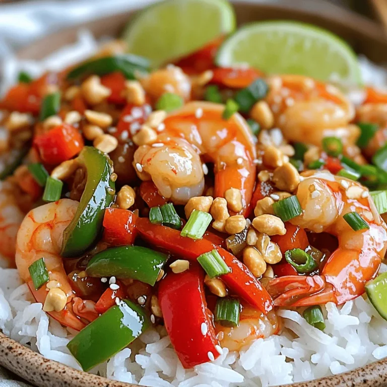 For Kung Pao Shrimp, you need: - 1 pound shrimp, peeled and deveined - 1 tablespoon cornstarch - 2 tablespoons sesame oil - 1 red bell pepper, diced - 1 green bell pepper, diced - 1/2 cup unsalted roasted peanuts - 3 green onions, sliced (whites and greens separated) - 3 cloves garlic, minced - 1-inch piece ginger, minced - 2 tablespoons soy sauce - 1 tablespoon rice vinegar - 1 tablespoon hoisin sauce - 1 tablespoon chili paste - Salt and pepper to taste - Cooked white rice or quinoa, for serving Fresh ingredients make a big difference in flavor. The shrimp should be tender and juicy. Fresh bell peppers add crunch and sweetness. Using fresh garlic and ginger gives a strong aroma. When ingredients are fresh, your dish will taste better. This recipe shines with the right quality. You can swap some ingredients based on what you have: - Shrimp: Use chicken or tofu instead if you prefer. - Peppers: Try other colors like yellow or orange bell peppers. - Sauces: If you lack hoisin sauce, use extra soy sauce with a bit of sugar. - Nuts: Swap peanuts for cashews or almonds for a twist. These changes can still give you a delicious meal. Start by grabbing 1 pound of shrimp. Make sure they are peeled and deveined. Place the shrimp in a medium bowl. Sprinkle 1 tablespoon of cornstarch over the shrimp. Toss the shrimp until they are lightly coated. This step helps make the shrimp crispy when we cook them. Next, heat 1 tablespoon of sesame oil in a large skillet or wok. Use medium-high heat for this. Once the oil is hot, add the shrimp. Stir-fry the shrimp for about 2-3 minutes. They should turn pink and be cooked through. Remove the shrimp from the skillet and set them aside. Now, pour in the remaining tablespoon of sesame oil. Add 3 cloves of minced garlic and 1-inch piece of minced ginger. Sauté for about 30 seconds. You want the mixture to smell great. Add diced red and green bell peppers to the skillet. Stir-fry these veggies for about 3-4 minutes. They should be slightly tender but still crisp. Now, stir in the whites of 3 sliced green onions. Add 2 tablespoons of soy sauce, 1 tablespoon of rice vinegar, 1 tablespoon of hoisin sauce, and 1 tablespoon of chili paste. Cook everything together for another minute. This melds all the flavors. Finally, return the shrimp to the skillet along with 1/2 cup of unsalted roasted peanuts. Toss everything until it is well coated and heated through. Season with salt and pepper to taste. Serve your Kung Pao Shrimp over cooked white rice or quinoa. Garnish with the green onion tops for a fresh touch. To make your Kung Pao Shrimp pop, focus on the sauce. Use quality soy sauce and hoisin sauce. These give depth to the dish. Fresh garlic and ginger are key too. They add a bright, bold taste. A splash of rice vinegar balances the flavors. Adjust the chili paste for your spice level. This way, you can control the heat just how you like it. For perfect shrimp, start with cornstarch. Lightly coating the shrimp helps it crisp up. Stir-fry over medium-high heat for just a few minutes. Look for the shrimp to turn pink. Don't overcook them; they will become rubbery. Always remove the shrimp from the pan before adding veggies. This keeps them juicy and tender. Presentation matters. Serve your Kung Pao Shrimp in a large bowl. Add a sprinkle of roasted peanuts on top. Slice green onions for garnish, adding color and crunch. A lime wedge on the side brings brightness. Serve with cooked white rice or quinoa. This makes it a complete and satisfying meal. Enjoy the restaurant feel right at home! {{image_2}} If you want a twist, try adding tofu. Tofu makes the dish even heartier. To do this, cut firm tofu into cubes. Sauté the tofu in sesame oil until golden. Then mix it with the shrimp in the final steps. This gives you a great contrast in texture. Adjusting spice levels is easy. If you like it mild, use less chili paste. You can skip it altogether if you want no heat. For extra spice, add more chili paste or red pepper flakes. Taste as you go to find what you love. You can mix in various vegetables for fun. Broccoli, snap peas, or carrots work well. Just chop them into bite-sized pieces. Stir-fry them after the garlic and ginger. This adds color and nutrition to your meal. Make it your own by using what you have on hand. To store your Kung Pao Shrimp, let it cool first. Place it in an airtight container. It will stay fresh in the fridge for up to three days. Make sure to keep the rice or quinoa separate. This helps the texture stay nice. If you add rice, it may get soggy. When you want to eat your leftovers, use the stovetop for the best results. Heat a non-stick skillet over medium heat. Add a splash of water or oil to keep it moist. Stir it often until warm. This keeps the shrimp juicy. You can also use the microwave. Just cover it to keep moisture in, and heat for 1-2 minutes. If you want to freeze Kung Pao Shrimp, cool it completely first. Place it in a freezer-safe bag or container. It can stay in the freezer for up to two months. When ready to eat, thaw it overnight in the fridge. Then, reheat it on the stovetop as mentioned. Avoid freezing it with rice, as it won't taste the same once thawed. This Kung Pao Shrimp is fresher and tastier than takeout. You control the quality of ingredients. The flavors are vibrant, and you can adjust them to your liking. Cooking at home lets you experiment. I use fresh shrimp, crunchy peanuts, and colorful bell peppers. The homemade sauce gives it a unique twist. You won't find that in most takeout. Yes, you can use frozen shrimp. Just make sure to thaw them first. Place them in cold water for about 15-20 minutes. Pat them dry before using. This helps the cornstarch stick better. It also keeps the shrimp from being watery. Frozen shrimp can work well, but fresh is best. To change the spice level, adjust the chili paste. Start with a little and taste as you go. You can always add more if you like it spicier. If you want less heat, skip the chili paste altogether. You can also add sweet bell peppers. They balance the heat and add flavor. Another option is to serve with a side of lime wedges. This way, you can squeeze fresh lime juice over your dish for a zesty kick. This blog post covered how to make Kung Pao Shrimp from key ingredients to cooking techniques. Fresh ingredients boost flavor and can be swapped when needed. There are tips on achieving that authentic taste and serving like a pro. We explored variations, from adding tofu to changing the spice level. Lastly, I shared how to store leftovers safely. With these steps, you can create a tasty dish at home, impressing friends and family. Enjoy cooking!