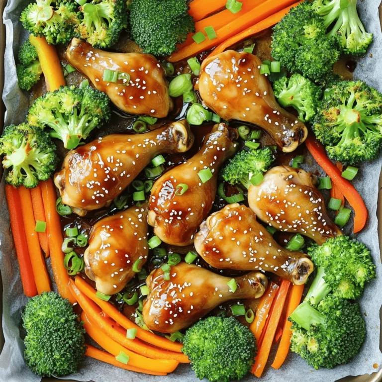 - 8 chicken drumsticks - 1/2 cup teriyaki sauce (store-bought or homemade) - 2 tablespoons honey - 1 tablespoon fresh ginger, grated - 1 tablespoon garlic, minced - 2 cups broccoli florets - 1 cup carrots, sliced - 1 bell pepper, thinly sliced (any color) - 2 tablespoons sesame oil - 1 tablespoon sesame seeds (for garnish) - Chopped green onions (for garnish) - Salt and pepper, to taste In this recipe, you need chicken drumsticks as the main protein. Drumsticks have juicy meat and crispy skin. The teriyaki sauce adds a sweet and savory taste. Honey gives a nice glaze. Ginger and garlic boost the flavor, making each bite exciting. Next, you have colorful veggies. Broccoli adds crunch and nutrition. Carrots provide sweetness, while bell peppers bring color and flavor. You can use any color of bell pepper. They all taste great! For seasoning, sesame oil adds a nutty flavor. It helps the veggies shine. Then, you finish with sesame seeds and green onions for a fresh touch. Salt and pepper are key to balance all the flavors. They enhance the dish without overpowering it. Each ingredient plays a role in making this meal delicious and satisfying. - Preheat the oven to 400°F (200°C). - Line a large sheet pan with parchment paper. This makes cleanup easy. - In a medium bowl, whisk together teriyaki sauce, honey, ginger, and garlic. Mix well until smooth. - Place drumsticks in a zip-top bag or bowl with the marinade. - Seal the bag or cover the bowl tightly. Let them marinate in the refrigerator for at least 30 minutes, or up to 2 hours. This adds flavor. - In a separate bowl, toss broccoli, carrots, and bell pepper with sesame oil. - Season the veggies with salt and pepper. This brings out their flavor. - After marinating, take out the drumsticks from the bag. - Arrange the marinated drumsticks on the prepared sheet pan. - Surround the drumsticks with the seasoned vegetables. - Bake for 35-40 minutes, flipping the chicken halfway through. - In the last 5 minutes, brush the drumsticks with any remaining marinade. This helps them glaze nicely. To get that perfect glaze on your chicken, use the remaining marinade right before serving. This adds a burst of flavor. Always check that your chicken reaches an internal temperature of 165°F or 74°C. This is key to safe and tasty eating. Choose fresh seasonal vegetables for the best taste. They really add to the dish. Adjust the seasoning based on the vegetables you select. For instance, carrots may need more salt than bell peppers. You can serve the dish straight from the sheet pan. This gives it a rustic feel. For a fancier look, plate the chicken and vegetables separately. Add extra sesame seeds on top for that refined touch. This simple step makes your meal look great! {{image_2}} You can easily swap chicken drumsticks for chicken thighs or breasts. Each cut gives a unique flavor and texture. If you want a vegetarian dish, try using tofu. Tofu absorbs flavors well. It makes a tasty option for those who prefer plant-based meals. Feel free to mix up the veggies. You can use seasonal vegetables like zucchini or snap peas. These choices keep your dish fresh and fun. Adding mushrooms can also boost the texture. They add a nice, earthy flavor that pairs well with teriyaki sauce. Do you want to change up the sauce? You can experiment with homemade teriyaki sauce recipes. This way, you can control the flavors and sweetness. If you like a little heat, try a spicy teriyaki sauce. It adds an exciting kick to your meal. Store any leftovers in an airtight container. This keeps them fresh. You can enjoy them for up to 3 days in the fridge. Make sure to cool the chicken before sealing the container. This helps maintain its moisture. You can freeze the cooked chicken drumsticks to enjoy later. They last up to 3 months in the freezer. Wrap them well in plastic wrap or foil. When you’re ready to eat, thaw them in the fridge overnight. This keeps them safe and tasty. For the best texture, reheat the chicken in the oven. Set it to 350°F (175°C) and heat for about 15-20 minutes. This keeps the skin crispy. If you need a quick option, use the microwave. Just know it may not stay crispy. For the best flavor, I suggest marinating chicken drumsticks for at least 30 minutes. If you have time, marinate them for up to 2 hours. This extra time lets the meat soak up the teriyaki sauce and spices. A good soak makes the chicken tender and flavorful. Yes, you can use homemade teriyaki sauce! Just make sure it has the right balance of sweet and salty. A mix of soy sauce, honey, ginger, and garlic works great. This way, you can control the flavor and ingredients. Plus, it adds a personal touch to your dish. If you don’t have sesame oil, you can use other oils. Olive oil or canola oil works well. You can also try peanut oil for a nutty taste. Each oil brings its own flavor, but sesame oil adds a unique richness. Don’t be afraid to experiment! Sheet pan teriyaki chicken pairs well with several sides. Steamed rice is a classic choice, as it soaks up the sauce. You might also try quinoa for a healthy twist. A fresh salad or simple steamed veggies can balance the meal. Choose sides that you love! This blog explored a tasty sheet pan teriyaki chicken recipe. You learned about essential ingredients like chicken, vegetables, and marinade. I shared simple instructions for marinating, preparing, and baking your dish. You discovered tips for perfect results and fun variations to mix it up. By trying this recipe, you can enjoy a flavorful meal that's easy to make and share. Don't hesitate to get creative with your own twists! Happy cooking!