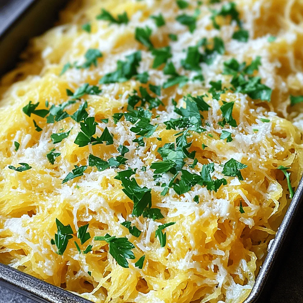 - Spaghetti squash - Olive oil - Garlic The first key ingredient is spaghetti squash. This squash is unique. It has a mild flavor and a stringy texture. When cooked, it forms strands that resemble spaghetti. This makes it a great base for our creamy sauce. Next, we need olive oil. It adds richness and helps to cook the garlic. Speaking of garlic, we need four cloves, minced. Garlic brings a wonderful aroma and flavor to the dish. - Heavy cream - Parmesan cheese For the creamy aspect, we use one cup of heavy cream. This gives the sauce its rich texture. We also need one cup of grated Parmesan cheese. Parmesan adds a salty, nutty flavor that pairs well with the garlic. - Salt - Black pepper - Italian seasoning - Fresh parsley Finally, we add seasonings. We need one teaspoon of salt and half a teaspoon of black pepper. These enhance the dish's overall taste. Italian seasoning adds a blend of herbs that complements the other flavors. We also use fresh parsley. A quarter cup of chopped parsley makes a lovely garnish and adds freshness. - Preheat your oven to 400°F (200°C). - Carefully slice the spaghetti squash in half lengthwise. - Scoop out the seeds using a spoon. - Brush the inside of each half with 1 tablespoon of olive oil. - Sprinkle with salt and pepper for flavor. - Place them cut-side down on a baking sheet. - Roast in the oven for 30-35 minutes. Cook until the flesh is tender. - While the squash roasts, heat the remaining olive oil in a skillet. - Add 4 cloves of minced garlic and sauté for 1-2 minutes. - Be careful not to burn the garlic. - Lower the heat and pour in 1 cup of heavy cream. - Stir to combine and bring to a gentle simmer. - Gradually whisk in 1 cup of grated Parmesan cheese. - Keep stirring until the sauce is smooth and creamy. - Add Italian seasoning, salt, and pepper to taste. - Once the squash is done, remove it from the oven. - Let it cool a bit, then use a fork to scrape the flesh. - This creates spaghetti-like strands. - Combine the strands with the creamy garlic Parmesan sauce. - Toss until well coated. - Serve immediately, garnished with fresh parsley. To get the sauce just right, focus on the texture. You want it creamy, not too thick. Start by adding the heavy cream to the garlic. Stir slowly to mix well. If the sauce feels too thick, add a splash of water or broth. This helps thin it out. For flavor enhancements, consider adding red pepper flakes. This gives the sauce a nice kick. Fresh herbs, like basil or thyme, can also elevate the taste. Try mixing in a little lemon juice for brightness. Cutting the squash can be tricky. Use a sharp knife and take your time. Slice it lengthwise to create two halves. Make sure to scoop out all the seeds. This step is key for even roasting. Roast the squash cut-side down on a baking sheet. This helps it cook more evenly. Check for doneness after 30 minutes. The flesh should be tender and easy to scrape into strands. Serve this dish warm for the best taste. You can pair it with grilled chicken or shrimp for added protein. A simple green salad goes well, too. For garnishing, sprinkle fresh parsley on top. This adds a pop of color and flavor. You can also add extra Parmesan for more richness. Enjoy your creamy garlic Parmesan spaghetti squash! {{image_2}} You can easily make this dish vegetarian. Instead of heavy cream, use coconut cream or cashew cream. Both options keep it rich and creamy without dairy. You can also try plain Greek yogurt for a tangy twist. For a flavor boost, mix in different cheeses like mozzarella or goat cheese. These add unique tastes to your dish. You can also try fresh herbs like basil or thyme for freshness. Adding vegetables, such as spinach or mushrooms, enhances both flavor and nutrition. Just sauté them with the garlic before adding the cream. Want to add protein? Chicken or shrimp are great choices. Cook chicken pieces in the skillet before adding garlic. For shrimp, add them just before the cream. They cook quickly and blend well with the sauce. This makes your meal heartier and satisfying. To store leftovers, let your spaghetti squash cool first. Place it in an airtight container. Keep it in the fridge for up to three days. This keeps the flavors fresh and safe to eat. If you plan to eat it soon, you can store it right in the sauce. When reheating, do it gently. Use a skillet over low heat. Add a splash of cream or broth to keep it creamy. Stir often to avoid burning. Heat until it’s warm, not hot. This helps to keep the texture nice and smooth. You can freeze spaghetti squash, but it’s best to freeze it without sauce. First, let it cool and scrape the strands into a container. Seal it tightly and freeze for up to a month. When you want to eat it, thaw it in the fridge overnight. Then, reheat it in a skillet with fresh sauce for the best flavor. You can tell when spaghetti squash is cooked by checking a few signs. First, look for a golden color on the skin. Then, poke the squash with a fork. If it goes in easily, it’s done. You can also scrape the flesh with a fork. If it separates into strands, it’s perfect. Yes, you can make this dish vegan by swapping some ingredients. Use coconut cream or cashew cream instead of heavy cream. For the cheese, try nutritional yeast or a vegan cheese blend. These alternatives keep the flavor rich and creamy without dairy. This dish pairs well with several sides. A simple green salad adds freshness. Garlic bread can give a nice crunch. For a protein boost, try grilled chicken or sautéed shrimp. These options balance the meal and make it heartier. This blog post covered how to make creamy garlic Parmesan spaghetti squash. We discussed the main ingredients, including olive oil and heavy cream. I shared step-by-step instructions to prepare, roast, and serve the dish. You can perfect the sauce with easy tips and variations, adding proteins or veggies. In summary, this dish is simple, delicious, and perfect for many diets. Enjoy experimenting with flavors and sharing leftovers. You’ll find it a rewarding dish to serve for any occasion.