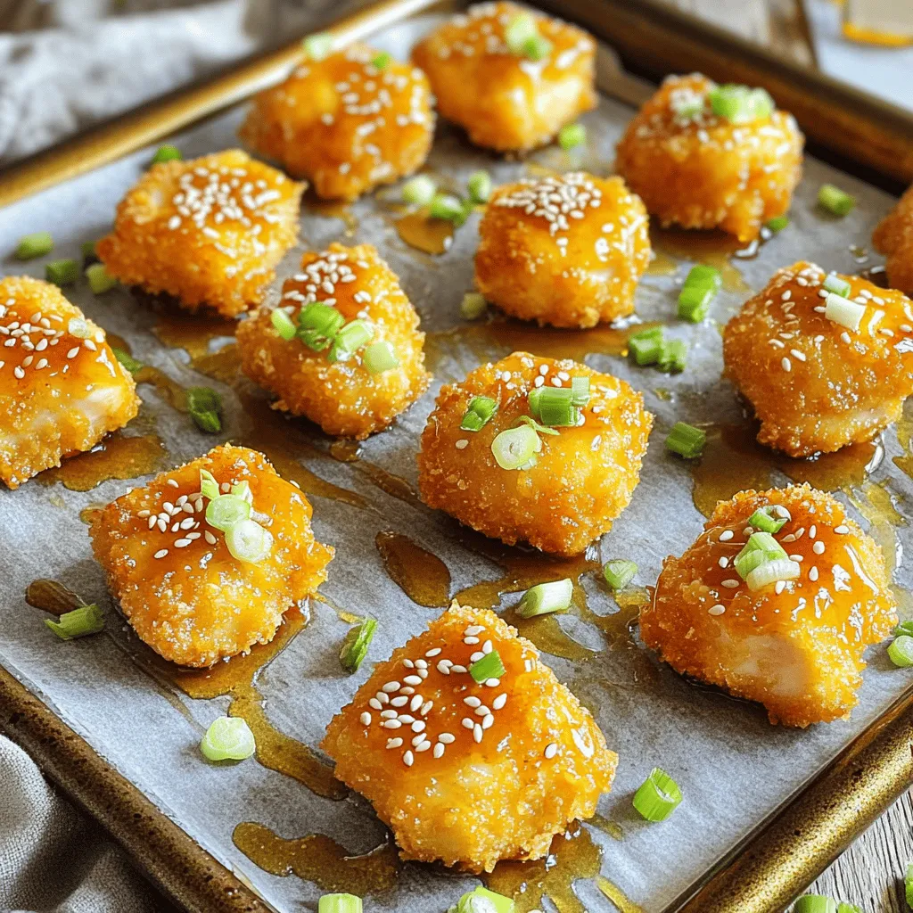 - 1 lb boneless, skinless chicken breast - 1 cup all-purpose flour - 1 cup panko breadcrumbs - 2 large eggs, beaten - 1/2 cup honey - 2 tablespoons soy sauce (low sodium) - 4 cloves garlic, minced - 1 teaspoon ginger, grated - 1/2 teaspoon black pepper - 1 teaspoon salt - 1 tablespoon olive oil - Sesame seeds (for garnish) - Chopped green onions (for garnish) Gather these ingredients before you start cooking. Fresh chicken is key for tender bites. The panko breadcrumbs give that extra crunch. Using low sodium soy sauce keeps the dish from being too salty. Honey adds sweetness and a nice glaze. Garlic and ginger pack in flavor! Season your flour mix with salt and pepper to enhance taste. Don’t skip the olive oil; it helps the chicken crisp up in the oven. The sesame seeds and green onions make for a lovely garnish that adds color and flavor. - Preheat the oven to 400°F (200°C). - Line a baking sheet with parchment paper. First, we need to set the stage for our crispy honey garlic chicken bites. Preheating the oven is key. It helps the chicken cook evenly and become golden. The parchment paper makes cleanup easy and ensures the chicken won’t stick. - Mix flour, salt, and pepper in a bowl. - Dip chicken in flour, then egg, and coat with panko. Now, we’ll bread the chicken. In a bowl, combine flour, salt, and pepper. This mix gives the chicken a nice flavor. Dip each piece of chicken into the flour, then the beaten eggs. Finally, coat the chicken with panko breadcrumbs. The panko adds a lovely crunch. Make sure to shake off any extra flour or egg. - Bake chicken bites for 20-25 minutes, flipping halfway. - Combine sauce ingredients in a saucepan and boil until thick. It’s time to bake! Place the chicken on your lined baking sheet. Bake for 20-25 minutes. Flip the chicken halfway through to get even crispiness. While the chicken bakes, let’s make the sauce. In a saucepan, mix honey, soy sauce, minced garlic, and grated ginger. Stir this over medium heat until it boils and thickens. This sauce is sweet and savory. It will coat the chicken perfectly. Once the chicken is golden and crispy, remove it from the oven. Toss it with the honey garlic sauce. Then, put it back in the oven for five more minutes. This lets the sauce caramelize and adds more flavor. Enjoy the crunchy bites! To get the best crunch on your chicken bites, use panko breadcrumbs. They are lighter and crispier than regular bread crumbs. This gives your bites that amazing texture. If you want them extra crispy, try baking at a higher temperature, around 425°F (220°C). This will help them brown and crisp up faster. You can adjust the sweetness and saltiness of your sauce. If you like it sweeter, add more honey. For saltiness, add a bit more soy sauce. To thicken the sauce, let it simmer longer. Stir it constantly until it reaches the right consistency. This will make the sauce stick perfectly to your chicken bites. Serve your crispy honey garlic chicken bites with tasty side dishes. Some great options are rice, steamed veggies, or a fresh salad. For dips, try ranch or sweet chili sauce. When plating, stack the chicken bites high. Sprinkle sesame seeds and chopped green onions on top for a beautiful finish. This makes your meal look as great as it tastes! {{image_2}} You can switch the chicken for shrimp or tofu. Shrimp cooks fast and absorbs flavor well. Tofu gives you a nice plant-based option. Just cut them into bite-sized pieces. Follow the same steps for breading and cooking. Want more heat? Add chili flakes to the honey garlic sauce. This will give your bites a spicy kick. You can also try different types of honey. Each honey has its own taste. From clover to wildflower, find what you like best. Baking is a great choice over frying. It keeps the bites crispy without extra oil. You can also use whole wheat flour instead of all-purpose flour. This makes the breading healthier and adds a nice nutty flavor. To keep your crispy honey garlic chicken bites fresh, cool them first. Let them sit at room temperature for about 30 minutes. This cooling step helps avoid steam buildup in the container. Once cool, store them in airtight containers. Glass containers work well, but plastic ones are fine too. Make sure to leave some space for air. This keeps the chicken crispy longer. When it's time to enjoy your leftovers, you have two good options: the oven or the microwave. The oven is best. Preheat it to 350°F (175°C). Place the chicken bites on a baking sheet and heat for about 10-15 minutes. This method keeps them crispy. If you use a microwave, place the bites on a microwave-safe plate. Heat in short bursts of 30 seconds. Check often to avoid sogginess. If you want to freeze your chicken bites, place them in a single layer on a baking sheet first. This prevents them from sticking together. Freeze for about 1-2 hours, then transfer them to a freezer bag. Remove as much air as possible to avoid freezer burn. When you're ready to eat, thaw them in the fridge overnight. Reheat them in the oven for best results. Crispy honey garlic chicken bites stay fresh in the fridge for about 3 to 4 days. Store them in an airtight container to keep them safe and tasty. If you notice any changes in smell or texture, it's best to throw them out. Yes, you can make this recipe ahead of time. You can prep the chicken bites and store them uncooked in the fridge for a day. When you're ready, just coat them in the honey garlic sauce and bake. This makes it easy to serve on busy nights. Several side dishes go great with crispy honey garlic chicken bites. Consider serving them with: - Steamed rice - Fried rice - Mixed vegetables - A fresh salad These sides balance the sweet and savory flavors of the dish. To adjust the recipe, simply scale the ingredients up or down. For example, if you want to serve six people, use 1.5 pounds of chicken and adjust the sauce ingredients too. Keep the same cooking time, but check the chicken for doneness. Yes, you can try different sauces. For a spicy kick, use sriracha or chili sauce. For a sweet twist, try a teriyaki sauce. Just make sure to adjust the cooking time if the sauce needs to thicken. Experiment to find your favorite flavor! This blog post laid out a simple recipe for crispy honey garlic chicken bites. You learned the main ingredients and how to prepare them step by step. I shared tips for crispiness and variations to explore. Serving suggestions and storage info also help keep your chicken bites fresh. Whether you try shrimp, tofu, or different sauces, enjoy experimenting with flavors. Remember, cooking is fun and a chance to be creative in your kitchen!