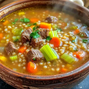 - 1 pound beef chuck roast, cut into 1-inch cubes - 1 cup pearl barley, rinsed - 4 cups low-sodium beef broth - 2 cups water - 1 medium onion, chopped - 3 carrots, diced - 2 celery stalks, diced - 3 cloves garlic, minced - 1 teaspoon dried thyme - 1 teaspoon dried rosemary - 2 bay leaves - Salt and pepper to taste - 2 tablespoons olive oil - 1 cup frozen peas (optional) - Chopped fresh parsley for garnish When you make this soup, gather your ingredients first. Start with the beef chuck roast. This cut gives a rich flavor. Next, rinse the pearl barley. It adds a nice texture. The low-sodium beef broth and water help create a tasty base. For vegetables, you'll need onion, carrots, celery, and garlic. These add depth and sweetness. The seasonings include dried thyme, dried rosemary, and bay leaves. They give the soup great aroma. Don't forget salt and pepper for flavor! If you like, you can add frozen peas. They add color and sweetness. Fresh parsley makes a lovely garnish. Having all these items ready makes cooking smooth and easy. Enjoy the process! - Searing the beef: First, heat 2 tablespoons of olive oil in a large skillet over medium-high heat. Add 1 pound of beef chuck roast cut into 1-inch cubes. Sear the beef until it is browned on all sides, about 5-7 minutes. This step boosts the flavor. - Transferring ingredients to slow cooker: Next, transfer the browned beef into your slow cooker. Add the chopped vegetables: 1 medium onion, 3 diced carrots, and 2 diced celery stalks. Also, include 3 minced garlic cloves for a rich taste. - Adding liquids and seasonings: Now, stir in 1 cup of rinsed pearl barley. Pour in 4 cups of low-sodium beef broth and 2 cups of water. Add 1 teaspoon each of dried thyme and rosemary, plus 2 bay leaves. Season with salt and pepper to taste. - Setting slow cooker temperature and time: Cover the slow cooker and cook on low for 6-8 hours or on high for 3-4 hours. This slow cooking makes the beef tender and the barley soft. - Stirring in optional ingredients before serving: About 30 minutes before you serve, if you want, stir in 1 cup of frozen peas. This adds color and a touch of sweetness to your soup. - Final adjustments and serving: Before serving, remove the bay leaves. Taste the soup and adjust the seasoning if needed. Ladle the soup into bowls and garnish with chopped fresh parsley for a fresh finish. How to sear beef properly To sear beef well, heat olive oil in a skillet. Add beef cubes in one layer. Let them cook without moving for a few minutes. This browning adds deep flavor. Flip and brown all sides for about 5-7 minutes. Importance of herb selection Choosing fresh herbs is key to a tasty soup. Dried thyme and rosemary work well in slow cooking. They release their flavors over time. If you use fresh herbs, add them later in the cooking process to keep their taste bright. Adjusting seasoning to taste Always taste the soup before serving. Add salt and pepper as needed. Each ingredient can change the flavor. Adjusting seasoning helps create a balanced dish that suits your taste. Optimal settings for cooking times Set your slow cooker on low for 6-8 hours. If you're short on time, use the high setting for 3-4 hours. The low heat gives the beef time to get tender while the flavors meld. How to avoid overcooking To prevent overcooking, stick to the times above. Check your soup near the end of cooking. If the beef is tender, it’s ready. Overcooking can make the meat tough and the barley mushy. Using the right slow cooker size Use a slow cooker that holds at least 6 quarts. This size works well for this recipe. If your cooker is too small, the soup may overflow. A larger cooker allows for even cooking and better flavor. {{image_2}} You can switch up the veggies in this soup. Try adding: - Sweet potatoes for a hint of sweetness. - Green beans for extra crunch. - Mushrooms for an earthy flavor. For meat, consider these options: - Beef brisket for a different cut. - Ground beef for a quicker cook time. - Chicken thighs if you prefer poultry. If you want grains other than barley, use: - Quinoa for a gluten-free option. - Brown rice for a hearty feel. - Farro for added texture. In winter, you can try these soups: - Creamy potato soup for a rich taste. - Spicy chili for a warm kick. - Butternut squash soup for a sweet, smooth flavor. When summer hits, add fresh herbs like: - Basil for a bright, aromatic touch. - Cilantro for a fresh, zesty flavor. - Dill for a unique twist. These changes let you enjoy the soup all year round! After you enjoy your hearty slow cooker beef barley soup, store any leftovers. First, let the soup cool down to room temperature. Then, pour it into airtight containers. Label the containers with the date to help you remember when you made it. - Refrigerating leftovers: The soup stays fresh in the fridge for 3-4 days. Just make sure the lid is on tight to keep out air and moisture. - Freezing soup for later use: If you want to keep it longer, freeze the soup. It lasts up to 3 months in the freezer. Use freezer-safe containers or bags to prevent freezer burn. When it’s time to enjoy your soup again, follow these tips for reheating. - Best methods for reheating without losing flavor: The best way to reheat the soup is on the stove. Pour it into a pot and heat on medium. Stir occasionally until it’s hot. You can also use a microwave. Heat in short intervals, stirring in between. - How to thicken soup if it thins out: If the soup is too thin after reheating, don’t worry! Mix a bit of cornstarch with cold water, then stir it into the soup. Heat for a few more minutes until it thickens up. Enjoy every spoonful! Slow Cooker Beef Barley Soup lasts about 3 to 4 days in the fridge. To keep it fresh, store it in an airtight container. Make sure to let the soup cool down before sealing it. This helps to prevent bacteria growth and keeps it tasty. Yes, you can use quick-cooking barley. Just remember to adjust the cooking time. Quick-cooking barley needs less time to cook than pearl barley. You can add it in the last 30 minutes of cooking to avoid mushiness. This way, you still get that nice texture in your soup. Absolutely! You can make this soup in a regular pot. Just use medium heat to bring it to a boil. Then, lower the heat and let it simmer for about 1.5 to 2 hours. Keep an eye on the beef to ensure it stays tender. Stir occasionally, and enjoy the rich flavors as they combine. This blog post covered how to make a tasty Slow Cooker Beef Barley Soup. We went over the key ingredients, the step-by-step cooking process, and some helpful tips. Remember, searing the beef boosts flavor, and using fresh herbs makes a big difference. You can also swap ingredients to make it your own. Finally, storing and reheating your soup properly keeps it delicious. Enjoy making this comfort food, and feel free to experiment with your own twists!