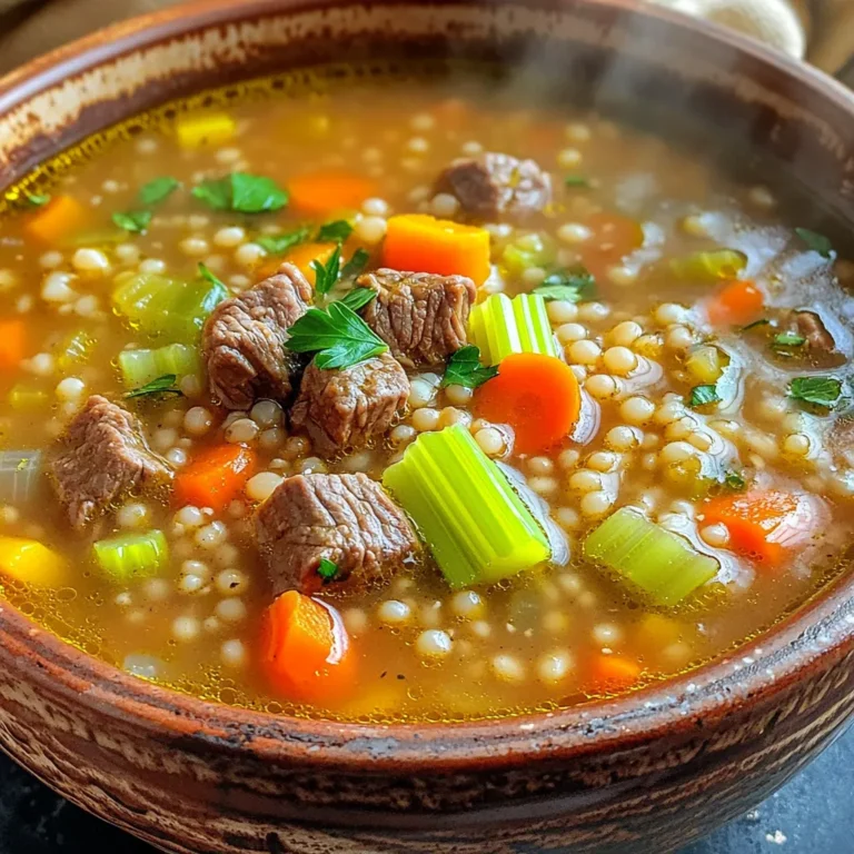 - 1 pound beef chuck roast, cut into 1-inch cubes - 1 cup pearl barley, rinsed - 4 cups low-sodium beef broth - 2 cups water - 1 medium onion, chopped - 3 carrots, diced - 2 celery stalks, diced - 3 cloves garlic, minced - 1 teaspoon dried thyme - 1 teaspoon dried rosemary - 2 bay leaves - Salt and pepper to taste - 2 tablespoons olive oil - 1 cup frozen peas (optional) - Chopped fresh parsley for garnish When you make this soup, gather your ingredients first. Start with the beef chuck roast. This cut gives a rich flavor. Next, rinse the pearl barley. It adds a nice texture. The low-sodium beef broth and water help create a tasty base. For vegetables, you'll need onion, carrots, celery, and garlic. These add depth and sweetness. The seasonings include dried thyme, dried rosemary, and bay leaves. They give the soup great aroma. Don't forget salt and pepper for flavor! If you like, you can add frozen peas. They add color and sweetness. Fresh parsley makes a lovely garnish. Having all these items ready makes cooking smooth and easy. Enjoy the process! - Searing the beef: First, heat 2 tablespoons of olive oil in a large skillet over medium-high heat. Add 1 pound of beef chuck roast cut into 1-inch cubes. Sear the beef until it is browned on all sides, about 5-7 minutes. This step boosts the flavor. - Transferring ingredients to slow cooker: Next, transfer the browned beef into your slow cooker. Add the chopped vegetables: 1 medium onion, 3 diced carrots, and 2 diced celery stalks. Also, include 3 minced garlic cloves for a rich taste. - Adding liquids and seasonings: Now, stir in 1 cup of rinsed pearl barley. Pour in 4 cups of low-sodium beef broth and 2 cups of water. Add 1 teaspoon each of dried thyme and rosemary, plus 2 bay leaves. Season with salt and pepper to taste. - Setting slow cooker temperature and time: Cover the slow cooker and cook on low for 6-8 hours or on high for 3-4 hours. This slow cooking makes the beef tender and the barley soft. - Stirring in optional ingredients before serving: About 30 minutes before you serve, if you want, stir in 1 cup of frozen peas. This adds color and a touch of sweetness to your soup. - Final adjustments and serving: Before serving, remove the bay leaves. Taste the soup and adjust the seasoning if needed. Ladle the soup into bowls and garnish with chopped fresh parsley for a fresh finish. How to sear beef properly To sear beef well, heat olive oil in a skillet. Add beef cubes in one layer. Let them cook without moving for a few minutes. This browning adds deep flavor. Flip and brown all sides for about 5-7 minutes. Importance of herb selection Choosing fresh herbs is key to a tasty soup. Dried thyme and rosemary work well in slow cooking. They release their flavors over time. If you use fresh herbs, add them later in the cooking process to keep their taste bright. Adjusting seasoning to taste Always taste the soup before serving. Add salt and pepper as needed. Each ingredient can change the flavor. Adjusting seasoning helps create a balanced dish that suits your taste. Optimal settings for cooking times Set your slow cooker on low for 6-8 hours. If you're short on time, use the high setting for 3-4 hours. The low heat gives the beef time to get tender while the flavors meld. How to avoid overcooking To prevent overcooking, stick to the times above. Check your soup near the end of cooking. If the beef is tender, it’s ready. Overcooking can make the meat tough and the barley mushy. Using the right slow cooker size Use a slow cooker that holds at least 6 quarts. This size works well for this recipe. If your cooker is too small, the soup may overflow. A larger cooker allows for even cooking and better flavor. {{image_2}} You can switch up the veggies in this soup. Try adding: - Sweet potatoes for a hint of sweetness. - Green beans for extra crunch. - Mushrooms for an earthy flavor. For meat, consider these options: - Beef brisket for a different cut. - Ground beef for a quicker cook time. - Chicken thighs if you prefer poultry. If you want grains other than barley, use: - Quinoa for a gluten-free option. - Brown rice for a hearty feel. - Farro for added texture. In winter, you can try these soups: - Creamy potato soup for a rich taste. - Spicy chili for a warm kick. - Butternut squash soup for a sweet, smooth flavor. When summer hits, add fresh herbs like: - Basil for a bright, aromatic touch. - Cilantro for a fresh, zesty flavor. - Dill for a unique twist. These changes let you enjoy the soup all year round! After you enjoy your hearty slow cooker beef barley soup, store any leftovers. First, let the soup cool down to room temperature. Then, pour it into airtight containers. Label the containers with the date to help you remember when you made it. - Refrigerating leftovers: The soup stays fresh in the fridge for 3-4 days. Just make sure the lid is on tight to keep out air and moisture. - Freezing soup for later use: If you want to keep it longer, freeze the soup. It lasts up to 3 months in the freezer. Use freezer-safe containers or bags to prevent freezer burn. When it’s time to enjoy your soup again, follow these tips for reheating. - Best methods for reheating without losing flavor: The best way to reheat the soup is on the stove. Pour it into a pot and heat on medium. Stir occasionally until it’s hot. You can also use a microwave. Heat in short intervals, stirring in between. - How to thicken soup if it thins out: If the soup is too thin after reheating, don’t worry! Mix a bit of cornstarch with cold water, then stir it into the soup. Heat for a few more minutes until it thickens up. Enjoy every spoonful! Slow Cooker Beef Barley Soup lasts about 3 to 4 days in the fridge. To keep it fresh, store it in an airtight container. Make sure to let the soup cool down before sealing it. This helps to prevent bacteria growth and keeps it tasty. Yes, you can use quick-cooking barley. Just remember to adjust the cooking time. Quick-cooking barley needs less time to cook than pearl barley. You can add it in the last 30 minutes of cooking to avoid mushiness. This way, you still get that nice texture in your soup. Absolutely! You can make this soup in a regular pot. Just use medium heat to bring it to a boil. Then, lower the heat and let it simmer for about 1.5 to 2 hours. Keep an eye on the beef to ensure it stays tender. Stir occasionally, and enjoy the rich flavors as they combine. This blog post covered how to make a tasty Slow Cooker Beef Barley Soup. We went over the key ingredients, the step-by-step cooking process, and some helpful tips. Remember, searing the beef boosts flavor, and using fresh herbs makes a big difference. You can also swap ingredients to make it your own. Finally, storing and reheating your soup properly keeps it delicious. Enjoy making this comfort food, and feel free to experiment with your own twists!