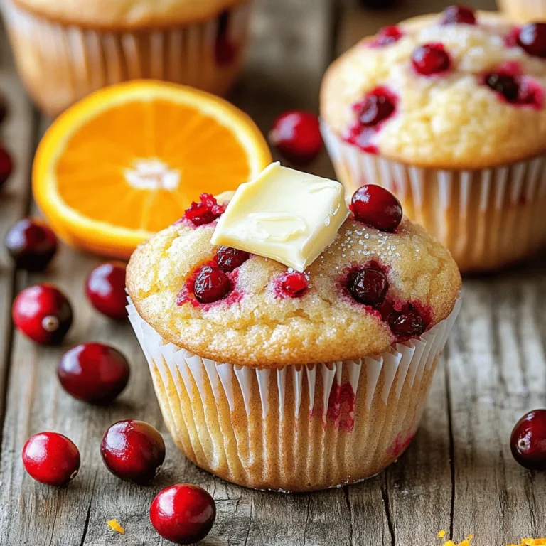 Let’s gather the ingredients for the cranberry orange muffins. Here’s what you will need: - 1 ½ cups all-purpose flour - ½ cup granulated sugar - ½ teaspoon baking soda - 1 teaspoon baking powder - ½ teaspoon salt - ½ cup unsalted butter, melted - 2 large eggs - 1 cup fresh cranberries, chopped (or frozen, thawed) - Zest of 1 orange - ½ cup freshly squeezed orange juice - 1 teaspoon vanilla extract - ¼ teaspoon ground cinnamon Optional garnish ideas include a slice of orange or a few whole cranberries. These add a nice touch for serving. Each ingredient plays a key role. The flour gives structure, while the sugar adds sweetness. Baking soda and baking powder help the muffins rise. Salt enhances the flavors. The butter keeps them moist, and eggs bind everything together. Fresh cranberries bring a tart bite. Orange zest and juice infuse a bright, citrusy flavor. Finally, vanilla extract and cinnamon add warmth and depth. This mix of flavors makes the muffins truly delightful. Feel free to explore different garnishes to make your muffins shine even more! 1. Preheat your oven to 350°F (175°C). This helps muffins bake evenly. 2. Line a muffin tin with paper liners or grease it with cooking spray. This makes for easy removal. 3. In a large bowl, whisk together: - 1 ½ cups all-purpose flour - ½ cup granulated sugar - ½ teaspoon baking soda - 1 teaspoon baking powder - ½ teaspoon salt - ¼ teaspoon ground cinnamon Mixing these dry ingredients first ensures even distribution. 1. In another bowl, mix together: - ½ cup unsalted butter, melted - 2 large eggs - Zest of 1 orange - ½ cup freshly squeezed orange juice - 1 teaspoon vanilla extract Stir until the mixture is smooth and well combined. The zest gives a nice aroma. 1. Pour the wet ingredients into the dry ingredients. Stir gently until combined. A few lumps are okay. 2. Fold in: - 1 cup fresh cranberries, chopped This adds a burst of flavor and color to your muffins. 3. Spoon the batter into the prepared muffin tin. Fill each cup about two-thirds full. This helps them rise properly. 4. Bake in the preheated oven for 18-20 minutes. Check with a toothpick. If it comes out clean, they are ready. 5. After baking, let the muffins cool in the pan for 5 minutes. Then transfer them to a wire rack to cool completely. This prevents sogginess. Enjoy your delightful cranberry orange muffins! To get the perfect texture in your cranberry orange muffins, avoid overmixing the batter. When you combine wet and dry ingredients, stir gently. It's okay to have a few lumps; they will help keep your muffins light and fluffy. To know when your muffins are done, use a toothpick. Insert it into the center of a muffin. If it comes out clean, your muffins are ready. If you see batter on the toothpick, bake them a little longer. The best way to serve cranberry orange muffins is warm. A pat of butter or a drizzle of honey on top adds a rich flavor. You can also garnish them with a slice of orange or a few whole cranberries for a festive look. For drinks, pair these muffins with a hot cup of tea or coffee. The citrus flavor of orange juice works well with both. You can also enjoy them with a spread like cream cheese or a light orange marmalade. {{image_2}} You can change the flour in your muffins. Whole wheat flour adds more fiber. It gives a nice nutty taste too. You can also try gluten-free flour if you need it. This swap keeps the taste great while making it gluten-free. Adding nuts or chocolate chips can make your muffins even better. Chopped walnuts or pecans add crunch. If you love sweet treats, try adding chocolate chips. They melt and make every bite special. You can make your muffins more exciting by adding herbs or spices. A bit of ginger gives a nice kick. Nutmeg adds warmth and depth. Just a pinch can change the whole flavor. You can also change how sweet your muffins are. If you like less sugar, cut back on the granulated sugar. You can even use honey or maple syrup for a unique taste. Adjusting sweetness can make these muffins just right for you. To store your muffins on the counter, place them in an airtight container. Make sure they cool completely before you seal them. This helps keep them soft and fresh. Your muffins will last about 2 to 3 days at room temperature. If you want to enjoy them a bit longer, you can also cover them with foil or plastic wrap. For long-term storage, freezing is the best option. Wrap each muffin in plastic wrap. Then, place them in a freezer bag. This keeps them safe from freezer burn. Your muffins can stay in the freezer for up to 3 months. When you want to eat them, you can thaw them overnight in the fridge. You can also leave them at room temperature for a few hours. To reheat muffins while keeping them fresh, use the oven. Preheat it to 350°F (175°C). Place the muffins on a baking sheet and cover them with foil. Heat for about 10 minutes. This method keeps the muffins soft and warm. You can also use the microwave. Heat one muffin for 15-20 seconds. Check it to avoid overheating, which can dry it out. Enjoy your delicious muffins warm! Can I use frozen cranberries for this recipe? Yes, you can use frozen cranberries. Just thaw them first. This helps them mix well into the batter. You can chop them like fresh cranberries. How can I make these muffins vegan? To make these muffins vegan, replace eggs with flax eggs or applesauce. Use a plant-based butter instead of regular butter. Choose a non-dairy milk for the orange juice if desired. How long do cranberry orange muffins last? Cranberry orange muffins last about 2 to 3 days at room temperature. Store them in an airtight container to keep them fresh. What's the best way to preserve muffins freshness? To keep muffins fresh, wrap them tightly in plastic wrap. You can also use a resealable bag. This keeps moisture in and air out. Can I make mini muffins instead of regular-size muffins? Yes, you can make mini muffins. Just adjust the baking time. Bake them for about 12 to 15 minutes. Check for doneness with a toothpick. What can I substitute for orange juice? You can use lemon juice or apple juice as a substitute. Both add a nice flavor. Adjust the sweetness if needed, as lemon juice is more tart. Cranberry orange muffins are a delightful treat that blend sweet and tart flavors. We covered the key ingredients, step-by-step instructions, and useful tips to perfect your muffins. Remember, you can easily modify the recipe to suit your taste. Don’t forget storage methods to keep them fresh. I hope these insights inspire you to bake. Enjoy the process and share your yummy muffins with family and friends!