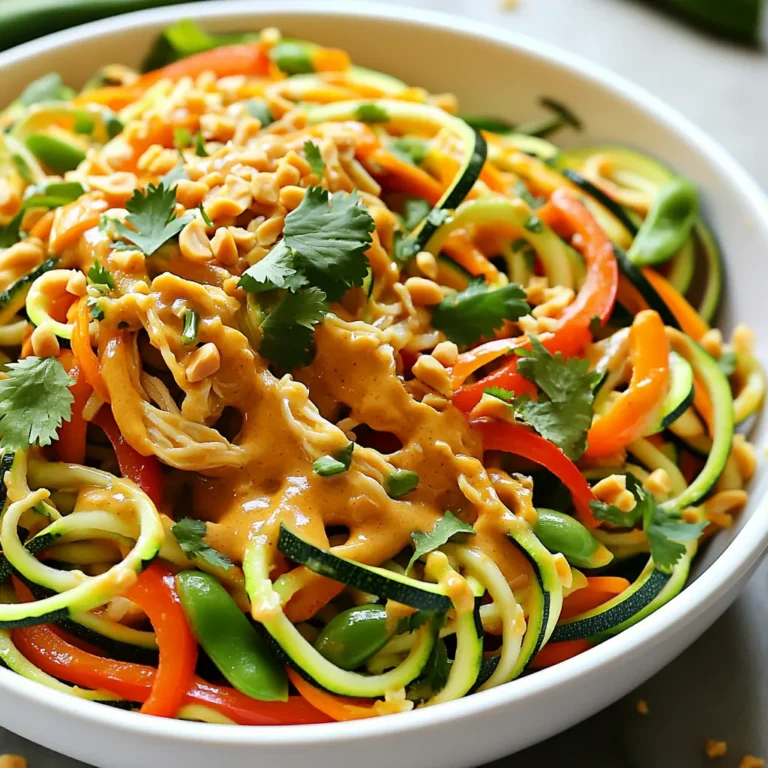 To make a tasty Spicy Thai Peanut Zoodle Stir-Fry, you need some key ingredients. Here’s what you will need: - 2 medium zucchinis, spiralized into noodles (zoodles) - 1 cup bell peppers, sliced (mix of red and yellow for color) - 1 cup sugar snap peas, trimmed - 1 cup carrots, julienned - 1 cup cooked chicken breast, shredded (or tofu for a vegetarian version) - 1/4 cup creamy peanut butter - 2 tablespoons soy sauce - 1 tablespoon lime juice - 1 tablespoon sesame oil - 1 tablespoon sriracha (adjust for spice preference) - 2 cloves garlic, minced - 1 inch ginger, grated - 2 tablespoons chopped cilantro (for garnish) - Crushed peanuts (for topping) These ingredients create a mix of flavors that blend well together. The zoodles give a fresh feel, while the peanut butter adds creaminess. You can enhance your stir-fry with some optional add-ins. Here are a few ideas: - Red pepper flakes for extra heat - Green onions for a mild onion taste - Broccoli for a crunchy texture - Baby corn for a sweet bite - Sesame seeds for a nutty flavor Feel free to get creative. Each add-in brings a unique twist that makes the dish special. Knowing the nutrition in your meal is important. Here’s a breakdown per serving: - Calories: 350 - Protein: 25g - Carbohydrates: 30g - Fat: 15g - Fiber: 5g This dish packs a lot of nutrients. It keeps you full and satisfied while tasting great! Start by washing your zucchinis. Use a spiralizer to turn them into zoodles. Next, slice the bell peppers. A mix of red and yellow adds great color. Trim the sugar snap peas and julienne the carrots. You want all veggies ready before cooking. This makes the stir-fry quick and easy. In a bowl, combine the creamy peanut butter, soy sauce, lime juice, and sriracha. Whisk these ingredients until smooth. If the sauce is too thick, add a tablespoon of water. The sauce should be pourable but thick enough to coat the veggies well. Heat sesame oil in a large skillet over medium heat. Add minced garlic and grated ginger. Stir for about 30 seconds until they smell great. Toss in the bell peppers, sugar snap peas, and carrots. Stir-fry for 3-5 minutes. The veggies should be crisp but tender. Add the shredded chicken or tofu next and mix well. Pour the peanut sauce over everything. Toss to coat the mixture evenly. Lastly, fold in the zoodles and cook for 1-2 minutes. Just heat them through, don't overcook. Remove from heat, then garnish with cilantro and crushed peanuts. Enjoy your colorful, spicy meal! To make zoodles, you need a spiralizer. A simple hand-held spiralizer works fine. Just slice off the ends of the zucchini. Then, clamp it into the spiralizer and twist. This gives you long, noodle-like strands. If you don’t have a spiralizer, you can use a vegetable peeler. Peel long strips and stack them. Cut these strips into thinner pieces for zoodles. Spice is key in this dish. Start with one tablespoon of sriracha. If you want more heat, add more sriracha. You can also use chili flakes for extra spice. If you prefer less heat, use half a tablespoon. Remember, you can always add more spice later, but you cannot take it away. Taste as you cook. This way, you can find your perfect heat balance. A good non-stick skillet or wok is essential. It helps avoid sticking and makes stir-frying easy. A wooden spoon or spatula works best for stirring. Make sure your pan is hot before adding oil. This keeps the veggies crisp. If you have a lid, use it to trap steam. This helps cook the zoodles quickly without getting them mushy. {{image_2}} You can easily make this dish vegetarian or vegan. Simply swap the chicken for tofu. Tofu absorbs flavors well, giving you a nice taste. You can also use tempeh for a nutty twist. If you want extra protein, try adding edamame or chickpeas. For a creamy touch, use almond or cashew butter instead of peanut butter. While chicken and tofu are great, there are other options. Shrimp works well if you enjoy seafood. It cooks fast and adds a nice flavor. For a heartier choice, consider seitan. This plant-based meat has a chewy texture that many love. You can even use beef strips for a richer taste. Not all ingredients are a must. If you cannot find zoodles, use regular pasta for a classic dish. You can also try spaghetti squash or rice noodles. For soy sauce, tamari is a gluten-free option. If you don't have sriracha, chili paste or red pepper flakes can add heat. Lastly, lime juice can be replaced with lemon juice for a similar tang. Store your Spicy Thai Peanut Zoodle Stir-Fry in an airtight container. Let it cool first. Keep it in the fridge for up to three days. Make sure to separate the zoodles from the sauce if you want them to stay firm. This helps keep the zoodles from getting too soft. When you want to eat leftovers, reheat them in a skillet. Add a splash of water for steam. Heat on medium until warm, stirring gently. This will help keep the zoodles nice and crisp. You can also use the microwave. Heat in short bursts to avoid overcooking. If you want to freeze the dish, it’s best to freeze the sauce and zoodles separately. Place the sauce in a freezer bag and squeeze out the air. For zoodles, lay them flat in a bag before freezing. They can last up to three months. Thaw in the fridge overnight before reheating. Yes, you can use regular pasta. However, zoodles are lower in carbs and calories. They also add a fresh crunch. If you prefer pasta, cook it according to the package. Mix it with the sauce just like zoodles. You can add many vegetables to this stir-fry. Broccoli, mushrooms, and snap peas are great choices. You can also use bok choy or bell peppers for more color. Feel free to get creative with what you have on hand. This dish has a nice kick from the sriracha. You can adjust the spice level by adding more or less sriracha. If you want it milder, start with a small amount. Taste and add more if needed until it suits your taste. You can prepare the stir-fry ahead of time. Cook the vegetables and protein, then store them in the fridge. Make the peanut sauce separately and combine them just before serving. This keeps the zoodles fresh and prevents them from getting soggy. This blog post covered all you need for a spicy Thai peanut zoodle stir-fry. We explored essential ingredients and optional add-ins for extra flavor. I shared simple steps for preparing veggies, making peanut sauce, and cooking zoodles. You learned tips for spiralizing zucchini and adjusting spice levels. We also talked about tasty variations and proper storage methods. Remember, you can customize this dish to fit your taste anytime. Dive into this recipe and enjoy a healthy meal!