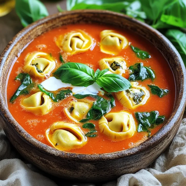 To make creamy tomato basil tortellini soup, you need a few key items. Here is your list: - 1 large onion, diced - 3 cloves garlic, minced - 28 oz can crushed tomatoes - 4 cups vegetable broth - 1 teaspoon dried oregano - 1 teaspoon dried basil - 1 cup heavy cream - 2 cups fresh baby spinach - 1 package (about 9 oz) cheese-filled tortellini - Salt and pepper to taste These ingredients work together to create a rich and tasty soup. The onion and garlic add depth. Crushed tomatoes give it a vibrant color and flavor. The tortellini makes it hearty and filling. While the soup tastes great as is, you can enhance it with a few garnishes. Here are some options to consider: - Fresh basil leaves for garnish - A sprinkle of grated Parmesan cheese - A drizzle of olive oil These small touches can really elevate your soup. Fresh basil adds a burst of flavor and color. Parmesan cheese brings a salty note that pairs well with the tomatoes. The broth and cream you choose can affect the flavor and texture of your soup. For the broth, I recommend using vegetable broth for a lighter taste. If you prefer meat, chicken broth works too. When it comes to cream, heavy cream is best. It gives the soup a rich and velvety texture. You can substitute with half-and-half for a lighter option, but it may not be as creamy. Using good quality ingredients makes a difference. Always opt for organic or fresh when you can. Start by gathering all your ingredients. You will need: - 1 large onion, diced - 3 cloves garlic, minced - 28 oz can crushed tomatoes - 4 cups vegetable broth - 1 teaspoon dried oregano - 1 teaspoon dried basil - 1 cup heavy cream - 2 cups fresh baby spinach - 1 package (about 9 oz) cheese-filled tortellini - Salt and pepper to taste - Fresh basil leaves for garnish (optional) Next, chop the onion and mince the garlic. This step sets the flavor base for the soup. Make sure to dice the onion small so it cooks well. In your slow cooker, combine the diced onion, minced garlic, crushed tomatoes, vegetable broth, dried oregano, and dried basil. Stir to mix well. This mix will simmer and create a rich flavor. Cover the slow cooker. Cook it on low for 4 hours or on high for 2 hours. You want the onions to soften and the flavors to blend. Don’t lift the lid too often; it needs time to cook. After the cooking time, it’s time for the cream and tortellini. Stir in the heavy cream gently. Then, add the cheese tortellini and fresh baby spinach. Cover the slow cooker again. Cook on low for another 30 minutes. This step heats the tortellini and wilts the spinach. Before serving, taste the soup. Add salt and pepper to your liking. When ready, ladle the soup into bowls. If you like, garnish with fresh basil leaves. Serve with crusty bread for a hearty meal. Enjoy! To make the best creamy tomato basil tortellini soup, follow these tips: - Prep your ingredients: Always dice your onion and mince your garlic before starting. This saves time and ensures even cooking. - Layer wisely: Place the harder ingredients, like onion and garlic, at the bottom of the slow cooker. This helps them cook well. - Go low and slow: For rich flavors, cook on low for four hours. If short on time, cooking on high for two hours works too. Want to boost the taste of your soup? Here are some ideas: - Fresh herbs: Add chopped fresh basil towards the end of cooking. This keeps the flavor bright and fresh. - Season well: Don’t forget salt and pepper. Taste your soup before serving to adjust the seasoning. - Add a splash: Try adding a splash of balsamic vinegar for a tangy kick. It complements the tomatoes nicely. Avoid these pitfalls to ensure your soup is perfect: - Skipping the sauté: Some might skip sautéing the onion and garlic. This step builds flavor, so don’t skip it! - Overcooking the tortellini: If you cook the tortellini too long, they can become mushy. Check them after thirty minutes. - Not tasting: Always taste your soup before serving. Adjust seasoning if needed. This simple step makes a big difference! {{image_2}} You can boost the soup with proteins. Chicken is a great choice. Just add cooked, shredded chicken before serving. You can also use sausage. Cook it, slice it, and stir it in. For a vegetarian option, try beans. White beans or chickpeas work well. They add protein and fiber. Mix in different veggies for more color and taste. Carrots add sweetness. Zucchini brings a nice texture. Bell peppers add crunch and flavor. Just chop them and add them to the slow cooker at the start. You can also add mushrooms for an earthy taste. Spinach is great, but you can swap it for kale or Swiss chard. If you need a gluten-free meal, use gluten-free tortellini. They are easy to find in stores. For a dairy-free option, replace heavy cream with coconut milk or cashew cream. This will keep the soup creamy without dairy. Just make sure to check labels for any hidden gluten or dairy. To keep your creamy tomato basil tortellini soup fresh, store it in an airtight container. Make sure to cool the soup to room temperature before sealing it. This helps prevent moisture and keeps flavors intact. You can store it in the fridge for up to four days. If you want to enjoy it later, freezing is a great option. When you're ready to enjoy the soup again, gently reheat it on the stove. Use low to medium heat for even warming. Stir often to avoid sticking. You can also use a microwave for quick reheating. Just place it in a microwave-safe bowl and cover it. Heat in 30-second bursts, stirring in between, until hot. If you decide to freeze your soup, separate it into smaller portions. This makes it easier to thaw only what you need. Use freezer-safe containers or bags to prevent freezer burn. When ready to eat, thaw it overnight in the fridge. Reheat on the stove or microwave as described above. Enjoy the delicious flavors just like the first time! Yes, you can use frozen tortellini. Just add it to the soup near the end of cooking. The tortellini will cook perfectly in the warm broth. It saves time and makes it easy! To make the soup thicker, try these tips: - Add more heavy cream. It will create a richer texture. - Blend some of the soup with an immersion blender. This creates a smooth base. - Stir in some grated cheese. It will melt and add creaminess. - Use less broth at the start. This gives you a thicker soup from the beginning. This soup pairs well with several sides: - Crusty bread for dipping. - A fresh green salad for a light touch. - Garlic bread for extra flavor. - Grilled cheese sandwiches for a cozy meal. Each option complements the soup and makes your meal even better! This blog covers all you need for Creamy Tomato Basil Tortellini Soup. We discussed essential ingredients, easy preparation, and slow cooking tips. You learned about enhancing flavors and avoiding common mistakes. Consider the various variations, like adding proteins or veggies. I shared important storage and reheating tips to keep your soup fresh. Now, you can enjoy this delicious dish safely and easily. Go ahead, make it your own, and enjoy every bite.