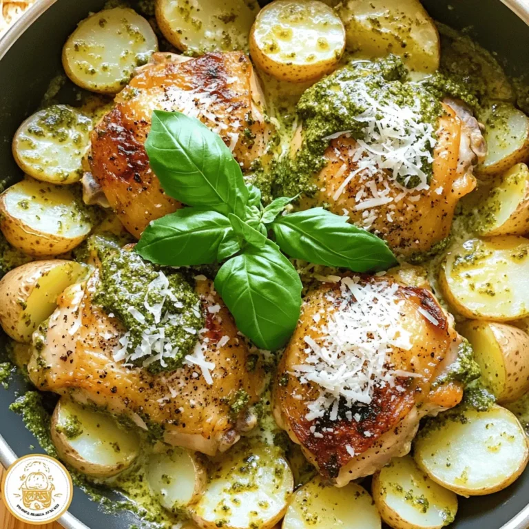 In this dish, every ingredient plays a vital role in creating flavor. Here’s what you need: - 4 boneless skinless chicken thighs - 2 cups baby potatoes, halved - 1 cup heavy cream - 1/2 cup basil pesto - 1 teaspoon garlic powder - 1 teaspoon onion powder - Salt and pepper to taste - 2 tablespoons olive oil - 1/2 cup grated Parmesan cheese - Fresh basil leaves for garnish Each ingredient adds its own special touch. The chicken thighs provide a juicy base. Baby potatoes add heartiness. The heavy cream and pesto create a rich sauce. Garlic and onion powder give depth, while Parmesan cheese adds a savory finish. Fresh basil is a must for color and flavor. When you gather these ingredients, you set the stage for a delicious meal. Enjoy the process of cooking and the joy of sharing this dish with others! - Preheat Oven and Prepare Skillet Start by preheating your oven to 400°F (200°C). Grab a large oven-safe skillet. Add two tablespoons of olive oil to the skillet and heat it over medium heat. - Seasoning the Chicken Thighs While the skillet heats, take four boneless, skinless chicken thighs. Season both sides with salt, pepper, garlic powder, and onion powder. Make sure the seasoning is even. - Searing the Chicken Once the oil is hot, carefully add the chicken thighs to the skillet. Sear them for about five minutes on each side until they're golden brown. After searing, remove the chicken and set it aside on a plate. - Tossing Baby Potatoes with Oil and Seasonings In the same skillet, toss in two cups of halved baby potatoes. Use any leftover oil and seasonings. Stir the potatoes for about five to seven minutes. They should start to soften. - Mixing Cream and Pesto In a separate bowl, mix one cup of heavy cream with half a cup of basil pesto. Stir until the mixture is well combined. This creamy sauce will bring great flavor to the dish. - Combining Ingredients in Skillet Pour the creamy pesto mixture over the potatoes in the skillet. Stir to ensure all the potatoes are coated. Next, place the seared chicken thighs back into the skillet, nestling them among the potatoes. Sprinkle half a cup of grated Parmesan cheese over the top. - Baking Process and Timing Now, transfer the skillet to your preheated oven. Bake for 25 to 30 minutes. Check that the chicken is cooked through and the potatoes are tender. After baking, let it cool for a few minutes before serving. - Best Practices for Searing Chicken Start with a hot skillet. This helps brown the chicken well. Season the chicken thighs with salt, pepper, garlic powder, and onion powder. Place them in the pan without crowding. Cook for about 5 minutes on each side. You want a golden crust for flavor. - Ensuring Potatoes Are Tender Cut the baby potatoes in half. This helps them cook faster. Toss them in the skillet with the leftover oil and seasonings. Cook them for about 5-7 minutes. Stir occasionally until they start to soften. - Garnishing with Fresh Basil Once you finish cooking, sprinkle fresh basil leaves on top. This adds color and flavor. The vibrant green contrasts nicely with the creamy dish. - Serving Options (skillet vs. plate) You can serve directly from the skillet. This keeps the dish warm and inviting. If you prefer, plate the chicken and potatoes for a more formal touch. Either way, enjoy the beautiful presentation! {{image_2}} You can switch chicken thighs for chicken breast if you want a leaner option. Chicken breast cooks faster, so check it sooner. If you're looking for a plant-based choice, try tofu. Press the tofu to remove extra water, then cube it. Cook it just like the chicken for a tasty meal. For dairy-free options, swap heavy cream with coconut milk or cashew cream. Both will add creaminess without dairy. Make sure to use dairy-free pesto as well. This way, everyone can enjoy the dish. Adding veggies can make this dish even better. Consider spinach or cherry tomatoes. Spinach wilts down nicely, mixing well with the creamy sauce. Cherry tomatoes add a sweet burst of flavor. Toss them in when mixing the cream and pesto. You can also adjust the amount of pesto and cream to fit your taste. Use more pesto for a bolder flavor. If you like it creamier, just add extra cream. Finding the right balance makes this dish your own. To store leftovers in the fridge, first let the dish cool. Place the chicken and potatoes in an airtight container. This keeps them fresh and tasty. Store in the fridge for up to three days. For reheating, use a microwave or an oven. If using a microwave, heat on medium power. Stir halfway to ensure even heating. In an oven, preheat to 350°F (175°C). Cover the dish with foil to keep it moist. Heat for about 15-20 minutes. To freeze portions, let the dish cool completely. Use freezer-safe containers or bags. Label them with the date. This helps track how long they have been frozen. You can freeze it for up to three months. When you are ready to eat, thaw in the fridge overnight. For a quicker option, you can use a microwave on the defrost setting. After thawing, reheat using the same methods mentioned above. This way, your creamy pesto chicken and potatoes will taste just as good. Yes, you can prepare this dish ahead of time. Cook the chicken and potatoes as directed. Let them cool down. Store them in the fridge for up to two days. When ready to eat, just reheat and serve. This dish pairs well with a simple salad or steamed vegetables. You can also serve it with crusty bread. The bread helps soak up the creamy sauce. Yes, you can use a slow cooker for this recipe. First, brown the chicken in a skillet. Then, place the chicken and potatoes in the slow cooker. Mix the cream and pesto and pour it over the chicken. Cook on low for 4-6 hours. Enjoy the same creamy goodness! This post shared a tasty creamy pesto chicken and potatoes recipe. We covered key ingredients, cooking steps, tips for success, and ideas for variations. You learned how to prepare, cook, and store this dish to keep it fresh. Remember to mix in your favorite veggies for more flavor. I hope you feel inspired to try this simple, delicious recipe soon. Enjoy your cooking and happy eating!