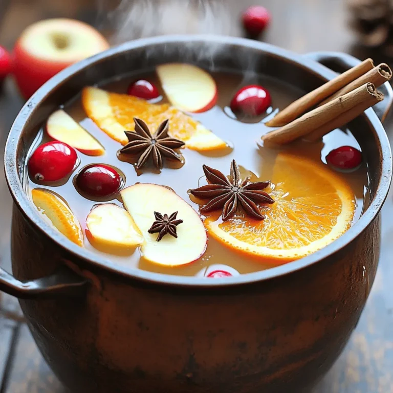 - 4 cups apple cider - 1 orange, sliced - 5-6 whole cloves - 2-3 star anise - 2-3 cinnamon sticks - 1 tablespoon grated fresh ginger - 1 tablespoon brown sugar - Pinch of nutmeg - Fresh apple slices or cranberries for garnish When I prepare spiced mulled cider, I like to use fresh ingredients. The apple cider is the base of this drink. It gives a sweet and tangy flavor that warms you up. I add slices of orange for a bright citrus taste. Whole cloves and star anise give it a warm, spicy kick. The cinnamon sticks add a cozy aroma that fills my kitchen. Grated fresh ginger adds a zesty note that balances the sweetness. I use brown sugar to sweeten the cider, but I always taste it first. A pinch of nutmeg adds depth, enhancing the spices. For garnishing, I love using fresh apple slices or cranberries. They make the drink look beautiful and add a little extra flavor. - Alcoholic variations (e.g., rum, whiskey) - Sweeteners adjustment (honey, maple syrup) - Alternative spices (cardamom, allspice) If you want to be adventurous, try adding a splash of rum or whiskey. It gives the cider a fun twist, perfect for a cozy night. For sweetness, you can swap brown sugar with honey or maple syrup. This adds unique flavors, so feel free to experiment. You can also switch up the spices. Cardamom and allspice bring their own warm notes. This drink is flexible, so make it your own! 1. First, take a large pot and pour in the apple cider. 2. Heat it over medium heat. Watch for it to start simmering. 3. Next, add the sliced orange, whole cloves, star anise, and cinnamon sticks. 4. Stir in the grated fresh ginger, brown sugar, and a pinch of nutmeg. 5. Adjust the sweetness based on your taste. 1. Lower the heat and let the cider simmer for 15 to 20 minutes. 2. This time lets the spices blend well with the cider. 3. You will smell a warm aroma as the flavors mix. 1. After simmering, remove the pot from the heat. 2. Strain the mulled cider through a fine sieve. This removes the solid spices. 3. Serve the warm cider in mugs. 4. Garnish with fresh apple slices or cranberries for a nice touch. - Choosing the right apple cider: Look for fresh, unfiltered apple cider. Local orchards often have the best options. This cider has a rich flavor that enhances your drink. - Adjusting spice levels to personal taste: Start with the recipe spices. Then, taste as you go. If you want more warmth, add extra ginger or a bit more cinnamon. - Ensuring proper infusion time: Let the cider simmer for 15-20 minutes. This time allows the spices to blend well with the cider. The longer you simmer, the deeper the flavor gets. - Overheating or boiling the cider: Keep the heat low. Boiling can make the cider taste bitter. Gentle heat gives you a smoother, sweeter drink. - Not straining the cider properly: Always strain your cider after simmering. This step removes solids. You want a clear, smooth drink in your mug. - Additional garnishing options: Consider adding fresh herbs like mint or thyme for a twist. You can also use star anise or extra orange slices for added flavor. - Pairing suggestions with food: Serve spiced mulled cider with sweet treats, like cookies or pies. It also goes well with savory dishes, like roasted meats. This pairing will delight your guests. {{image_2}} You can make spiced mulled cider with or without alcohol. For an adult drink, try adding rum or whiskey. These spirits add warmth and depth. A splash of bourbon gives a nice kick. You can also mix it with some cranberry juice for a fruity twist. For a kid-friendly version, use the same spices in the recipe but skip the alcohol. The warm cider tastes great on its own. You can sweeten it with honey or maple syrup for extra flavor. Kids love it garnished with apple slices or cranberries. Customizing your mulled cider is fun! You can change spices to suit your taste. If you love heat, add a pinch of cayenne pepper. Want a floral note? Try adding cardamom pods. Each spice brings its own flair. Seasonal flavors can also shine. In fall, add a few slices of pear. In winter, try fresh nutmeg or even vanilla bean. These additions make the drink special and unique. Spiced mulled cider is best served warm. Pour it into mugs and savor the warmth. If you prefer it cold, chill it in the fridge. Serve it over ice for a refreshing treat in summer. You can also transform it into cocktails. For a fun twist, mix the cider with ginger beer or club soda. This gives a bubbly and festive touch. You can create a memorable drink for parties or gatherings. To store spiced mulled cider, let it cool first. Pour it into a clean jar. Seal it tightly with a lid. Place it in the fridge. Proper storage keeps the cider fresh for about 3 to 5 days. Always check for any off smells before using it again. To reheat, pour your cider into a pot. Heat it on low. This keeps the flavors intact. Stir gently and watch it closely. Do not let it boil. For serving, warm mugs enhance the experience. You can also add fresh apple slices or cranberries as a garnish. This adds color and flavor to each cup. Spiced mulled cider is a warm drink made from apple cider and spices. It has a rich, sweet taste. Common spices include cinnamon, cloves, and star anise. Often, people add orange slices and ginger for a zesty kick. This cozy drink is perfect for chilly days and gatherings. It fills your home with a lovely, inviting aroma. Yes, you can easily make spiced mulled cider in a slow cooker. Just combine all the ingredients in the pot. Set it on low heat for a few hours. This method allows the flavors to meld well over time. It also keeps the cider warm for serving. This is great for parties or family gatherings. You can adjust the sweetness by adding brown sugar or honey. Start with a little, then taste as you go. This way, you can find the right balance for your preferences. If it’s too sweet, add a splash of lemon juice. This will help cut the sweetness and enhance the flavor. Yes, mulled cider has some health benefits. The spices like cinnamon and ginger can help digestion. They also have anti-inflammatory properties. Apple cider is rich in antioxidants, which are good for your health. Drinking it warm can also provide comfort during cold weather. You can use store-bought apple juice as a substitute. However, it may lack the depth of flavor found in real apple cider. If using juice, you might want to add more spices to boost the taste. Remember, the fresher the ingredients, the better the mulled cider will taste. Spiced mulled cider is warm, flavorful, and fun to make. By using ingredients like apple cider, spices, and ginger, you create a drink that fits any season. Remember to heat your cider without boiling it for the best flavor. You can customize it with alcohol or extra spices to suit your taste. Proper storage keeps leftovers fresh, and reheating is simple. Enjoy this cozy drink at your next gathering, or share it with loved ones. There’s nothing like a cup of spiced mulled cider to brighten your day.