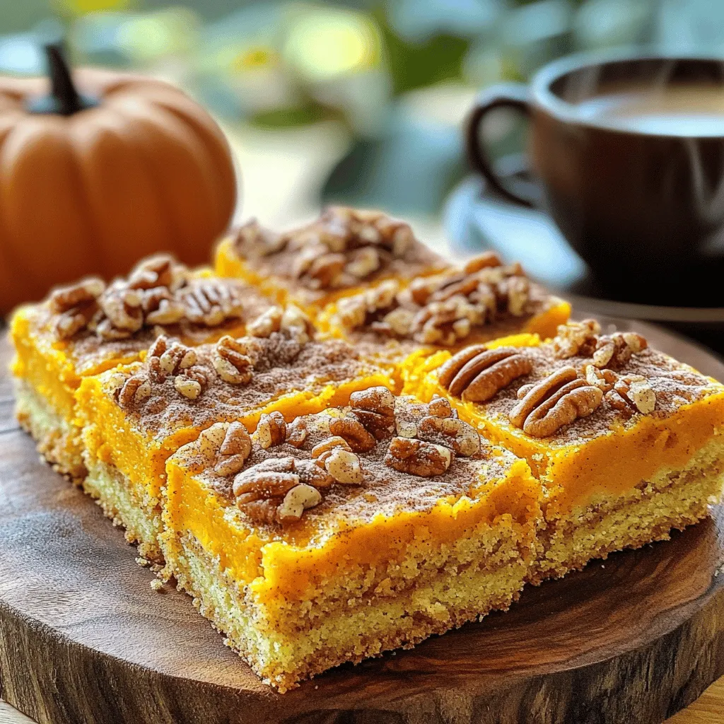 - 2 cups all-purpose flour - 1 ½ teaspoons baking powder - 1 teaspoon baking soda - 1 teaspoon ground cinnamon - ½ teaspoon ground nutmeg - ½ teaspoon ground ginger - ¼ teaspoon ground cloves - ½ teaspoon salt - 1 cup granulated sugar - ½ cup unsalted butter, softened - 2 large eggs - 1 cup canned pumpkin puree - 1 teaspoon vanilla extract - ½ cup buttermilk - ½ cup packed brown sugar - 1 tablespoon ground cinnamon - 2 tablespoons all-purpose flour - ½ cup chopped pecans or walnuts - 2 tablespoons granulated sugar - 1 teaspoon ground cinnamon When making pumpkin spice coffee cake, you need the right mix of ingredients. For the dry ingredients, you start with flour, baking powder, and baking soda. These help the cake rise. The spices like cinnamon, nutmeg, ginger, and cloves give it that warm fall flavor. Don't forget the salt; it balances the sweet. For the wet ingredients, you’ll need sugar and softened butter. Cream these together for a fluffy base. Then, add the eggs one by one, mixing well each time. Next comes the star of the show: canned pumpkin puree. It adds moisture and flavor. Finally, stir in some vanilla extract and buttermilk for richness. For the cinnamon swirl, mix brown sugar, ground cinnamon, and flour. This adds a sweet, spiced layer. Lastly, the topping includes chopped nuts, sugar, and more cinnamon. This gives your cake a nice crunch and a sweet finish. Each component plays a key role in creating a rich, flavorful cake that is perfect for fall. 1. Preheat your oven to 350°F (175°C). Grease and flour a 9x13 inch baking pan. This step ensures your cake will not stick. 2. In a medium bowl, whisk together 2 cups of all-purpose flour, 1 ½ teaspoons baking powder, 1 teaspoon baking soda, 1 teaspoon ground cinnamon, ½ teaspoon ground nutmeg, ½ teaspoon ground ginger, ¼ teaspoon ground cloves, and ½ teaspoon salt. Set this mix aside. 3. In a large mixing bowl, cream together 1 cup of granulated sugar and ½ cup of softened unsalted butter. Mix until light and fluffy. 4. Now, mix in 2 large eggs, one at a time. Then add 1 cup of canned pumpkin puree and 1 teaspoon of vanilla extract. Blend until well mixed. 5. Gradually add the dry ingredients to the pumpkin mixture. Alternate with ½ cup of buttermilk. Mix until just combined. Be careful not to overmix. 6. In a small bowl, combine ½ cup of packed brown sugar, 1 tablespoon of ground cinnamon, and 2 tablespoons of all-purpose flour to make the cinnamon swirl. 7. Pour half of the coffee cake batter into your prepared pan. Spread it evenly. Sprinkle the cinnamon swirl mixture over this layer. Then top with the remaining batter, spreading it to cover the swirl. 8. In a separate bowl, mix together ½ cup of chopped pecans or walnuts, 2 tablespoons of granulated sugar, and 1 teaspoon of ground cinnamon. Sprinkle this mixture over the top of the batter. 9. Bake in the preheated oven for 25-30 minutes. Check if a toothpick inserted in the center comes out clean. 10. Allow the cake to cool in the pan for about 10 minutes. Then transfer it to a wire rack to cool completely. 11. For presentation, slice the coffee cake into squares. Serve it warm or at room temperature on a decorative platter. Pair it with a cup of hot coffee or tea. Optionally, dust with powdered sugar for an elegant touch. To avoid overmixing, mix just until the ingredients blend. Overmixing makes the cake tough. I recommend using a rubber spatula to fold in the dry ingredients. This gentle method keeps the cake light and fluffy. For even baking, make sure to preheat your oven to 350°F. Use an oven thermometer to check the real temperature. Place the cake in the center of the oven for uniform heat. You can add chocolate chips or raisins to the batter for extra flavor. These add sweetness and texture to each bite. Fresh spices, like ground cinnamon or nutmeg, can boost the cake's taste. Always use fresh spices, as they pack more flavor than old ones. You can buy whole spices and grind them at home for the best results. Pair your coffee cake with a warm cup of coffee or tea. The flavors complement each other very well. This cake is perfect for fall gatherings or cozy family breakfasts. Consider serving it at brunch or during a festive get-together. For a special touch, dust the top with powdered sugar before serving. This adds a nice look and a hint of sweetness. {{image_2}} You can try using brown sugar instead of granulated sugar. Brown sugar adds moisture and depth. It gives the cake a richer flavor. For a healthier choice, consider coconut sugar or honey. Coconut sugar has a lower glycemic index. Honey adds a lovely floral note to the cake. If you're gluten-free, swap all-purpose flour with almond flour. Almond flour makes the cake moist and adds protein. You can also use gluten-free flour blends. These blends work well in many recipes. Just ensure they contain a binding agent like xanthan gum. Want to mix things up? Add orange zest for a bright twist. It pairs well with pumpkin spice. You can also try other spices like cardamom or allspice. They add unique flavors that enhance the cake. For a crunchy texture, incorporate different nuts like pecans or walnuts. Dried fruits like cranberries or raisins also work well. They add sweetness and chewiness to each bite. To keep your pumpkin spice coffee cake fresh, store it at room temperature. Use a cake dome or cover it with plastic wrap. This method keeps the cake moist and tasty. It will stay fresh for about 3-5 days. If you want to save some for later, freezing works well. First, let the cake cool completely. Then wrap it tightly in plastic wrap and foil. This will keep it safe from freezer burn. You can freeze the cake for up to three months. When you’re ready to eat it, thaw it in the fridge overnight. This keeps the texture nice. To enjoy a warm slice, reheat the cake in the oven. Set your oven to 350°F (175°C). Place the cake on a baking sheet and warm it for about 10-15 minutes. You can also use the microwave. Heat a slice for about 15-20 seconds. This warms it up quickly. Enjoy your cake with a cup of coffee or tea for a cozy treat! Pumpkin spice is a mix of warm flavors. It usually has: - Ground cinnamon - Ground nutmeg - Ground ginger - Ground cloves These spices come together to create a cozy fall taste. Each spice adds its unique flavor, making the mix special. Yes, you can use fresh pumpkin! To prepare fresh pumpkin puree: 1. Cut the pumpkin in half and remove the seeds. 2. Roast the halves in the oven until soft. 3. Scoop out the flesh and blend it until smooth. This fresh puree adds a vibrant flavor to your cake. To check if your cake is done, look for these signs: - The edges pull away from the pan. - A toothpick inserted in the center comes out clean. If it meets these points, your cake is ready to enjoy! You can prepare this recipe ahead of time! Here are some tips: - Make the batter a day before and store it in the fridge. - You can also bake the cake and let it cool. Then, wrap it tightly and keep it in the fridge for up to three days. This makes serving easy on busy mornings! This blog post outlined a tasty pumpkin coffee cake recipe. We covered ingredients, step-by-step instructions, and helpful baking tips. You learned about mixing, baking, and serving ideas. We discussed variations for different diets and flavor twists. Remember, baking is fun and creative. Don't hesitate to try new flavors or methods. Enjoy sharing your delicious creation with loved ones. Your kitchen adventure starts now—happy baking!
