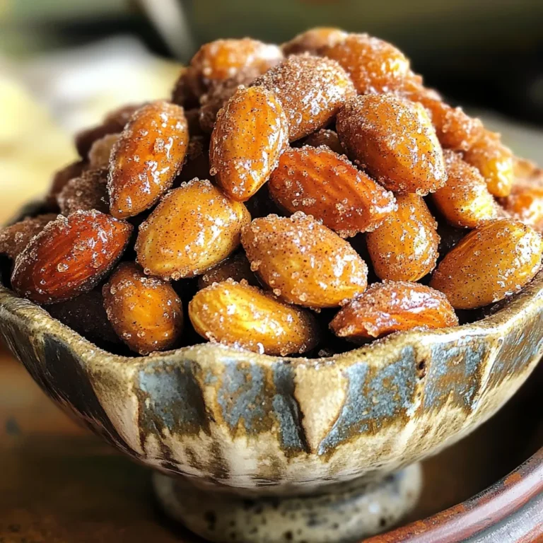 To make Cinnamon Brown Sugar Roasted Almonds, you will need: - 2 cups raw almonds - 1/2 cup brown sugar - 1 teaspoon ground cinnamon - 1/4 teaspoon salt - 1/4 cup water - 1 tablespoon vanilla extract - Cooking spray or parchment paper for lining If you don’t have brown sugar, you can use white sugar. For a different flavor, try honey or maple syrup instead of water. You can also use other nuts if you prefer. Almonds are great, but pecans or walnuts work well too. If you need a nut-free option, try sunflower seeds. Each serving of these roasted almonds is packed with flavor and nutrition. Here’s what you get in one serving (about 1/4 cup): - Calories: 200 - Protein: 6 grams - Fat: 15 grams - Carbohydrates: 18 grams - Fiber: 3 grams - Sugars: 7 grams These almonds make a tasty snack that is both sweet and healthy. Enjoy them on their own or add them to your favorite dishes! First, gather your ingredients. You need: - 2 cups raw almonds - 1/2 cup brown sugar - 1 teaspoon ground cinnamon - 1/4 teaspoon salt - 1/4 cup water - 1 tablespoon vanilla extract - Cooking spray or parchment paper Preheat your oven to 325°F (163°C). Line a baking sheet with parchment paper or spray it with cooking spray. This step keeps the almonds from sticking. In a medium saucepan, mix the brown sugar, ground cinnamon, salt, water, and vanilla extract. Set the heat to medium. Stir the mix until the sugar dissolves, about 3-4 minutes. The syrup will feel smooth and smell sweet. This coating is what makes the almonds so tasty! Now, add the raw almonds to the saucepan. Stir well to coat each almond in the syrup. Spread the almonds evenly on the baking sheet in a single layer. This helps them roast evenly. Roast them in the oven for about 15-20 minutes. Stir halfway through to make sure they cook evenly. You’ll know they’re ready when they turn golden brown and smell amazing. After roasting, take the baking sheet out of the oven. Let the almonds cool completely; they will harden as they cool. If you see any clusters, break them apart. Store your delicious snack in an airtight container at room temperature. Enjoy! Roasting almonds is simple and fun. Start with raw almonds for the best taste. Always preheat your oven to 325°F (163°C). This makes sure the almonds roast evenly. Use parchment paper to line the baking sheet. It helps prevent sticking and makes cleanup easy. Stir the almonds halfway through roasting. This helps them brown all over. To coat the almonds well, stir them in the warm syrup for a few minutes. Make sure all almonds get covered. If the syrup cools too fast, it won’t stick well. If needed, warm the syrup again. Spread the coated almonds in a single layer on the baking sheet. This way, they roast evenly and become crispy. One common mistake is not stirring the almonds while roasting. This can cause some to burn while others stay raw. Also, avoid using too much syrup. If the almonds are too sticky, they won’t crisp up. Lastly, don’t skip the cooling step. Let them cool completely to harden for the best crunch. {{image_2}} You can change the flavor of these roasted almonds easily. Instead of cinnamon, use nutmeg or ginger for a new taste. You can also try cocoa powder for a chocolate twist. For a spicy kick, add cayenne pepper or chili powder. Each option gives a unique flavor and keeps things fun. Feel free to mix in other nuts or seeds. Walnuts, pecans, or pistachios work well with the cinnamon brown sugar taste. Try adding pumpkin seeds or sunflower seeds for some crunch and nutrition. Just make sure to adjust roasting time if you add larger nuts. You can change the amount of sugar in this recipe. If you want less sweetness, cut the sugar by a third. You can also use maple syrup or honey instead of brown sugar for a different flavor. This gives you control over the sweetness while keeping the taste delicious. To keep your cinnamon brown sugar roasted almonds fresh, place them in an airtight container. Glass jars or plastic containers work well. Make sure the lid seals tightly. Store them in a cool, dry place, like a pantry or cupboard. This helps maintain their crunch and flavor. Avoid storing them in warm or humid areas, as this can lead to spoilage. When stored properly, your roasted almonds can last for about two weeks. After this, they may start to lose their flavor and crunch. Signs of spoilage include a stale smell, soft texture, or mold. If you notice any of these signs, it’s best to toss them out. Always trust your senses! If your almonds lose their crunch, don’t worry! You can easily re-crisp them. Spread the almonds on a baking sheet in a single layer. Preheat your oven to 350°F (175°C). Roast them for about 5-10 minutes, stirring halfway through. Keep an eye on them to avoid burning. Once they cool, they will be crispy again! Yes, you can use different nuts. Pecans, cashews, or walnuts work well. Just keep the same steps in mind. Change the cooking time if needed. Each nut has a unique flavor. Make sure to coat them well with the cinnamon-sugar mix. This recipe is already vegan! It uses brown sugar and vanilla extract, which are plant-based. You don't need to change anything to keep it vegan. Enjoy the sweet and warm flavors without worry! To make almonds crunchier, roast them longer. Check them every few minutes to avoid burning. Spread them in a single layer to allow hot air to circulate. Let them cool completely, as they will crisp up more as they cool. This guide took you through the simple steps to make delicious roasted almonds. We covered the needed ingredients, how to prep them, and the right techniques for roasting. You learned tips for great flavor variations, storage advice, and answered common questions. Remember, roasting almonds isn’t just tasty; it’s fun too. Explore flavors and get creative. Enjoy tasty snacks that please everyone!