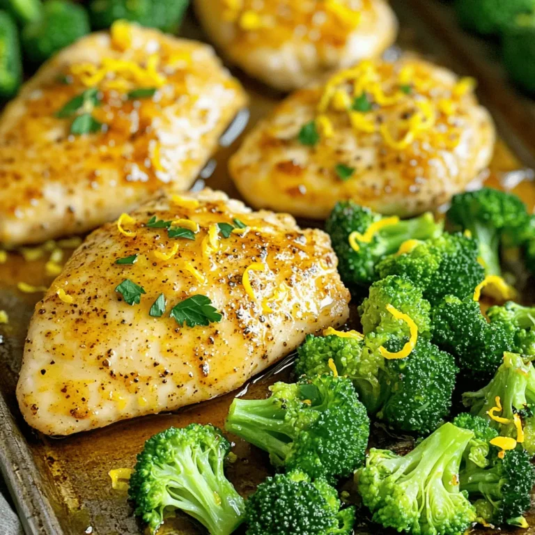 - 4 boneless skinless chicken breasts - 2 cups fresh broccoli florets - 3 tablespoons olive oil - Zest of 2 lemons - 3 tablespoons lemon juice - 2 teaspoons black pepper - 1 teaspoon garlic powder - 1 teaspoon onion powder - Salt to taste - Fresh parsley for garnish For this dish, you need some great main ingredients. The chicken breasts give you a lean protein. Fresh broccoli adds crunch and color. Olive oil is key for cooking and flavor. Next, we have seasonings. The zest and juice from lemons make this dish pop with flavor. Black pepper adds a nice kick. Garlic powder and onion powder bring depth. Salt is optional but can enhance the taste. You can also add fresh parsley for a pretty finish. It adds a fresh taste too. Enjoy these ingredients as you prepare your meal. They come together to create a tasty dish that’s easy to make. - Preheat your oven to 400°F (200°C). This step helps cook everything evenly. - In a large bowl, mix the chicken breasts with the olive oil, lemon zest, lemon juice, black pepper, garlic powder, onion powder, and salt. Make sure each piece is coated well with the tasty mix. - Take a large sheet pan and place the chicken breasts in the center. Leave some space on the sides for the broccoli. - Toss the broccoli florets in a bowl with a bit of olive oil, salt, and pepper. Spread the broccoli evenly around the chicken on the sheet pan. This helps everything cook together. - Bake in the preheated oven for 25-30 minutes. The chicken should reach an internal temperature of 165°F (75°C). The broccoli will be tender and slightly crispy. - For extra crispiness, turn on the broiler for the last 2-3 minutes. Keep a close eye to avoid burning. This step adds a nice texture to the dish. After cooking, let the chicken rest for 5 minutes before slicing. This helps keep it juicy. Enjoy your delicious meal! To check if your chicken is done, use a meat thermometer. Insert it into the thickest part of the chicken. The safe internal temperature is 165°F (75°C). This ensures juicy and safe-to-eat chicken. After cooking, let the chicken rest for 5 minutes. This step helps the juices stay inside. Slicing right away can make the chicken dry. Resting keeps it moist and tasty. For the best broccoli, aim for a bright green color. Cook it until it's tender but still has a bit of crunch. This gives your meal good texture. You can mix up the seasoning for the broccoli. Try adding lemon zest or garlic for a twist. A sprinkle of cheese can also add flavor. Get creative with your spices! Prep ahead to save time during busy days. You can marinate the chicken the night before. Just store it in the fridge, and it's ready to cook. Using frozen broccoli is a great time-saver. It cooks quickly and tastes good. Just toss it with olive oil and seasonings before adding it to the pan. This cuts down on prep time while still giving you a delicious meal! {{image_2}} You can switch the chicken breasts for thighs or drumsticks. These cuts stay juicy and add rich flavor. If you want a meat-free meal, try using chickpeas or tofu. Both options soak up the delicious lemon flavor and are great for a lighter dish. Feel free to change up the spices! Adding smoked paprika gives a nice twist. You can also try adding a pinch of cayenne for heat. If you like garlic, increase the garlic powder for more flavor. You can add other veggies too. Carrots, bell peppers, or snap peas work well. They roast nicely and add color to your plate. This dish pairs well with rice or quinoa for a filling meal. Both grains soak up the lemon juices and add texture. A fresh salad on the side adds crunch and balances the meal. Try mixing greens with a simple vinaigrette to keep it light. You can also serve it with crusty bread to mop up any extra sauce. Store your leftover chicken and broccoli in airtight containers. Glass or plastic containers work well. Make sure to cool the food before sealing. Place the containers in the fridge. Leftovers stay fresh for up to three days. You can reheat leftovers in the oven or microwave. For the oven, set it to 350°F (175°C). Place the chicken and broccoli on a baking sheet. Heat for about 10-15 minutes until warm. If using a microwave, cover the dish. Heat for 1-2 minutes. To keep the chicken crispy, use the oven when possible. To freeze leftovers, let them cool first. Then pack them in freezer-safe bags. Remove as much air as you can. This prevents freezer burn. You can freeze leftovers for up to three months. When ready to eat, thaw in the fridge overnight. Reheat in the oven for best results. To know if the chicken is done, check its internal temperature. Use a meat thermometer to ensure it reaches 165°F (75°C). This temperature keeps the chicken safe to eat and juicy. The chicken should also look golden brown and no longer pink inside. Yes, you can use other vegetables! Some great options include: - Carrots - Bell peppers - Zucchini - Cauliflower These veggies add color and flavor. Just cut them into similar sizes for even cooking. Toss them in olive oil, salt, and pepper before adding to the pan. For a balanced meal, consider these side dishes: - Quinoa - Brown rice - A fresh salad These sides pair well with the chicken and broccoli. They also add extra nutrients and make your meal more filling. Enjoy experimenting with flavors and textures! This dish combines simple ingredients like chicken, broccoli, and olive oil for a tasty meal. We explored easy step-by-step instructions that guide you from prep to plate. Tips and tricks ensure perfectly cooked chicken and ideal broccoli texture. You can even mix it up with alternative proteins and flavor variations. Remember to store any leftovers properly to enjoy them later. With these insights, you can make a delicious meal that fits your lifestyle. Try it out, and enjoy the results!