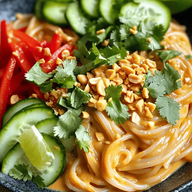 To make Minute Spicy Thai Peanut Noodles, gather these items: - 8 oz rice noodles - 1/4 cup creamy peanut butter - 2 tablespoons soy sauce - 1 tablespoon sriracha (adjust for spice) - 1 tablespoon lime juice - 1 tablespoon sesame oil - 2 garlic cloves, minced - 1/2 cucumber, julienned - 1 red bell pepper, sliced - 1 green onion, chopped - 1/4 cup chopped cilantro (for garnish) - Crushed peanuts (for garnish) Each serving of these noodles is not just tasty but also offers good nutrition. Here’s a rough idea of what you get per serving: - Calories: 300 - Protein: 10g - Carbs: 40g - Fats: 12g - Fiber: 3g These numbers can vary based on how you adjust the recipe. You can swap ingredients to fit your diet. When picking your ingredients, freshness matters. Here are some tips: - Rice Noodles: Look for ones that are firm and free of cracks. - Peanut Butter: Choose a brand with simple ingredients and no added sugar. - Vegetables: Select cucumbers and bell peppers that are firm and brightly colored. - Herbs: Fresh cilantro should smell strong and look vibrant. Avoid wilted leaves. Using fresh ingredients makes a big difference in taste and health. To start, boil a large pot of water. Once it boils, add 8 oz of rice noodles. Cook them according to the package instructions until they are al dente. This usually takes around 3 to 5 minutes. Drain the noodles and rinse them under cold water. This step stops the cooking and keeps the noodles from sticking together. Now, grab a mixing bowl. In this bowl, combine 1/4 cup of creamy peanut butter with 2 tablespoons of soy sauce. Add 1 tablespoon of sriracha for spice, but feel free to adjust it to your taste. Then, add 1 tablespoon of lime juice and 1 tablespoon of sesame oil. Finally, include 2 minced garlic cloves. Whisk everything together until it’s smooth. If your sauce feels too thick, you can add a tablespoon of warm water. This will help reach the right consistency. In a large mixing bowl, add your cooked noodles. Pour the peanut sauce over the noodles. Gently toss them to make sure every noodle gets coated. Next, mix in 1/2 a julienned cucumber and 1 sliced red bell pepper. Distribute the veggies evenly throughout the noodles. Finally, serve the dish on a platter or in bowls. Top with 1 chopped green onion, 1/4 cup of chopped cilantro, and a sprinkle of crushed peanuts for a nice crunch. Enjoy your meal! To make perfect rice noodles, start with a large pot of boiling water. Cook them until they are al dente. This means they should be firm but not hard. After cooking, drain the noodles and rinse them under cold water. This stops the cooking process and helps keep the noodles from sticking together. If you want to save time, you can use a microwave to heat the noodles. Just follow the package instructions for best results. If you love heat, add more sriracha to your sauce. Start with one tablespoon and taste. You can always add more, but it is hard to take spice out. If you find it too spicy, mix in a bit more peanut butter or lime juice. This will help balance the heat. You can also add a pinch of sugar to mellow the flavors. To elevate the flavor of your noodles, consider a few simple tricks. Adding fresh lime juice brightens the dish and adds a zesty kick. You can also mix in some toasted sesame seeds for a nutty flavor. If you want more crunch, try adding chopped carrots or snap peas. Fresh herbs like cilantro add a burst of flavor and color. Don't forget to top your noodles with crushed peanuts for extra texture and taste! {{image_2}} You can use different types of noodles for this recipe. Choose what you like! Here are some great options: - Whole wheat noodles: Healthier and adds a nutty flavor. - Soba noodles: These buckwheat noodles give a unique taste. - Zoodles: Spiralized zucchini is a fun, low-carb choice. Adding protein makes this dish more filling and tasty. Here are some ideas: - Grilled chicken: Perfect for added flavor. Slice it thin for easy mixing. - Shrimp: Cooked shrimp adds a nice touch. Toss them in with the noodles. - Tofu: For a vegetarian option, use firm tofu. Just sauté it until golden. This dish can easily fit a vegetarian or vegan diet. Here’s how: - Use tamari instead of soy sauce: This is a gluten-free option. - Swap peanut butter for almond butter: This gives a different flavor, but still creamy. - Add more veggies: Try snow peas, carrots, or bell peppers to boost nutrition. Feel free to mix and match these ideas to fit your tastes! To keep your Minute Spicy Thai Peanut Noodles fresh, place them in a sealed container. Make sure the noodles are cool before you store them. You can keep them in the fridge for up to three days. If you want to enjoy them later, store the sauce and noodles separately. This keeps everything fresh and tasty. When you are ready to eat, reheating is easy. You can use a microwave or a pan. If using the microwave, place the noodles in a bowl and cover it. Heat for about one to two minutes. Stir halfway through to warm evenly. If you prefer a pan, add a splash of water and heat on low. Stir until warm throughout. If you want to freeze your noodles, it is best to freeze the sauce and noodles separately. Place them in airtight containers. They can last up to two months in the freezer. When you are ready to eat, thaw them in the fridge overnight. Then, reheat as mentioned above. This will help you enjoy your spicy noodles later without losing flavor! If your sauce is too thick, you can fix it easily. Just add one tablespoon of warm water. Mix well until you reach your desired consistency. This keeps the sauce creamy without losing flavor. Remember, small changes can make a big difference. Absolutely! You can use any veggies you like. Try carrots, snap peas, or broccoli instead. Just chop them up small so they mix well with the noodles. Feel free to get creative with colors and textures. The more colorful, the more fun your dish will be! These noodles pair well with many sides. You can serve them with a fresh salad or spring rolls. They also go well with grilled chicken or shrimp for added protein. If you want a light meal, a bowl of soup is perfect too. Enjoy mixing and matching! This article covered the key ingredients for Spicy Thai Peanut Noodles, their nutrition, and tips on freshness. I shared detailed cooking steps for the noodles and sauce, plus ways to combine them. We discussed cooking techniques, spice adjustments, and flavor boosts for your dish. You can explore noodle and protein variations too. Lastly, I explained how to store leftovers and answered common questions. Enjoy making this dish that’s easy and full of flavor!