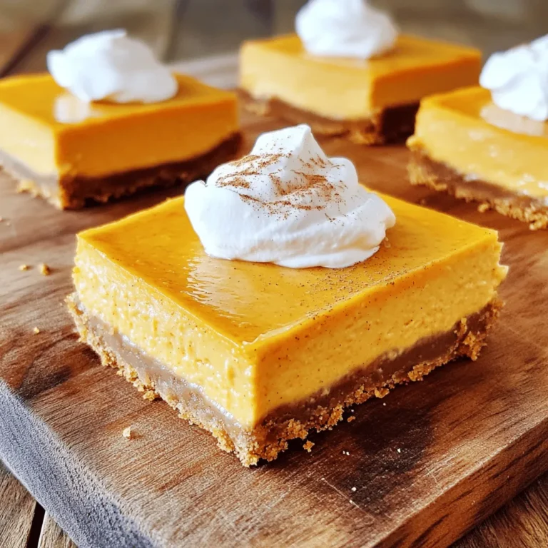 To make delicious pumpkin cheesecake bars, you will need specific ingredients for both the crust and the filling. Here’s what you need: - Pumpkin Cheesecake Bars Crust Ingredients: - 1 and ½ cups graham cracker crumbs - ½ cup unsalted butter, melted - ¼ cup granulated sugar - Pumpkin Cheesecake Filling Ingredients: - 2 (8 oz) packages cream cheese, softened - 1 cup pumpkin puree (canned or homemade) - ¾ cup brown sugar - ½ teaspoon vanilla extract - 2 large eggs - 1 teaspoon ground cinnamon - ½ teaspoon ground nutmeg - ¼ teaspoon ground cloves - ¼ teaspoon salt - Optional Ingredients for Serving: - Whipped cream (for topping) Each ingredient plays a key role in creating that rich, creamy texture and delightful flavor. The crust gives a nice crunch, while the filling brings the classic pumpkin taste. If you want a lovely touch, add whipped cream on top when serving. This makes each bite even more enjoyable! To start, grab a medium bowl. Combine 1 and ½ cups of graham cracker crumbs, ½ cup of melted butter, and ¼ cup of granulated sugar. Mix well until the crumbs look like wet sand. This will help your crust stick together. Next, press this mixture evenly into the bottom of a greased 9x13 inch baking pan. Use your fingers or the back of a spoon to get it nice and firm. Now, bake it in a preheated oven at 350°F (175°C) for 10 minutes. Once done, let it cool slightly before adding the filling. In a large bowl, beat 2 packages of softened cream cheese until it is smooth and creamy. This step is key for a velvety texture. Then, add 1 cup of pumpkin puree, ¾ cup of brown sugar, and ½ teaspoon of vanilla extract. Mix until well combined and smooth. Now, let’s add the eggs. Crack 2 large eggs into the bowl, mixing well after each one. This helps to incorporate air, making your cheesecake fluffy. Finally, add 1 teaspoon of ground cinnamon, ½ teaspoon of ground nutmeg, ¼ teaspoon of ground cloves, and ¼ teaspoon of salt. Mix until there are no lumps left. Now it’s time to pour that delicious filling over your pre-baked crust. Spread it evenly with a spatula. Bake the bars for 30-35 minutes. You want the edges to be set, and the center should have a slight jiggle. To check if they’re done, insert a toothpick into the center. It should come out mostly clean. Once baked, remove the pan from the oven. Let the bars cool at room temperature. After they cool, transfer them to the fridge. Chill for at least 2 hours or until completely set. Now, you are ready to slice and serve! To get that creamy texture, use room temperature ingredients. Cold cream cheese can make lumps. Let it sit out for about 30 minutes before mixing. This small step makes a big difference! To avoid cracks, bake at a lower temperature. If the oven is too hot, the bars can puff up and then sink. Bake them at 350°F (175°C) and check for a slight jiggle in the center when done. This means they are cooked just right. For toppings, whipped cream is a classic choice. You can also sprinkle some ground cinnamon or nutmeg on top. This adds a beautiful touch! Pair these bars with a warm drink. A spiced chai or a nice cup of coffee works well. If you want a dessert duo, serve with a scoop of vanilla ice cream. The cold ice cream balances the rich cheesecake perfectly. {{image_2}} You can easily add fun twists to your pumpkin cheesecake bars. One great idea is to mix in chocolate or caramel swirls. Just melt some chocolate or caramel and drizzle it on top of the cheesecake before baking. Use a knife to swirl it gently into the filling. This adds a rich flavor that pairs well with pumpkin. Another option is to play with different spices. While cinnamon, nutmeg, and cloves are classic, you can try adding ginger or allspice for a new taste. These spices can change the whole flavor profile of your bars. Experimenting with flavors keeps your dessert exciting! If you need gluten-free options, you can swap the graham cracker crumbs for gluten-free crumbs. Many stores sell these, or you can make your own from gluten-free cookies. This way, everyone can enjoy the bars without worry. For a vegan version, you can replace the cream cheese with a plant-based cream cheese. Look for brands that taste good and are easy to find. Also, use flax eggs instead of real eggs. To make one flax egg, mix one tablespoon of ground flaxseed with three tablespoons of water. Let it sit for a few minutes to thicken. These changes keep the delicious taste while meeting dietary needs. To keep your pumpkin cheesecake bars fresh, use airtight containers. Glass or plastic containers work well. Place parchment paper between layers to avoid sticking. For the best taste, store them in the fridge. They stay fresh for up to five days. You can also freeze them for longer storage. In the freezer, they last up to three months. Just make sure to wrap the bars tightly in plastic wrap before placing them in a freezer-safe container. To enjoy leftovers, take them out of the fridge. You can serve them cold or warm. If you want to warm them, use the oven. Preheat it to 350°F (175°C). Place the bars on a baking sheet and heat for about 10 minutes. You can also use the microwave. Heat them in 15-second bursts until warm. This keeps them soft and creamy. If you like, add whipped cream on top for extra flavor. You can serve pumpkin cheesecake bars in many fun ways. A dollop of whipped cream on top adds a nice touch. You might also sprinkle a bit of cinnamon or nutmeg for extra flavor. Serve the bars on a nice plate for a pretty look. Adding a few pecans or caramel drizzle can make them even better. Yes, you can freeze pumpkin cheesecake bars. First, let them cool completely. Then, cut them into squares. Wrap each square in plastic wrap. Place the wrapped bars in a freezer bag. They can stay frozen for up to three months. When you're ready to eat, take them out and thaw them in the fridge overnight. To check if the bars are done, look for a few signs. The edges should be set, while the center may still jiggle a bit. A toothpick inserted in the center should come out mostly clean. If it has some filling on it, that’s okay. Just bake for a few more minutes if needed. You now have a complete guide to making delicious pumpkin cheesecake bars. We covered the ingredients, steps, and tips for getting the best results. I shared fun ways to change up flavors and offered storage tips for leftovers. Keep these ideas in mind as you bake and enjoy this seasonal treat. With practice, you’ll master this recipe and impress everyone. Try it out, and let the flavors delight your taste buds!