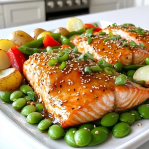 For this tasty sheet pan miso glazed salmon, you will need a few key items: - 4 salmon fillets (about 6 ounces each) - 3 tablespoons white miso paste - 2 tablespoons honey or maple syrup - 2 tablespoons low sodium soy sauce - 1 tablespoon sesame oil - 2 teaspoons fresh ginger, grated - 2 cloves garlic, minced - 1 cup snap peas - 1 red bell pepper, sliced - 1 cup baby potatoes, halved - 1 tablespoon sesame seeds (for garnish) - 2 green onions, sliced (for garnish) These ingredients come together to create a meal that is both simple and full of flavor. The salmon is the star of the dish, while the miso glaze adds a sweet and savory touch. Fresh vegetables like snap peas and bell pepper bring color and crunch, and the baby potatoes help make the meal hearty. The garnish of sesame seeds and green onions adds a nice finish. Each bite is a burst of flavor. 1. Preheating the oven Start by preheating your oven to 400°F (200°C). This step warms the oven for even cooking. 2. Making the miso glaze In a bowl, mix together the white miso paste, honey or maple syrup, soy sauce, sesame oil, grated ginger, and minced garlic. Use a whisk to blend until smooth. This glaze adds a sweet and salty flavor to the salmon. 3. Preparing the baking sheet Line a large baking sheet with parchment paper. This helps with easy cleanup and prevents sticking. 1. Arranging salmon on the sheet Place the salmon fillets on one side of the lined baking sheet. Brush each fillet generously with the miso glaze. This ensures each bite is packed with flavor. 2. Adding and preparing the vegetables In a separate bowl, mix the halved baby potatoes, snap peas, and sliced red bell pepper. Drizzle them with a bit of olive oil and sprinkle with salt and pepper. Toss to coat evenly. Then, arrange the vegetables on the baking sheet next to the salmon in a single layer. 3. Baking time and checking doneness Bake everything in the preheated oven for 15-20 minutes. Check if the salmon is cooked through and flakes easily with a fork. The vegetables should also be tender. This timing ensures a perfectly cooked meal. To achieve perfectly glazed salmon, use a thick layer of miso glaze. Brush it on each fillet well. This will create a nice, sweet crust while baking. Bake the salmon until it flakes easily with a fork. This usually takes about 15 to 20 minutes at 400°F (200°C). For perfectly roasted vegetables, cut them into equal sizes. This helps them cook evenly. Toss the veggies in olive oil, salt, and pepper before adding them to the pan. Place them next to the salmon, not on top. This ensures they roast well and don’t steam. For a family-style presentation, serve the salmon and veggies directly from the baking sheet. This makes it easy for everyone to help themselves. You can also portion the dish onto individual plates for a more formal look. Drizzle any extra miso glaze over the salmon just before serving. This adds extra flavor and makes the dish look more appealing. Don’t be afraid to sprinkle some sesame seeds and sliced green onions on top. They add a nice crunch and fresh flavor! {{image_2}} You can change the protein if you want. Try chicken instead of salmon. Chicken thighs work well and stay juicy. If you prefer a plant-based option, use tofu. Just cut it into thick slices and follow the same steps. For veggies, feel free to mix it up. Broccoli, carrots, or zucchini can add color and nutrition. You can even use frozen veggies if you are short on time. Just make sure to adjust the cooking time if needed. Want a little heat? Add chili flakes to the miso glaze. Start with a pinch and increase to your taste. You can also try adding sriracha or garlic chili sauce for a spicy kick. Experiment with different glaze flavors too. Swap honey for brown sugar or use orange juice instead of soy sauce. You can also add sesame seeds for crunch or fresh herbs for extra freshness. The possibilities are endless! You can store leftover sheet pan miso glazed salmon in the fridge for up to three days. To keep it fresh, place it in an airtight container. Make sure the salmon is cool before sealing it. This helps prevent moisture build-up and keeps the fish from getting soggy. You can reheat it in the oven or microwave. Just be careful not to overcook it again. If you want to keep the salmon longer, freezing is a great option. Wrap each piece of salmon tightly in plastic wrap. Then, place the wrapped salmon in a freezer-safe bag or container. This helps prevent freezer burn. You can freeze the salmon for up to three months. When you're ready to eat, thaw it in the fridge overnight before reheating. This keeps the flavor and texture nice. You can tell salmon is cooked when it flakes easily with a fork. The inside should be opaque and not translucent. If you have a food thermometer, the safe internal temp is 145°F (63°C). Yes, you can use other types of miso! Each type has a unique flavor. White miso is sweet and mild. Red miso is stronger and saltier. Yellow miso is a great middle ground. Adjust the other ingredients to match the flavor of the miso you choose. You can serve this dish with rice or quinoa for a hearty meal. A fresh side salad adds crunch and color. Steamed broccoli or asparagus also pairs well and balances the flavors. For a fun twist, try adding some pickled veggies on the side! In this post, I covered how to make delicious sheet pan miso glazed salmon. We discussed the main ingredients, step-by-step instructions, and handy tips to achieve perfect results. Plus, I shared variations and storage options to keep your meals fresh. Cooking can be simple and fun with the right approach. Now, you can enjoy a healthy dinner that pleases everyone. Use these tips to make mealtime a breeze and explore new flavors. Enjoy your cooking adventure!
