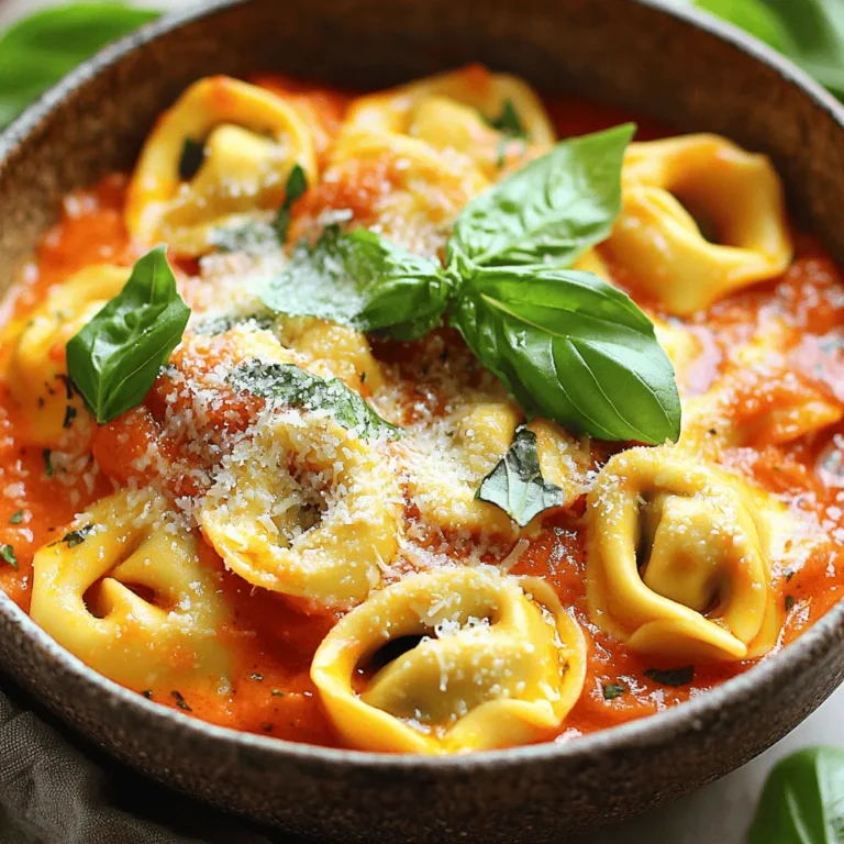 To make creamy tomato basil tortellini, you will need some key items: - 2 cups cheese tortellini (fresh or frozen) - 1 tablespoon olive oil - 3 cloves garlic, minced - 1 can (14 oz) crushed tomatoes - 1 teaspoon dried oregano - 1 teaspoon dried basil - ½ teaspoon red pepper flakes (optional) - 1 cup heavy cream - Salt and pepper to taste - ½ cup fresh basil leaves, chopped - Grated Parmesan cheese for serving These ingredients combine to create a rich and tasty meal. You can adjust the dish to suit your taste by adding these extras: - Fresh spinach for added greens - Chopped onions for sweetness - Mushrooms for an earthy flavor - Cooked chicken or shrimp for protein Feel free to mix and match based on what you love. For this recipe, gather the following tools: - A large pot for boiling the tortellini - A large skillet for the sauce - A wooden spoon for stirring - Measuring cups and spoons for accuracy - A knife and cutting board for chopping Having the right tools makes cooking easier and more fun! First, fill a large pot with water. Add a pinch of salt and bring it to a boil. Once boiling, add 2 cups of cheese tortellini. Cook the pasta according to the package instructions. This usually takes about 3 to 5 minutes. You want the tortellini to be al dente. When done, drain the tortellini and set them aside on a plate. Now, grab a large skillet and heat 1 tablespoon of olive oil over medium heat. Once hot, add 3 cloves of minced garlic. Sauté the garlic for about 1 minute. You want it fragrant but not browned. Next, add 1 can of crushed tomatoes, 1 teaspoon of dried oregano, and 1 teaspoon of dried basil. If you like some heat, add ½ teaspoon of red pepper flakes. Let this mix simmer for 5 to 7 minutes. This helps the flavors blend well. After simmering, lower the heat and pour in 1 cup of heavy cream. Stir everything together until it is creamy. Season this sauce with salt and pepper to taste. Now, it’s time to bring it all together. Add the drained tortellini to the skillet. Gently toss the pasta in the creamy tomato sauce. Make sure all the tortellini are well-coated. Next, stir in ½ cup of chopped fresh basil leaves. Reserve a few leaves for garnish later. Cook for an additional 2 minutes to heat it through. Now, you are ready to serve! Enjoy your creamy tomato basil tortellini topped with grated Parmesan cheese and more fresh basil. To boost the taste of your creamy tomato basil tortellini, try these ideas: - Fresh Ingredients: Use fresh garlic instead of minced. It gives a bright flavor. - Herb Variations: Add fresh oregano along with basil. It adds a nice twist. - Cheese Choices: Mix in some mozzarella for extra creaminess. It melts wonderfully. - Spice It Up: Add a pinch more red pepper flakes if you like heat. It wakes up the dish. Here are some common slip-ups and how to fix them: - Overcooking Tortellini: Don’t cook tortellini too long. It should be al dente, firm but not hard. - Burning Garlic: Sauté garlic just until it smells good. Browned garlic tastes bitter. - Too Much Cream: Start with half the cream. You can always add more for richness. - Skipping Seasoning: Always taste before serving. Seasoning makes flavors pop. If you have dietary needs, here are some helpful swaps: - Gluten-Free Options: Use gluten-free tortellini. Many brands taste great. - Dairy-Free Cream: Switch heavy cream for coconut cream. It keeps the dish rich. - Vegan Version: Choose plant-based tortellini and use nutritional yeast instead of cheese. It adds a cheesy flavor. - Low-Carb Choice: Replace tortellini with zucchini noodles. It makes a lighter meal. These tips and tricks will help you create a delicious and satisfying dish. Enjoy cooking! {{image_2}} You can easily make creamy tomato basil tortellini vegetarian. Start by using vegetable broth instead of chicken broth. You can also add more veggies. Spinach, zucchini, or mushrooms work well. These add flavor and nutrition. You can also replace heavy cream with a plant-based cream. This keeps it creamy and delicious. If you want more protein, add cooked chicken or shrimp. They pair nicely with the sauce. You can also use Italian sausage for a hearty twist. Just brown the meat in the skillet before adding garlic. This adds depth and richness to the dish. For a vegetarian protein, try adding chickpeas or white beans. They boost the meal without changing the creamy taste. If you like heat, turn up the spice! Add more red pepper flakes to the sauce. You can also include diced jalapeños for extra kick. Another option is to add hot Italian sausage. This adds spice and flavor. Serve with a sprinkle of crushed red pepper on top for a bold finish. Store your creamy tomato basil tortellini in an airtight container. This keeps it fresh. Allow it to cool before sealing the container. You can keep it in the fridge for up to three days. If you notice any water in the container, drain it out. This prevents sogginess. To freeze tortellini, first let it cool completely. Then, place portions in freezer-safe bags. Try to remove as much air as possible. You can freeze it for up to three months. Label the bags with the date. This helps you track how long it has been frozen. When reheating, avoid the microwave if you can. Instead, use a skillet over low heat. Add a splash of cream or water to help it rehydrate. Stir gently until hot. If using the microwave, heat in short bursts. This prevents it from drying out. Enjoy your creamy tomato basil tortellini again! To make creamy tomato basil tortellini from scratch, you need to prepare the pasta and sauce. First, create the tortellini dough with flour and eggs. Roll it out thin and cut into squares. Fill each square with cheese, fold, and shape into tortellini. For the sauce, sauté garlic in olive oil, add crushed tomatoes, herbs, and cream. Combine cooked tortellini with the sauce. Yes, you can make creamy tomato basil tortellini ahead of time. Cook the tortellini and sauce separately. Store them in the fridge for up to three days. When ready to serve, reheat the sauce and add the tortellini. This keeps the pasta from getting mushy. Some great side dishes to serve with tortellini include: - Garlic bread - Caesar salad - Roasted vegetables - Steamed broccoli - Caprese salad These sides complement the creamy flavors and add freshness to your meal. You now have all the tools to create a delicious tortellini dish. We covered the key ingredients, step-by-step instructions, helpful tips, and tasty variations. Don’t forget about storage and reheating, which can keep your meal fresh. As you cook, remember to make this dish your own with your favorite flavors. Enjoy the process and the tasty results. Happy cooking!