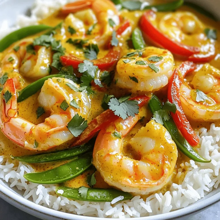 - 1 lb (450g) large shrimp, peeled and deveined - 1 tablespoon coconut oil - 1 small onion, finely chopped - 3 cloves garlic, minced - 1 tablespoon ginger, minced - 2 tablespoons red curry paste - 1 can (14 oz) coconut milk - 1 cup vegetable broth - 1 tablespoon fish sauce (or soy sauce for a vegetarian option) - 1 tablespoon brown sugar - 1 red bell pepper, thinly sliced - 1 cup snap peas, trimmed - 1 lime, juiced - Fresh cilantro, chopped, for garnish - Salt and pepper to taste To make Creamy Thai Coconut Curry Shrimp, gather these simple yet vibrant ingredients. Each one plays a key role in creating a rich and flavorful dish. You start with shrimp, which brings a sweet and tender bite. Coconut oil adds a hint of tropical flavor. The onion, garlic, and ginger provide a fragrant base. Red curry paste gives you that signature heat and depth. The coconut milk gives the curry its creamy goodness. Vegetable broth helps to balance the flavors. Fish sauce or soy sauce brings umami, while brown sugar adds a touch of sweetness. The red bell pepper and snap peas offer color and crunch. Lime juice brightens the dish, making it fresh and lively. Finally, cilantro adds a pop of color and flavor as a garnish. With this list in hand, you are ready to create a delightful meal that will impress anyone at your table. - Sautéing onion in coconut oil: Start by heating 1 tablespoon of coconut oil in a large skillet. Use medium heat. Once the oil is hot, add 1 small finely chopped onion. Cook it for about 3-4 minutes. You want the onion to turn soft and clear. - Adding garlic and ginger: Next, stir in 3 minced garlic cloves and 1 tablespoon of minced ginger. Cook for 1 more minute. You will smell a lovely aroma that fills your kitchen. This is the base of your curry. - Combining red curry paste with aromatics: Now, add 2 tablespoons of red curry paste. Mix it well with the onion, garlic, and ginger. Let it cook for 1-2 minutes. This step builds the deep flavor of the curry. - Mixing coconut milk and vegetable broth: Pour in 1 can of coconut milk and 1 cup of vegetable broth. Stir until the curry paste is fully dissolved. Bring the mixture to a gentle simmer. This creamy base is what makes the curry rich and delicious. - Adding bell pepper and snap peas: Add 1 thinly sliced red bell pepper and 1 cup of trimmed snap peas to the skillet. Cook for about 5 minutes. You want the veggies tender but still bright and crisp. - Incorporating the shrimp into the curry: Gently add 1 pound of peeled and deveined shrimp. Cook them until they turn pink and opaque, which takes about 3-4 minutes. This is when the shrimp soak up all the flavors. Enjoy the vibrant colors and the wonderful scents as you create this dish! Using fresh ingredients is key to great taste. Fresh shrimp, veggies, and herbs make a big difference. For the best flavor, pick shrimp that is firm and smells like the sea. Fresh ginger and garlic also boost taste. Adjust spice levels to fit your taste. If you like it spicy, add more red curry paste. If you prefer less heat, start with a small amount. You can always add more later, but you can't take it out! When sautéing, use medium heat. This helps the onion cook evenly without burning. Stir often to prevent sticking. Timing is critical for cooking shrimp. They cook fast! Add them last. Cook until they turn pink and opaque, which takes about 3-4 minutes. Overcooked shrimp become rubbery, so watch them closely. Serve your curry with steamed rice or quinoa for a filling meal. Jasmine rice pairs well with the curry's flavors, while quinoa adds extra protein. Garnish with fresh cilantro and a squeeze of lime juice. This adds freshness and brightness. A well-garnished dish looks inviting and tastes even better! {{image_2}} You can easily make a vegetarian or vegan version of this dish. Start by substituting shrimp with tofu. Tofu soaks up flavors well. Use firm tofu for the best texture. You can also add other veggies. Good choices include zucchini, carrots, or broccoli. These will add more color and nutrients. To change the flavor, add other spices or herbs. Fresh basil or lemongrass can bring a fresh taste. These herbs work well with coconut milk. You can also try different curry pastes. Green or yellow curry paste gives unique flavors. Each type brings its own twist to the dish. If you need gluten-free options, use soy sauce labeled gluten-free. This simple swap does not change the taste much. For low-carb variations, skip rice and serve with steamed veggies. You can also use cauliflower rice for a healthy base. To keep your creamy Thai coconut curry shrimp fresh, follow these steps: - Refrigeration: Place the curry in an airtight container. This keeps it moist and tasty. - Shelf Life: The curry lasts up to three days in the fridge. Make sure to check for any off smells before eating. Freezing your curry is a great way to save it for later. Here’s how: - Proper Freezing: Let the curry cool to room temperature. Then, transfer it to a freezer-safe container. Leave some space at the top, as it will expand. - Thawing and Reheating: When you’re ready to enjoy it, thaw in the fridge overnight. Reheat gently on the stove, stirring until hot. You can add a splash of coconut milk if it seems thick. Meal prep can make cooking easier. Here are some ideas: - Preparing Ingredients: Chop your veggies and shrimp in advance. Store them in separate containers. This saves time on busy days. - Portioning for Quick Meals: Divide the curry into individual servings. This makes it easy to grab and go. You’ll have a delicious meal ready in no time! It takes about 15 minutes to prep and 15 minutes to cook. You’ll have a tasty meal ready in just 30 minutes. That’s quick for such a rich dish! Yes, you can use frozen shrimp! Just make sure to thaw them first. This helps cook them evenly. Frozen shrimp are a good option if fresh ones are not available. You can use almond milk or cashew cream as substitutes. They will change the flavor but can still work well. If you want a thicker sauce, use heavy cream. Keep in mind that this will alter the dish's taste. The spice level depends on how much red curry paste you use. For a milder dish, add less paste. You can always add more later if you like it spicier. Adjusting spice levels makes it perfect for your taste! This blog post explored making a delicious Creamy Thai Coconut Curry Shrimp. We covered key ingredients, step-by-step instructions, and tips to elevate your dish. You learned variations for dietary needs and how to store leftovers. Cooking can be fun and rewarding. With this recipe, you can impress friends and family. Enjoy exploring flavors while customizing it to your taste. Dive into this culinary adventure today!