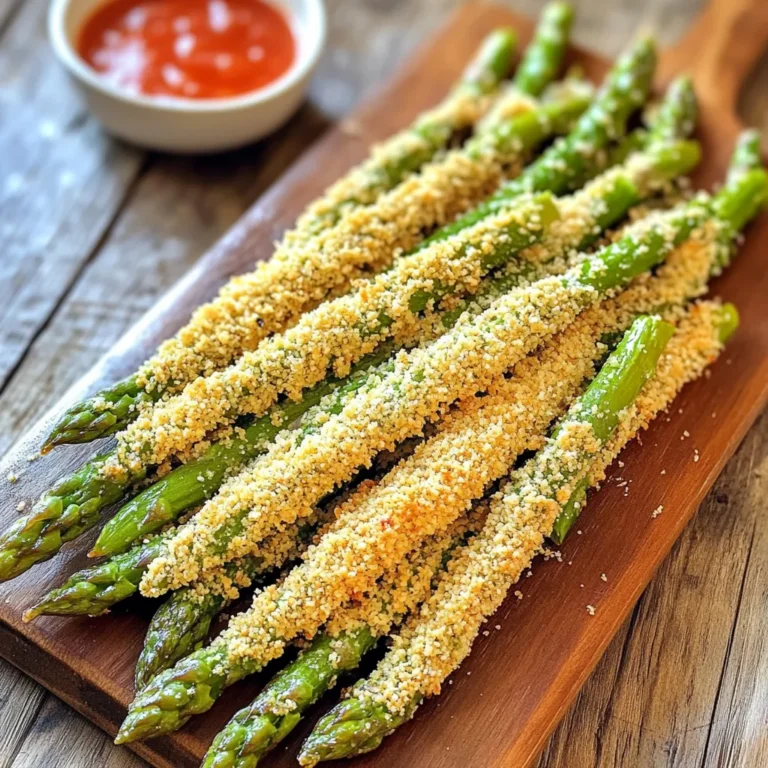 To make Air Fryer Parmesan Asparagus Fries, start with fresh asparagus. You need about 1 pound. Look for firm, bright green spears. They should snap easily when bent. Trim the tough ends off to prepare them for cooking. Next, gather your seasonings. You will need: - 1 teaspoon garlic powder - 1 teaspoon onion powder - 1/2 teaspoon salt - 1/4 teaspoon black pepper These seasonings add great flavor. Garlic powder gives a nice kick, while onion powder adds depth. Salt and pepper enhance the taste of the asparagus. For the crunchy coating, collect these items: - 1/2 cup grated Parmesan cheese - 1/2 cup breadcrumbs (preferably panko) - 2 large eggs The eggs help the coating stick to the asparagus. Panko breadcrumbs create a lovely crunch. Parmesan cheese adds a savory, cheesy flavor that pairs well with the asparagus. Start with 1 pound of fresh asparagus. Trim the tough ends off. Make sure each spear is about the same size for even cooking. Rinse the spears under cold water to clean them well. Pat them dry with a towel. This step is key for crispy fries. In a shallow bowl, whisk 2 large eggs until they are smooth. This will help the coating stick. In another bowl, mix together 1/2 cup of grated Parmesan cheese, 1/2 cup of breadcrumbs (panko is the best choice), 1 teaspoon of garlic powder, 1 teaspoon of onion powder, 1/2 teaspoon of salt, and 1/4 teaspoon of black pepper. Stir these ingredients well. This mix gives the fries a tasty crunch. Preheat your air fryer to 400°F (200°C) for about 5 minutes. Take each asparagus spear and dip it into the beaten eggs. Make sure it is fully coated. Then, roll the spear in the Parmesan-breadcrumb mix. Press lightly to help it stick. Place the coated asparagus fries in the air fryer basket in a single layer. Lightly spray them with cooking spray or olive oil. Air fry for 8-10 minutes. Flip them halfway through to ensure even cooking. They should be golden brown and crispy when done. Remove and serve hot, maybe with a tasty dip like marinara or aioli! To get your asparagus fries just right, follow these tips. First, use fresh asparagus. Trim the ends to keep them tender. Next, prepare your coatings in shallow bowls. This makes dipping easy. Dip each spear in the egg first. Make sure it gets fully coated. Then, roll it in the Parmesan-breadcrumb mix. Press gently to help it stick. This is key for a good crunch. For the best crunch, don’t crowd the air fryer basket. Place the asparagus fries in a single layer. If they touch, they don’t crisp as well. Lightly spray them with cooking spray before cooking. This adds extra crunch. Flip them halfway through cooking to ensure even browning. Aim for a golden color. This means they are perfectly crispy. Dipping sauces can take your fries to the next level. Marinara sauce is a classic choice. It adds a nice tang. Aioli is another great option. It has a creamy texture and rich flavor. You can even try ranch dressing for a fun twist. These sauces will make your asparagus fries even more delicious! {{image_2}} You can switch up the cheese. Try using mozzarella or cheddar for a different taste. Both melt well and add a nice stretch. Another option is to use nutritional yeast for a dairy-free choice. It gives a cheesy flavor without the cheese. You can experiment with different cheeses to find your favorite. Want to spice things up? Add more seasonings! You can use paprika for a smoky kick. Try cayenne pepper if you like heat. Fresh herbs, like parsley or basil, can brighten the dish. Mix in lemon zest for a fresh, zesty taste. Experiment with flavors to make this dish your own! If you need a gluten-free version, swap the breadcrumbs. Use gluten-free breadcrumbs made from rice or oats. You can also crush gluten-free crackers. Almond flour is a great choice too; it adds a nutty flavor. This way, everyone can enjoy crispy asparagus fries! To store leftovers, let the asparagus fries cool down. Place them in an airtight container. They can stay fresh in the fridge for up to three days. If you want to keep them longer, freezing is an option. Reheat the asparagus fries in the air fryer. Set the temperature to 350°F (175°C). Heat them for about 5-7 minutes. This method helps keep them crispy. You can also use an oven if you don’t have an air fryer. If you want to freeze the asparagus fries, do it before cooking. After coating, lay them on a baking sheet. Make sure they don’t touch each other. Freeze them for about 1-2 hours. Once frozen, transfer them to a freezer bag. They can last up to two months. When ready to cook, air fry them straight from the freezer. Just add a couple of extra minutes to the cooking time. Yes, you can use frozen asparagus, but it may not be as crisp. Frozen asparagus often has more water. This can make your fries soggy. If you use frozen asparagus, thaw it first and pat it dry. This step helps remove excess moisture. You will know the fries are done when they turn golden brown. They should be crispy to the touch. Check them around 8 minutes into cooking. Flip the fries halfway to ensure even cooking. If you want them crispier, air fry for an extra minute or two. You can add a variety of seasonings to change the flavor. Try adding smoked paprika for a smoky taste. Italian seasoning gives a herbaceous twist. You can also add cayenne pepper for heat. Experiment with your favorites to make it your own! You learned about fresh asparagus and key seasonings to elevate your dish. I shared step-by-step instructions for prepping, coating, and air frying. Tips helped you achieve crispiness, and I discussed tasty dipping sauces. Variations included cheese alternatives and gluten-free options, plus storage and reheating tips. Enjoy your air-fried asparagus as a healthy snack or side. Experiment with flavors to make it your own. You have all the tools to create a dish that's both simple and delicious. Happy cooking!