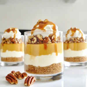 - 1 cup pumpkin puree - 8 oz cream cheese, softened - 1/2 cup brown sugar - 1/2 cup heavy cream - 1 teaspoon vanilla extract - 1 teaspoon pumpkin pie spice - 1 cup crushed graham crackers - 1/2 cup caramel sauce - Whipped cream for topping - Optional: toasted pecans for garnish Caramel Pumpkin Cheesecake Parfaits need simple, tasty ingredients. First, pumpkin puree gives a warm flavor. It pairs well with cream cheese to make it rich and creamy. Brown sugar adds sweetness and depth. Heavy cream is key for a light, fluffy texture. It whips up nicely to make the dessert airy. Vanilla extract brings warmth, while pumpkin pie spice adds a fall touch. Crushed graham crackers give a crunchy layer. The caramel sauce adds sweet richness, drizzled between layers. Whipped cream tops it all off for a pretty finish. For an extra crunch, toasted pecans make a great garnish. Gather these ingredients, and you are ready to create a delightful treat! How to prepare the cream cheese mixture Start by taking 8 ounces of softened cream cheese. Place it in a mixing bowl. Add 1/2 cup of brown sugar. Beat the mixture with a mixer until it is smooth and creamy. Now, add 1 cup of pumpkin puree, 1 teaspoon of vanilla extract, and 1 teaspoon of pumpkin pie spice. Mix everything together until it is fluffy and well blended. How to whip the heavy cream In a separate bowl, pour in 1/2 cup of heavy cream. Use a mixer to whip it until it forms stiff peaks. This step is key for a light texture. After you get stiff peaks, gently fold the whipped cream into the pumpkin mixture. Make sure you blend it well but do not deflate the whipped cream. Steps for layering ingredients in glasses Grab your parfait glasses or cups. Start by adding a layer of crushed graham crackers at the bottom of each glass. Use about 1/4 cup of graham crackers for each glass. Next, spoon a layer of the pumpkin cheesecake mixture on top. After that, drizzle some caramel sauce over the cheesecake layer. Repeat this process until the glasses are full. End with a final layer of the cheesecake mixture on top. Tips for creating visually appealing layers Make sure each layer is even. This helps with presentation. Use a clear glass so you can see the pretty layers. Don't worry if it gets messy; the taste will still shine through! Recommended chilling time Once you finish layering, place the parfaits in the fridge. Chill them for at least 2 hours. This time allows the flavors to blend nicely. Final touches before serving Before you serve, add a dollop of whipped cream on top of each parfait. Drizzle more caramel sauce over the whipped cream. If you like, sprinkle some toasted pecans for a nice crunch and flavor. Enjoy this delightful treat! To whip cream perfectly, start with cold heavy cream. Chill your mixing bowl and beaters too. This helps the cream whip faster. Beat on medium speed until stiff peaks form. Do not over-whip, or it will turn into butter. To avoid lumps in the cream cheese mixture, ensure your cream cheese is softened. Let it sit at room temperature for about 30 minutes. When mixing, add the brown sugar first. Beat until smooth before adding other ingredients. This keeps the texture creamy and lump-free. For garnishing your parfaits, use whipped cream on top. Drizzle extra caramel sauce over it for flair. You can also sprinkle toasted pecans for a nice crunch. They add flavor and look great! When serving for special occasions, use clear glasses. This shows off the lovely layers. You can layer the ingredients in clear cups for a fun twist. Consider adding a sprig of mint on top for a pop of color. One common pitfall is not chilling the parfaits long enough. They need at least 2 hours in the fridge to set properly. If you skip this step, the flavors won’t meld well. Another mistake is rushing the whipping process. Take your time to whip the cream until it forms stiff peaks. Lastly, be careful when layering. If you rush, the layers may mix together, losing that beautiful look. {{image_2}} You can change the flavor of your Caramel Pumpkin Cheesecake Parfaits easily. Try different spices like cinnamon or nutmeg for a twist. You can also use almond or coconut extract instead of vanilla. For toppings, think about adding chocolate chips or crushed Oreos for extra crunch. If you like a fruit flavor, toss in some diced apples or pears. These simple changes make the dessert unique every time. If you need gluten-free options, use gluten-free graham crackers or crushed nuts for the base. You can also make this dessert vegan by substituting cream cheese with a vegan version made from nuts. Use coconut cream instead of heavy cream and a plant-based sugar replacement. These swaps keep the taste rich while meeting dietary needs. As seasons change, so can your parfaits. In winter, add peppermint extract for a festive touch. During spring, mix in fresh berries for a bright flavor. For summer, consider using lemon zest to brighten the dish. These seasonal twists keep your Caramel Pumpkin Cheesecake Parfaits fresh and exciting all year long. To keep leftover parfaits fresh, cover them tightly with plastic wrap or a lid. Store them in the fridge. This method helps keep flavors strong and textures smooth. Avoid mixing different layers, as that may change the taste and look. Yes, you can freeze Caramel Pumpkin Cheesecake Parfaits. To freeze, first, layer the parfaits in freezer-safe containers. Leave some space at the top for expansion. When you want to eat them, move them to the fridge overnight to thaw. This method will keep them tasty and safe to eat. The parfaits last about 3 to 5 days in the fridge. After this time, the texture may change. For the best taste, enjoy them within this period. If you notice any changes in color or smell, it's best to throw them away. Yes, you can use canned pumpkin puree. Canned pumpkin is easy and quick to use. It has a smooth texture and rich flavor. Fresh pumpkin takes more work to prepare. You need to cook and mash it. Canned pumpkin is also safe and can be stored easily. Just make sure to choose 100% pumpkin puree, not pie filling. You can make these parfaits up to two days in advance. This gives the flavors time to blend well. Just layer the parfaits and store them in the fridge. This dessert tastes even better after chilling. If you want to add whipped cream, do it right before serving. You can use several options for lighter choices. Whole milk or half-and-half can work well. For a dairy-free option, use coconut cream. Greek yogurt is another good choice. Each option will change the texture slightly, but they can still taste great! You learned how to make delicious Caramel Pumpkin Cheesecake Parfaits. We covered ingredients, prep steps, and tips for success. Remember to layer carefully for a pretty look and chill well for the best taste. Explore variations to fit your needs, like gluten-free options or seasonal flavors. Store any leftovers properly to keep them fresh. Enjoy this tasty treat any time, and impress your friends with your skills. Making desserts can be simple and fun!