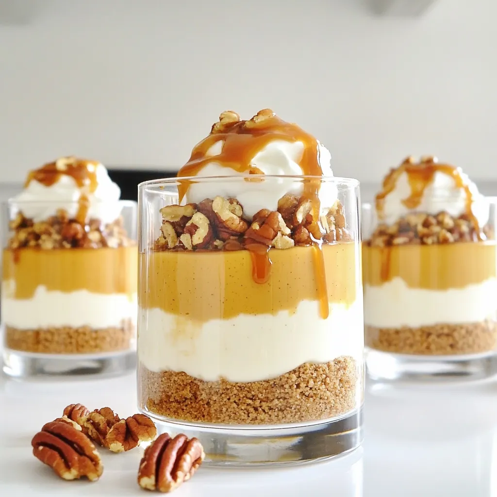 - 1 cup pumpkin puree - 8 oz cream cheese, softened - 1/2 cup brown sugar - 1/2 cup heavy cream - 1 teaspoon vanilla extract - 1 teaspoon pumpkin pie spice - 1 cup crushed graham crackers - 1/2 cup caramel sauce - Whipped cream for topping - Optional: toasted pecans for garnish Caramel Pumpkin Cheesecake Parfaits need simple, tasty ingredients. First, pumpkin puree gives a warm flavor. It pairs well with cream cheese to make it rich and creamy. Brown sugar adds sweetness and depth. Heavy cream is key for a light, fluffy texture. It whips up nicely to make the dessert airy. Vanilla extract brings warmth, while pumpkin pie spice adds a fall touch. Crushed graham crackers give a crunchy layer. The caramel sauce adds sweet richness, drizzled between layers. Whipped cream tops it all off for a pretty finish. For an extra crunch, toasted pecans make a great garnish. Gather these ingredients, and you are ready to create a delightful treat! How to prepare the cream cheese mixture Start by taking 8 ounces of softened cream cheese. Place it in a mixing bowl. Add 1/2 cup of brown sugar. Beat the mixture with a mixer until it is smooth and creamy. Now, add 1 cup of pumpkin puree, 1 teaspoon of vanilla extract, and 1 teaspoon of pumpkin pie spice. Mix everything together until it is fluffy and well blended. How to whip the heavy cream In a separate bowl, pour in 1/2 cup of heavy cream. Use a mixer to whip it until it forms stiff peaks. This step is key for a light texture. After you get stiff peaks, gently fold the whipped cream into the pumpkin mixture. Make sure you blend it well but do not deflate the whipped cream. Steps for layering ingredients in glasses Grab your parfait glasses or cups. Start by adding a layer of crushed graham crackers at the bottom of each glass. Use about 1/4 cup of graham crackers for each glass. Next, spoon a layer of the pumpkin cheesecake mixture on top. After that, drizzle some caramel sauce over the cheesecake layer. Repeat this process until the glasses are full. End with a final layer of the cheesecake mixture on top. Tips for creating visually appealing layers Make sure each layer is even. This helps with presentation. Use a clear glass so you can see the pretty layers. Don't worry if it gets messy; the taste will still shine through! Recommended chilling time Once you finish layering, place the parfaits in the fridge. Chill them for at least 2 hours. This time allows the flavors to blend nicely. Final touches before serving Before you serve, add a dollop of whipped cream on top of each parfait. Drizzle more caramel sauce over the whipped cream. If you like, sprinkle some toasted pecans for a nice crunch and flavor. Enjoy this delightful treat! To whip cream perfectly, start with cold heavy cream. Chill your mixing bowl and beaters too. This helps the cream whip faster. Beat on medium speed until stiff peaks form. Do not over-whip, or it will turn into butter. To avoid lumps in the cream cheese mixture, ensure your cream cheese is softened. Let it sit at room temperature for about 30 minutes. When mixing, add the brown sugar first. Beat until smooth before adding other ingredients. This keeps the texture creamy and lump-free. For garnishing your parfaits, use whipped cream on top. Drizzle extra caramel sauce over it for flair. You can also sprinkle toasted pecans for a nice crunch. They add flavor and look great! When serving for special occasions, use clear glasses. This shows off the lovely layers. You can layer the ingredients in clear cups for a fun twist. Consider adding a sprig of mint on top for a pop of color. One common pitfall is not chilling the parfaits long enough. They need at least 2 hours in the fridge to set properly. If you skip this step, the flavors won’t meld well. Another mistake is rushing the whipping process. Take your time to whip the cream until it forms stiff peaks. Lastly, be careful when layering. If you rush, the layers may mix together, losing that beautiful look. {{image_2}} You can change the flavor of your Caramel Pumpkin Cheesecake Parfaits easily. Try different spices like cinnamon or nutmeg for a twist. You can also use almond or coconut extract instead of vanilla. For toppings, think about adding chocolate chips or crushed Oreos for extra crunch. If you like a fruit flavor, toss in some diced apples or pears. These simple changes make the dessert unique every time. If you need gluten-free options, use gluten-free graham crackers or crushed nuts for the base. You can also make this dessert vegan by substituting cream cheese with a vegan version made from nuts. Use coconut cream instead of heavy cream and a plant-based sugar replacement. These swaps keep the taste rich while meeting dietary needs. As seasons change, so can your parfaits. In winter, add peppermint extract for a festive touch. During spring, mix in fresh berries for a bright flavor. For summer, consider using lemon zest to brighten the dish. These seasonal twists keep your Caramel Pumpkin Cheesecake Parfaits fresh and exciting all year long. To keep leftover parfaits fresh, cover them tightly with plastic wrap or a lid. Store them in the fridge. This method helps keep flavors strong and textures smooth. Avoid mixing different layers, as that may change the taste and look. Yes, you can freeze Caramel Pumpkin Cheesecake Parfaits. To freeze, first, layer the parfaits in freezer-safe containers. Leave some space at the top for expansion. When you want to eat them, move them to the fridge overnight to thaw. This method will keep them tasty and safe to eat. The parfaits last about 3 to 5 days in the fridge. After this time, the texture may change. For the best taste, enjoy them within this period. If you notice any changes in color or smell, it's best to throw them away. Yes, you can use canned pumpkin puree. Canned pumpkin is easy and quick to use. It has a smooth texture and rich flavor. Fresh pumpkin takes more work to prepare. You need to cook and mash it. Canned pumpkin is also safe and can be stored easily. Just make sure to choose 100% pumpkin puree, not pie filling. You can make these parfaits up to two days in advance. This gives the flavors time to blend well. Just layer the parfaits and store them in the fridge. This dessert tastes even better after chilling. If you want to add whipped cream, do it right before serving. You can use several options for lighter choices. Whole milk or half-and-half can work well. For a dairy-free option, use coconut cream. Greek yogurt is another good choice. Each option will change the texture slightly, but they can still taste great! You learned how to make delicious Caramel Pumpkin Cheesecake Parfaits. We covered ingredients, prep steps, and tips for success. Remember to layer carefully for a pretty look and chill well for the best taste. Explore variations to fit your needs, like gluten-free options or seasonal flavors. Store any leftovers properly to keep them fresh. Enjoy this tasty treat any time, and impress your friends with your skills. Making desserts can be simple and fun!