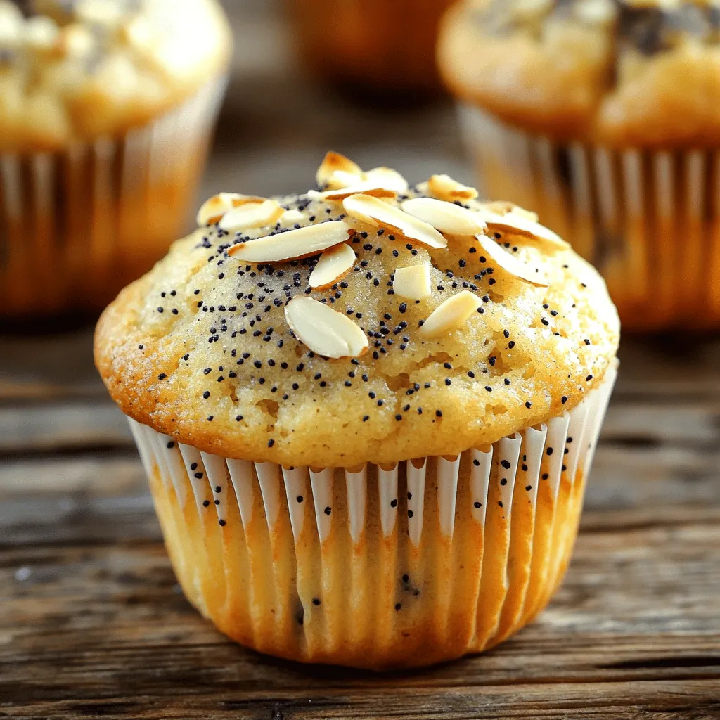 - 1 cup all-purpose flour - 1 cup almond flour - 1/2 cup granulated sugar - 1 tablespoon poppy seeds - 1 teaspoon baking powder - 1/2 teaspoon baking soda - 1/4 teaspoon salt - 2 large eggs - 1/2 cup buttermilk (or yogurt) - 1/4 cup vegetable oil - 1 teaspoon almond extract - 1 teaspoon vanilla extract - Slivered almonds for topping (optional) To make these muffins, gather your ingredients first. You will need both all-purpose and almond flour for a unique texture. The almond flour adds a subtle nutty flavor, while the all-purpose flour gives structure. You will also need sugar to sweeten the muffins. Poppy seeds add a lovely crunch and a bit of flair. Baking powder and baking soda help the muffins rise. Salt enhances the flavors and balances the sweetness. Next, you need two large eggs. They bind the ingredients and add moisture. For creaminess, use buttermilk or yogurt. This makes the muffins tender. Vegetable oil keeps them moist and fluffy. Finally, almond and vanilla extracts add a rich flavor. If you want a bit of extra crunch, you can top the muffins with slivered almonds. 1. Preheat the oven and prepare muffin tin: Start by setting your oven to 350°F (175°C). Line a muffin tin with paper liners or lightly grease it for easy removal. This step is key for getting a nice rise. 2. Mix dry ingredients in a bowl: In a medium bowl, combine 1 cup of all-purpose flour, 1 cup of almond flour, 1/2 cup of granulated sugar, 1 tablespoon of poppy seeds, 1 teaspoon of baking powder, 1/2 teaspoon of baking soda, and 1/4 teaspoon of salt. Stir them well to spread the flavors evenly. 3. Blend wet ingredients in a separate bowl: In a large bowl, whisk together 2 large eggs, 1/2 cup of buttermilk (or yogurt), 1/4 cup of vegetable oil, 1 teaspoon of almond extract, and 1 teaspoon of vanilla extract. Mix until it looks smooth and creamy. 4. Combine and mix ingredients carefully: Gradually add the dry mixture to the wet mixture. Stir gently until just combined. It's okay if there are a few lumps; overmixing can make the muffins tough. 5. Fill muffin cups and add toppings: Use a scoop to fill each muffin cup about two-thirds full. If you want a little crunch, sprinkle some slivered almonds on top of each muffin. 1. Bake muffins at the correct temperature: Place the muffin tin in the preheated oven. Bake for 18-22 minutes. Your kitchen will smell amazing as they bake! 2. Check for doneness with a toothpick: To see if they are ready, insert a toothpick into the center of a muffin. If it comes out clean, they are done. If not, give them a few more minutes. 3. Cooling instructions after baking: Once baked, let the muffins cool in the pan for about 5 minutes. Then, transfer them to a wire rack to cool completely. This helps keep them light and fluffy. Enjoy! - Avoid overmixing the batter. Mix just until the dry and wet ingredients come together. A few lumps are okay. This keeps the muffins fluffy and light. - Achieve the perfect texture with buttermilk. Buttermilk adds moisture and richness. It helps create a tender crumb. If you don’t have buttermilk, plain yogurt works just as well. - Optimal baking times and temperatures. Bake your muffins at 350°F (175°C). Check them at 18 minutes. The toothpick should come out clean when they are done. - Using too much flour. This can make your muffins heavy. Use the spoon and level method to measure flour. This gives you the right amount. - Not preheating the oven adequately. Always preheat your oven before baking. This helps muffins rise and bake evenly. - Baking too long or too short. Keep an eye on your muffins as they bake. If they bake too long, they can dry out. If too short, they may be raw in the center. {{image_2}} You can add fun twists to almond poppy seed muffins. Here are some ideas: - Adding lemon zest for a citrus twist: Grate the peel of one lemon into your batter. This adds brightness and a fresh taste. Lemon pairs well with almond flavor. - Incorporating chocolate chips: Stir in half a cup of chocolate chips. They add sweetness and richness. Dark chocolate works best for a nice balance. - Using different types of nuts: Swap out slivered almonds for chopped walnuts or pecans. This adds crunch and a new taste. Each nut brings its unique flavor to the muffins. You can make these muffins fit different diets. Here are some easy swaps: - Gluten-free almond poppy seed muffins: Replace all-purpose flour with a gluten-free blend. Make sure it has a good binding agent. This keeps your muffins moist and fluffy. - Vegan alternatives for eggs and dairy: Use flax eggs instead of regular eggs. Mix one tablespoon of flaxseed meal with three tablespoons of water. Let it sit for five minutes. For buttermilk, use almond milk with a teaspoon of vinegar. This will give you a great dairy-free option. To keep your almond poppy seed muffins fresh, store them at room temperature. Place the muffins in an airtight container. They can last for about three days this way. If you need to keep them for longer, freezing is a great option. Wrap each muffin in plastic wrap, then place them in a freezer-safe bag. This can keep them tasty for up to three months. Reheating muffins correctly makes a big difference in taste. The best way is to use the oven. Preheat your oven to 350°F (175°C). Place the muffins on a baking sheet. Heat them for about 10 minutes. This method keeps the muffins warm and soft. If you need a faster way, use the microwave. Place a muffin on a microwave-safe plate. Heat it for 10 to 15 seconds. This method is quick but may make the muffin a bit chewy. Enjoy your muffins warm! Can I use other types of flour? Yes, you can swap all-purpose flour with whole wheat flour. This change adds fiber and nutrients. Just note that whole wheat may make the muffins denser. You can also try gluten-free flour blends if needed. How can I make these muffins healthier? To make these muffins healthier, you can reduce the sugar. Try using only 1/3 cup instead of 1/2 cup. You can add mashed bananas or applesauce as a sweetener. Another option is to use Greek yogurt instead of buttermilk. What is the best way to serve almond poppy seed muffins? I love serving these muffins warm. You can enjoy them plain or with a bit of butter. They also pair well with jam or honey. For a special touch, add a sprinkle of powdered sugar on top. Why are my muffins sinking? Muffins sink when they have too much liquid or not enough flour. Check your measurements to ensure they are accurate. Overmixing can also cause sinking. Mix just until combined for the best rise. What can I do if my muffins are too dry? If your muffins are dry, they may need more fat or moisture. You can add a bit more buttermilk or yogurt next time. Also, try reducing the baking time. Check them a few minutes early to avoid overbaking. You now have all the tools to make almond poppy seed muffins. We covered the key ingredients, preparation steps, baking tips, flavor variations, and storage methods. Remember to avoid common mistakes for the best results. Don't hesitate to try new flavors or dietary options. Enjoy the warm muffins fresh from your oven. Baking can be fun and rewarding, as you learn along the way. So grab your ingredients and start your baking adventure today!