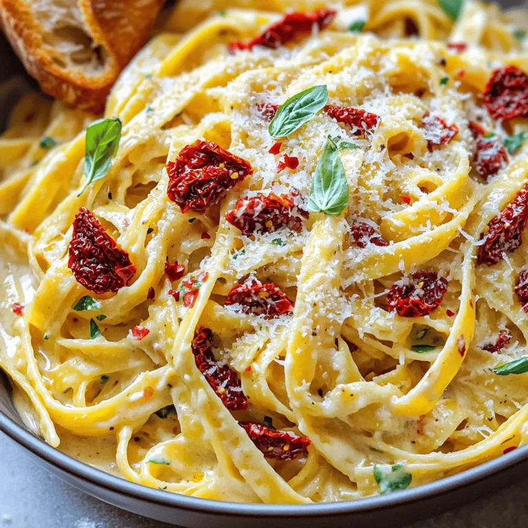 - 8 oz. pasta (fettuccine or penne) - 1 cup sun-dried tomatoes, chopped - 1 cup heavy cream - 2 tbsp olive oil - 3 cloves garlic, minced - 1/2 cup grated Parmesan cheese - 1/4 cup fresh basil, chopped - Salt and pepper to taste - Red pepper flakes (optional) To make creamy sun-dried tomato pasta, gather all your ingredients first. Start with your choice of pasta; I like fettuccine or penne. It holds the sauce well. Sun-dried tomatoes add a rich, tangy taste. Chop them into small pieces for even blending in the sauce. Next, you’ll need heavy cream. This gives your dish its creaminess. Olive oil will help sauté the garlic and tomatoes, adding depth to the flavor. Mince three cloves of garlic; this will add a lovely aroma. You will also need grated Parmesan cheese for that savory kick. Fresh basil brings freshness and color. Finally, don’t forget salt and pepper to enhance all the flavors. If you like heat, add red pepper flakes to spice things up. Now you have everything ready to create a comforting dish in no time! To cook the pasta, bring a large pot of salted water to a boil. Add 8 oz. of pasta, like fettuccine or penne. Cook it until al dente, which usually takes about 8-10 minutes. Stir it occasionally to prevent sticking. Once cooked, drain the pasta. Remember to save 1/2 cup of that pasta water. This water helps adjust the sauce later if it's too thick. In a large skillet, heat 2 tbsp of olive oil over medium heat. Add 3 minced garlic cloves and sauté them for about a minute until they smell good. Be careful not to let the garlic burn. Next, add 1 cup of chopped sun-dried tomatoes. Cook them for 2-3 minutes while stirring. Then, pour in 1 cup of heavy cream. Let it simmer gently for 3-4 minutes. This helps the cream thicken a bit. Stir in 1/2 cup of grated Parmesan cheese until it melts into the sauce. If the sauce feels too thick, mix in some reserved pasta water until you like the texture. Now, add the cooked pasta to the skillet. Toss it well, so all the pasta gets covered in the creamy sauce. Season with salt and pepper to taste. If you want a little heat, sprinkle in some red pepper flakes. Finally, mix in 1/4 cup of chopped fresh basil. Give everything a gentle stir before serving. To get the right sauce thickness, use reserved pasta water. This water holds starch, helping to thicken your sauce. Start with a little, then add more if needed until it’s just right. For flavor, season with salt and pepper. Red pepper flakes add a nice kick if you like heat. When cooking garlic, keep the heat moderate. Sauté it until fragrant, about one minute. Stir often to avoid burning. If garlic burns, it turns bitter, ruining your sauce. For garnishing, sprinkle more grated Parmesan on top. Add fresh basil for color and flavor. Serve the pasta in a large bowl. Don’t forget crusty bread on the side; it’s perfect for dipping! {{image_2}} You can swap heavy cream for other options. Try using half-and-half for a lighter dish. Coconut milk or almond milk also works well. They add a unique flavor but keep the creaminess. You can also use Greek yogurt for tangy creaminess. Different pasta types can change the dish. Fettuccine or penne are great choices, but feel free to try others. Bowtie or whole wheat pasta can give a nice twist. Gluten-free pasta is also an option for those with dietary needs. Want to add protein? Chicken, shrimp, or tofu are great options. Cook chicken in the skillet before adding the sauce. Season it well for extra flavor. For shrimp, add them to the sauce when it simmers. They cook quickly and stay juicy. Tofu can be sautéed until golden. It absorbs the sauce well. You can boost flavors with more herbs. Fresh thyme or oregano adds depth to the dish. Try mixing in fresh parsley or chives for a bright touch. Cheese alternatives can also change the flavor profile. Use goat cheese for a tangy taste. Ricotta adds creaminess without being too heavy. Vegan cheese is a solid option for plant-based diets. To keep your creamy sun-dried tomato pasta fresh, store it in an airtight container. This helps seal in all the flavors. Place the container in the fridge. You can keep it there for up to three days. After that, the pasta may lose its taste and texture. When it's time to enjoy your leftovers, reheating is key. To maintain the creaminess, avoid high heat. The stovetop method works best. Heat a pan over low heat and add a splash of water or cream. Stir the pasta gently until it's warm. If you use a microwave, heat it in short bursts. Stir in between to avoid hot spots. This keeps the sauce smooth. Freezing creamy sun-dried tomato pasta is a great way to save it for later. Make sure it’s completely cool before you freeze it. Place the pasta in a freezer-safe container or a zip-top bag. Remove as much air as possible. You can freeze it for up to three months. When you're ready to eat, thaw it in the fridge overnight. Reheat it on the stovetop with a bit of cream to restore its creamy texture. To make sun-dried tomato pasta from scratch, start with the sauce. Heat olive oil in a skillet over medium heat. Add minced garlic and cook until fragrant, about one minute. Next, add chopped sun-dried tomatoes and cook for two to three minutes. Pour in heavy cream and let it simmer until thickened, around three to four minutes. Stir in grated Parmesan cheese until it melts. Combine the cooked pasta with the sauce and mix well. You can use fresh tomatoes, but the flavor will change. Sun-dried tomatoes are intense and rich. If using fresh, chop them and sauté with garlic longer. You may also need to add some sugar or extra seasoning for sweetness. Fresh tomatoes will give a lighter taste, making the dish less creamy but still tasty. For a great meal, pair the pasta with simple sides. A crisp green salad works well to balance the creaminess. You can also serve garlic bread, which adds crunch. Roasted vegetables or steamed broccoli will bring color and nutrients to your plate. Enjoy these sides for a complete, satisfying dinner! This blog post walked you through the process of making creamy sun-dried tomato pasta. You learned about the key ingredients, step-by-step cooking instructions, and tips for perfecting the sauce. We also explored variations to add proteins and adjust flavors. As you create this dish, remember to enjoy the process. Each step lets you put your own touch on a classic recipe. Now, gather your ingredients and start cooking! You’ll love the tasty results.