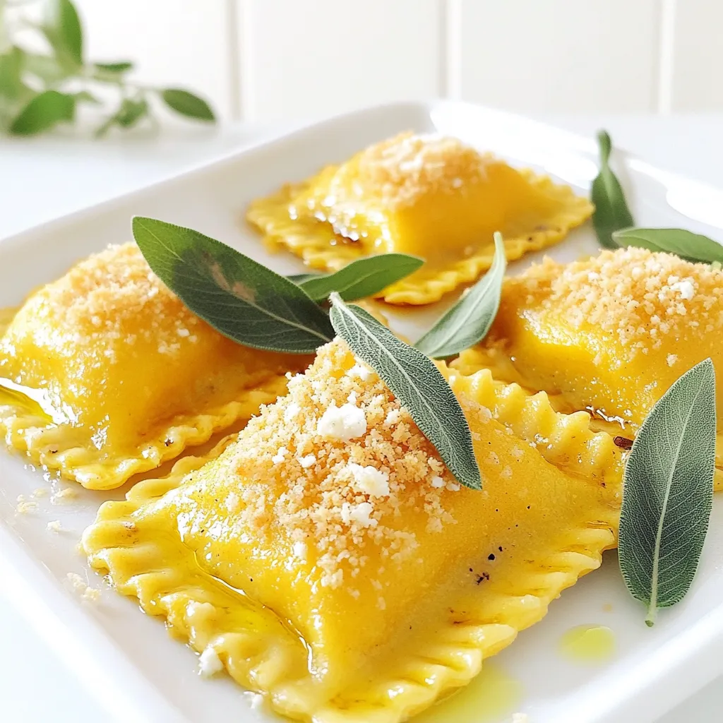 To make crispy pumpkin ravioli, you will need: - 1 package of store-bought or homemade pasta dough - 1 cup pumpkin puree (canned or freshly made) - ½ cup ricotta cheese - 2 tablespoons grated Parmesan cheese - 1 teaspoon garlic powder - 1 teaspoon nutmeg - Salt and pepper to taste - 1 egg (for egg wash) - 1 cup breadcrumbs (panko for extra crispiness) - Olive oil spray If you can't find some ingredients, here are some swaps: - Instead of ricotta cheese, use cream cheese for a creamier texture. - For a dairy-free option, try using cashew cheese or tofu blended until smooth. - If you lack nutmeg, cinnamon gives a nice warm flavor too. - For the egg wash, you can use a mixture of water and cornstarch. Using good quality ingredients makes a difference. Here are some trusted brands: - For pasta dough, I recommend Barilla or fresh local brands. - Libby's is a great choice for pumpkin puree. - For ricotta, look for Galbani or BelGioioso. - When it comes to breadcrumbs, Panko from Kikkoman is top-notch for extra crunch. - Finally, use a good quality olive oil for spraying, like California Olive Ranch. To make the filling, take a mixing bowl. Add 1 cup of pumpkin puree. Then, mix in ½ cup of ricotta cheese. Next, add 2 tablespoons of grated Parmesan cheese. Now, sprinkle in 1 teaspoon of garlic powder and 1 teaspoon of nutmeg. Finally, season with salt and pepper to taste. Stir until the mixture is smooth. This filling is creamy and full of flavor. If you have store-bought pasta dough, skip this step. If you are making dough at home, roll it out into thin sheets. Use a pasta machine or a rolling pin. Once rolled, cut the pasta into squares that are about 3 inches. Make sure the squares are even. This will help the ravioli cook evenly. First, preheat your air fryer to 375°F (190°C). Next, take each pasta square and place a spoonful of the pumpkin filling in the center. Brush the edges with a beaten egg for a good seal. Fold the square into a triangle shape and press the edges tightly. Use a fork to crimp the edges, adding a nice touch. Now, spray the ravioli with olive oil on both sides. Coat them in breadcrumbs for extra crunch. Place the ravioli in the air fryer basket, making sure they don’t overlap. Air fry them for 10-12 minutes. Check until they turn golden brown and crispy. Depending on your air fryer size, you may need to cook in batches. Once done, remove the ravioli and let them cool slightly before serving. They're now ready to enjoy! To make your crispy pumpkin ravioli extra crunchy, use panko breadcrumbs. Panko is lighter and gives a better crunch than regular breadcrumbs. Spray the ravioli with olive oil on both sides. This helps the breadcrumbs stick and adds flavor. Cook the ravioli in a single layer in your air fryer. This allows hot air to flow around all sides, ensuring even cooking. For the best results, preheat your air fryer. This step helps the ravioli cook quickly and become crispy. One common mistake is overfilling the ravioli. Too much filling can cause them to burst during cooking. Make sure to use just a spoonful of filling. Another mistake is not sealing the edges well. Use a fork to crimp the edges. This keeps the filling inside. Also, avoid crowding the air fryer basket. If you stack the ravioli, they won't cook evenly. Finally, don't skip the egg wash. It helps the breadcrumbs stick better. Enhance the flavor of your pumpkin filling with spices. A pinch of cinnamon or a dash of cayenne can add warmth. Fresh herbs, like sage, can also bring a nice touch. You can mix in some sautéed onions or garlic for a savory note. Don't forget to season the breadcrumbs, too! A sprinkle of garlic powder or Italian seasoning adds depth. Consider serving the ravioli with a drizzle of balsamic reduction. This adds a sweet and tangy contrast to the dish. {{image_2}} You can swap the pumpkin filling for many other tasty options. Try using sweet potato for a sweeter touch. Butternut squash gives a nice earthy flavor too. For a savory bite, mix spinach and feta cheese. You could also use mushrooms and ricotta for a rich, umami taste. Each filling brings its own charm, making your ravioli unique. To make this dish vegan, replace the ricotta and Parmesan with vegan cheese. You can use tofu mixed with lemon juice for a creamy texture. Use a plant-based egg substitute to seal the pasta. The pumpkin puree keeps the flavor while being fully plant-based. Just like that, you have a delicious vegan option everyone can enjoy! Pair your crispy ravioli with some tasty sauces. A simple garlic butter sauce works wonders. For a fresh touch, try a basil pesto. It adds a vibrant flavor that complements the pumpkin. You could also serve it with marinara or a creamy Alfredo sauce. Each sauce brings something special to your meal, making it even more delightful! After you enjoy your crispy pumpkin ravioli, let them cool down. Place any leftovers in an airtight container. Keep them in the fridge for up to three days. This keeps them fresh and tasty for your next meal. To reheat your ravioli, use the air fryer for the best results. Set it to 350°F (175°C). Cook for about 5 minutes, checking until they are warm and crispy again. This helps keep that crunchy texture we love. You can also use a conventional oven. Just place them on a baking sheet. If you want to freeze your ravioli, lay them out in a single layer on a baking sheet. Freeze them for about an hour. Once frozen, transfer them into a freezer-safe bag. This method prevents them from sticking together. You can store them in the freezer for up to three months. When you are ready to cook, air fry them straight from frozen. Just add a few extra minutes to the cooking time. To seal ravioli, you should use an egg wash. Brush the edges of the pasta squares with a beaten egg. This helps the dough stick together. After adding the filling, fold the pasta over. Press the edges tightly to seal. Use a fork to crimp the edges. This adds a nice touch and ensures the filling stays inside. Yes, you can use store-bought pumpkin puree. It saves time and is very convenient. Look for pure pumpkin and not pumpkin pie filling. The flavor will be richer using fresh pumpkin puree, but both options work well. Just make sure it is smooth for the best ravioli texture. Cook the ravioli in the air fryer for 10-12 minutes. Preheat your air fryer to 375°F (190°C) before placing the ravioli inside. Make sure they are in a single layer. If your air fryer is small, you might need to cook them in batches. Check for a golden brown color for the best crispiness. In this post, we explored how to prepare delicious pumpkin ravioli. We covered key ingredients, suggested great brands, and provided easy substitutions. You learned step-by-step instructions for filling, cutting, and cooking your ravioli to perfection. I shared tips for crispiness, common mistakes to avoid, and seasoning ideas. You can even try different fillings or vegan options. Finally, we discussed smart ways to store and reheat your ravioli. With these insights, you’ll impress your family and friends with tasty homemade ravioli. Enjoy your cooking adventure!