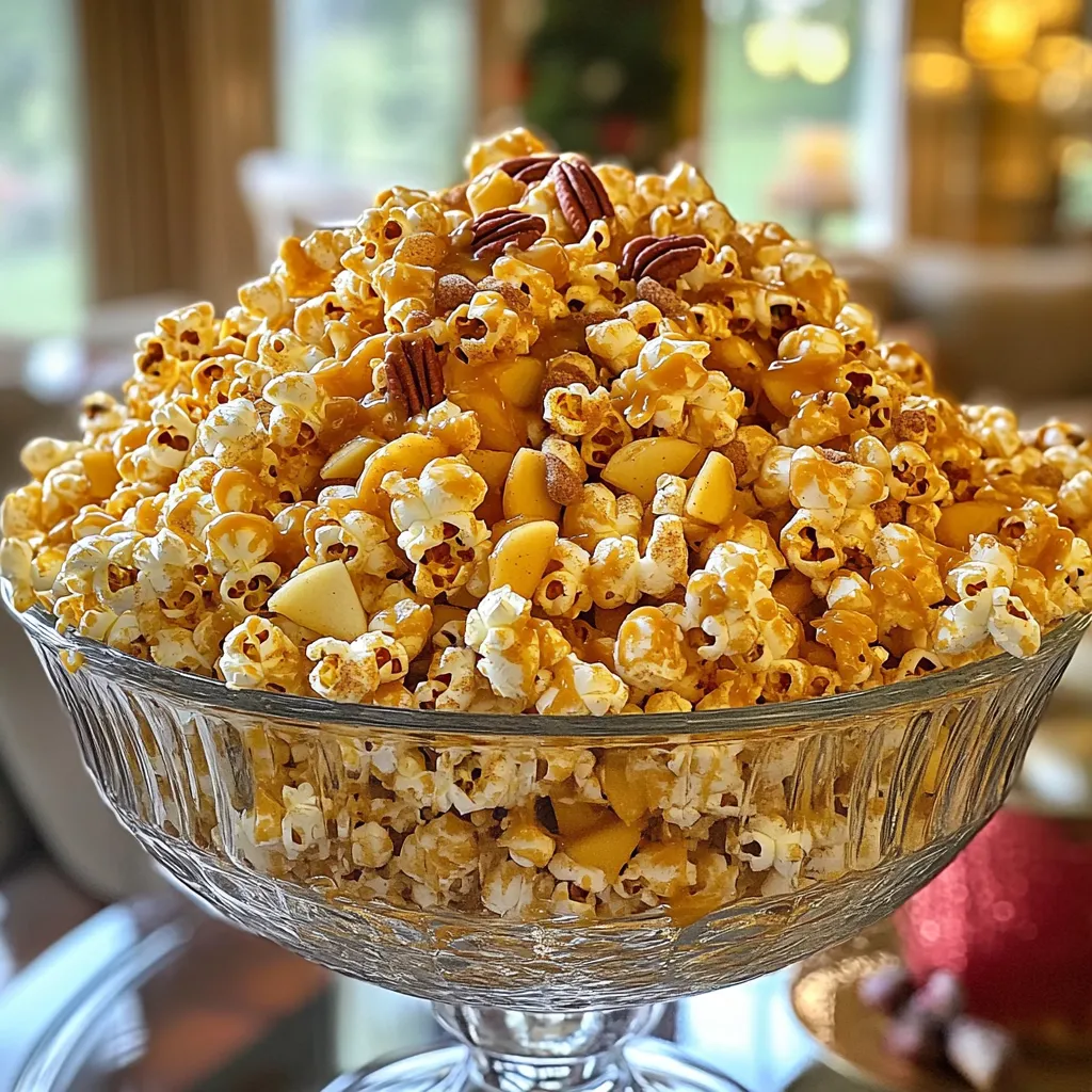 - 8 cups popped popcorn - 1 cup granulated sugar - 1/2 cup unsalted butter - 1/4 cup corn syrup - 1/2 teaspoon salt - 1 cup dried apple chips - 1/2 cup pecans - 1/2 teaspoon cinnamon - Large saucepan - Baking sheet - Parchment paper - Large mixing bowl To make Caramel Apple Popcorn Mix, gathering your ingredients is key. Start with the main ingredients. You'll need 8 cups of popped popcorn. This is about 1/2 cup of kernels. Next, grab 1 cup of granulated sugar, 1/2 cup of unsalted butter, 1/4 cup of corn syrup, and 1/2 teaspoon of salt. These form the sweet, sticky caramel that coats the popcorn. For added flavor and crunch, consider optional ingredients. Dried apple chips bring that classic caramel apple taste. You can chop 1 cup of these chips into smaller pieces. If you like nuts, add 1/2 cup of pecans for a nice crunch. A sprinkle of 1/2 teaspoon of cinnamon adds warmth and spice. Don't forget your tools! You will need a large saucepan to cook the caramel. A baking sheet lined with parchment paper helps with easy cleanup. Lastly, a large mixing bowl is perfect to combine everything. With these ingredients and tools ready, you can create a delightful fall snack that everyone will love. 1. Preheat the oven and prepare the baking sheet: Start by setting your oven to 250°F (120°C). This low heat will help the mix become crisp. Line a large baking sheet with parchment paper. This makes cleanup easy and prevents sticking. 2. Cook caramel mixture over medium heat: In a large saucepan, combine 1 cup of granulated sugar, 1/2 cup of unsalted butter, 1/4 cup of corn syrup, and 1/2 teaspoon of salt. Stir the mix over medium heat until it starts to boil. Keep an eye on it and stir often to prevent burning. 1. Mixing popcorn with caramel sauce: Once the caramel reaches a light golden color, remove it from heat. Quickly stir in 1/2 teaspoon of baking soda and 1 teaspoon of vanilla extract. This makes the caramel bubbly. In a large bowl, combine 8 cups of popped popcorn with chopped apple chips and optional pecans. 2. Adding apple chips and nuts: Pour the warm caramel sauce over your popcorn mix. Use a spatula or wooden spoon to coat all the popcorn. Make sure each piece gets some caramel. This adds flavor and sweetness. 1. Baking the mixture for even coating: Spread the caramel-coated popcorn mix onto your prepared baking sheet. For added flavor, sprinkle 1/2 teaspoon of cinnamon over the top if you like. Bake in the preheated oven for 45 minutes. Stir the mix every 15 minutes to help it bake evenly. 2. Cooling and breaking into clusters: After baking, remove the popcorn from the oven and let it cool completely. Once cooled, break it apart into clusters. This creates fun bites that are easy to share! To make the best caramel, aim for a light golden color. This color shows you cooked it just right. Watch closely as it boils. If it gets too dark, it may taste bitter. Stir the mix only until it boils. After that, let it cook without stirring. This helps it reach the right temperature and color. If you keep stirring, it won’t caramelize well. You can serve the Caramel Apple Popcorn Mix in fun ways. Use clear bags tied with a pretty ribbon for gifts. This adds a special touch. Place it in a large bowl with extra apple chips on top. It makes for a fun display. Try adding a scoop of the mix to ice cream for a tasty treat. It’s also great for movie nights with friends or family. Just set out a big bowl and enjoy! To keep your mix fresh, store it in an airtight container. This helps keep it crunchy. You can use glass jars or plastic containers. If you have leftovers, wait until it cools completely before storing. This prevents it from getting soggy. For best taste, eat it within a week. {{image_2}} You can make your caramel apple popcorn even more fun. Try adding different nuts and fruits. Some great options include: - Almonds - Walnuts - Pecans - Peanuts These nuts add crunch and flavor. Dried fruits like cranberries or raisins bring a sweet twist. You might also enjoy a drizzle of melted chocolate. It adds a rich, creamy layer. Just melt some chocolate and drizzle it over the cooled popcorn. Want to make your caramel apple popcorn gluten-free? It's easy! Just use gluten-free popcorn and check your ingredients. For a vegan twist, swap the butter for coconut oil. You can also find vegan caramel sauces online or in stores. Just make sure to read the labels. This snack shines in fall. But you can switch it up for other seasons, too! In spring, think about adding fresh strawberries or blueberries. For summer, mix in some tropical fruits like pineapple or mango. These changes keep your popcorn fresh and fun all year long. How long does Caramel Apple Popcorn last? Caramel Apple Popcorn stays fresh for about 1 week if stored right. Keep it in an airtight container at room temperature. This helps keep it crunchy. Can I use microwave popcorn for this recipe? Yes, you can use microwave popcorn. Just make sure it is plain or lightly salted. This saves time and still tastes great. What to do if the caramel is too hard? If the caramel is too hard, you can add a splash of water. Heat it gently on low until it softens. This will help you coat the popcorn better. How to fix soggy popcorn? If your popcorn is soggy, try baking it a bit longer. Spread it out on a baking sheet and bake at 250°F for 10 minutes. This will help restore some crunch. How many people does the recipe serve? This recipe serves about 8 to 10 people. It's perfect for sharing at parties or family gatherings. Can it be easily halved or doubled? Yes, you can easily halve or double the recipe. Just adjust the ingredients accordingly. This way, you can make just the right amount for your needs. Many users rave about the flavor of this mix. They love the sweet caramel with a hint of apple. It reminds them of fall and family gatherings. The crunch of popcorn paired with apple chips adds a great texture. Some users suggest adding more cinnamon for extra warmth. Others feel it could use a touch more salt to balance the sweetness. If you want a quick snack, several brands offer tasty pre-made mixes. Look for brands like Popcornopolis or Angela’s Gourmet. They provide high-quality caramel apple popcorn mixes. You can find these at local grocery stores or online retailers like Amazon. Always check reviews to ensure quality. Users often share fun tips in the comments. One popular idea is to serve the popcorn in mason jars for a cute gift. Another user suggests adding mini marshmallows for a chewy twist. Some readers enjoy mixing in chocolate chips for a sweet combo. These ideas make the snack even more fun and festive! This blog covers how to make tasty Caramel Apple Popcorn. You learned about key ingredients, needed equipment, and step-by-step instructions. We also explored tips for a perfect caramel and creative serving ideas. Making variations is a fun way to mix things up. Store your popcorn properly to keep it fresh. Try out these techniques and enjoy a delicious treat with your family or friends. Happy snacking!