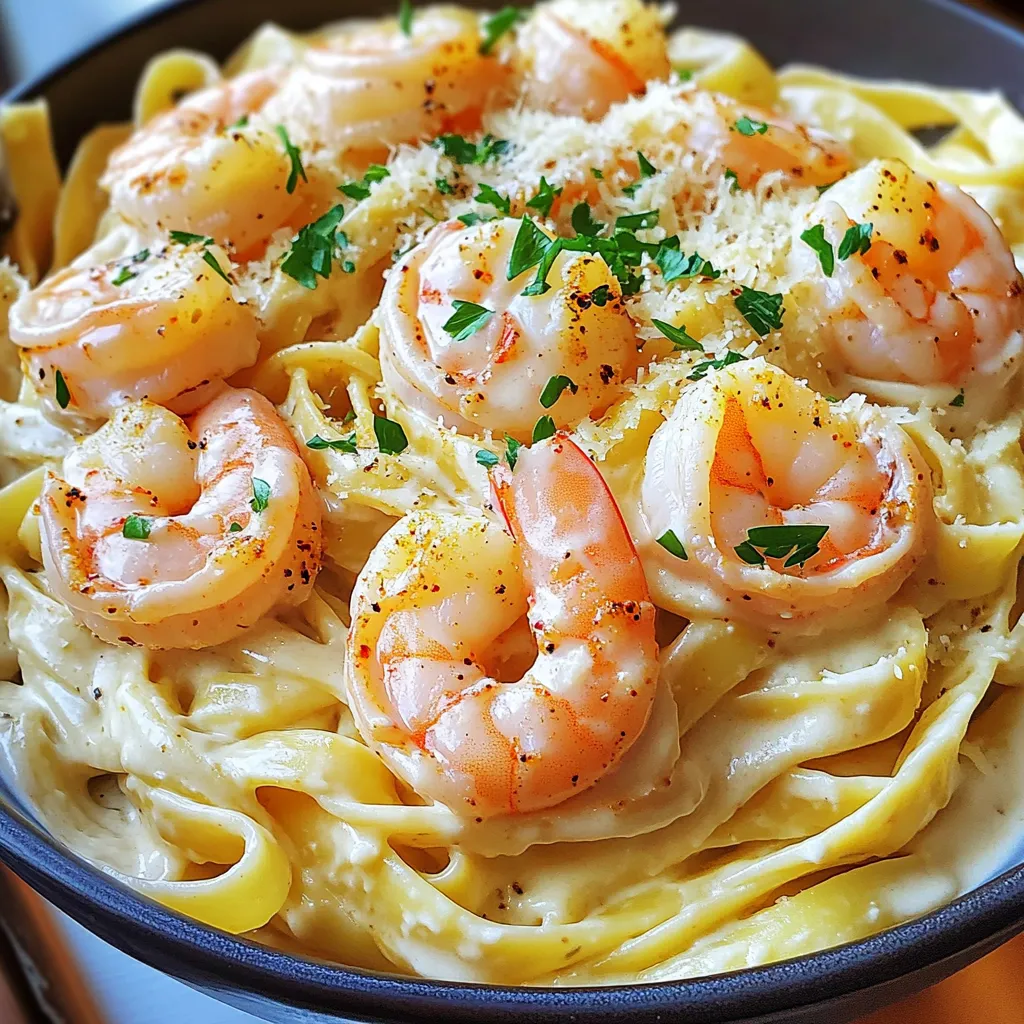 - 1 pound large shrimp, peeled and deveined - 12 ounces fettuccine pasta - 3 tablespoons Cajun seasoning - 3 tablespoons olive oil - 4 cloves garlic, minced - 2 cups heavy cream - 1 cup grated Parmesan cheese - 1 cup chicken broth - Salt and pepper to taste The main stars of this dish are the shrimp and fettuccine. The shrimp adds a delightful texture and absorbs the Cajun flavors well. The pasta serves as a perfect base, soaking up the creamy sauce. - Olive oil - Garlic - Heavy cream - Chicken broth - Salt - Pepper Pantry staples are essential for flavor. Olive oil helps cook the shrimp and garlic. Heavy cream makes the sauce rich and smooth. Chicken broth adds depth, while salt and pepper enhance every bite. - Fresh parsley, chopped - Extra Parmesan cheese Garnishes make a dish shine. Fresh parsley adds a pop of color and a hint of freshness. Extra Parmesan gives that cheesy finish that everyone loves. You can use these garnishes to make your dish look even more appealing. Start by heating 3 tablespoons of olive oil in a large pot over medium heat. Add 1 pound of peeled and deveined shrimp and sprinkle 3 tablespoons of Cajun seasoning over them. Sauté the shrimp for about 3-4 minutes. You’ll know they are cooked when they turn pink and opaque. Remove the shrimp from the pot and set them aside while you prepare the rest. In the same pot, add 4 cloves of minced garlic and sauté them for 1-2 minutes until they smell great. Next, add 1 cup of chicken broth and bring it to a simmer. Stir in 12 ounces of fettuccine pasta, making sure it is fully submerged in the broth. Cook the pasta for about 10-12 minutes. Stir occasionally until the pasta is al dente. This means it should be firm but not hard when you bite it. Once the pasta is cooked, lower the heat. Pour in 2 cups of heavy cream and stir to combine. Let it cook for an additional 2-3 minutes. Gradually add in 1 cup of grated Parmesan cheese while stirring. Keep mixing until the sauce is creamy and smooth. Taste it and adjust seasoning with salt and pepper as needed. Return the sautéed shrimp to the pot. Mix well until the shrimp are evenly coated in the sauce. If the sauce seems too thin, let it sit off the heat for a minute to thicken up a bit. When ready to serve, dish it out into large bowls. Garnish with chopped fresh parsley and an extra sprinkle of Parmesan cheese for a nice touch. To save time, use pre-cooked shrimp. This cuts cooking time by half. If you want a real kick, try Cajun seasoning from a jar. It adds flavor fast. Another tip is to boil the pasta in the same pot. This way, you get a rich sauce and save on dishes. Add a pinch of smoked paprika for depth. Fresh basil or thyme can brighten the dish. A squeeze of lemon juice at the end gives a fresh taste. If you like heat, toss in some red pepper flakes. They pack a punch without overpowering the dish. Serve with a side of garlic bread for a delightful crunch. A simple green salad pairs well, too. For drinks, a cold glass of white wine enhances the meal. If you want a non-alcoholic option, try sparkling water with lime. These choices balance the creamy richness of the dish. {{image_2}} You can swap shrimp for other proteins. Chicken works great in this dish. Just cut it into small pieces and cook until golden. For a plant-based option, try using mushrooms or zucchini. They add a nice texture and absorb flavor well. If you need a gluten-free meal, choose gluten-free pasta. Look for brands made from rice or corn. These options cook similarly to regular pasta. Just keep an eye on the cooking time, as it may vary a bit. You can change the cream sauce for different tastes. For a lighter sauce, use half-and-half instead of heavy cream. This cuts calories but keeps it creamy. You can also add fresh herbs like basil or dill for extra flavor. Mixing in a bit of pesto can bring a fresh twist to the dish. After making your creamy Cajun shrimp Alfredo, you may have some tasty leftovers. To store them, place the dish in an airtight container. This helps keep it fresh. Refrigerate it right away. It will stay good for about three days. When you're ready to eat, reheat it on the stove over medium heat. Stir gently to warm it through. You can also use a microwave; just cover it to avoid splatters. Heat in short bursts, stirring in between, until hot. If you want to save some for later, freezing is a great option. First, let the dish cool completely. Then, place it in a freezer-safe container. Make sure to leave some space at the top, as it may expand. Seal it tightly to avoid freezer burn. When you're ready to enjoy it again, thaw it in the fridge overnight. Reheat it gently on the stove, adding a splash of chicken broth or cream if it seems dry. In the fridge, your creamy Cajun shrimp Alfredo lasts about three days. If you freeze it, you can keep it for up to three months. Just remember, the sooner you eat it, the better the taste will be. Always check for any off smells or changes in texture before enjoying leftovers. Yes, you can make this recipe ahead of time. To prep in advance, cook the shrimp and sauce first. Store them separately from the pasta in the fridge. When you are ready to serve, cook the pasta and reheat the shrimp and sauce. This keeps everything fresh. If you want a lighter option, you can use half-and-half or whole milk mixed with a bit of flour. For dairy-free choices, try coconut cream or cashew cream. Both options give a nice texture without the dairy. You can control the heat by adjusting the Cajun seasoning. Start with less seasoning and add more to taste. For a milder dish, you can omit the Cajun spice entirely. Adding a bit of sugar can also help tone down the heat. This blog post covered easy steps to make a delicious shrimp pasta dish. You learned about key ingredients like shrimp, pasta, and Cajun seasoning. We explored how to cook shrimp, prepare pasta, and make a creamy Alfredo sauce. I shared quick tips to improve flavor and variations for dietary needs. Remember, cooking can be fun and flexible. Try new ideas and enjoy your meal. Your kitchen is a place for creativity and taste.