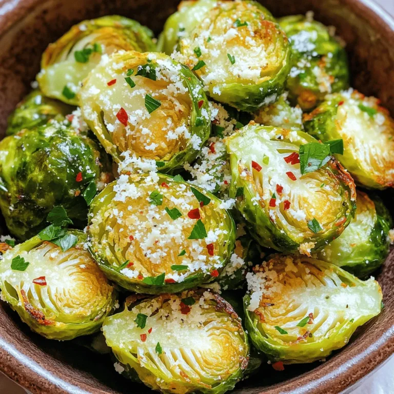 For these Air Fryer Garlic Parmesan Brussels Sprouts, you need some simple ingredients. Each one adds flavor and texture to the dish. Here’s what you will use: - 1 pound Brussels sprouts, trimmed and halved - 3 tablespoons olive oil - 4 cloves garlic, minced - 1/2 cup grated Parmesan cheese - 1 teaspoon garlic powder - 1 teaspoon onion powder - Salt and pepper to taste - 1/4 teaspoon red pepper flakes (optional) - Fresh parsley, chopped (for garnish) Getting the right measurements is key for great taste. Use 1 pound of Brussels sprouts. This gives you enough for four servings. The olive oil keeps them moist and crispy. Three tablespoons do the trick. Four cloves of minced garlic pack in a bold flavor. Use half a cup of grated Parmesan cheese for that cheesy goodness. For spices, one teaspoon each of garlic powder and onion powder adds depth. Adjust salt and pepper to your liking. If you want some heat, add 1/4 teaspoon of red pepper flakes. You can customize this recipe with a few options. If you like a little crunch, consider adding chopped nuts like walnuts or pecans. They add texture and flavor. You can swap out Parmesan cheese for a dairy-free cheese if you prefer. Another option is to use lemon zest instead of red pepper flakes for a fresh twist. Try different herbs, like thyme or rosemary, to change the flavor profile. These add-ins make this dish your own! First, we need to get your air fryer ready. Set it to 375°F (190°C). This heat level helps the Brussels sprouts cook evenly. Preheating makes a big difference in achieving that crispy texture we all love. Next, grab 1 pound of Brussels sprouts. Trim the ends and cut them in half. This step helps them cook faster. In a large bowl, toss the halved sprouts with 3 tablespoons of olive oil. Add 4 cloves of minced garlic, 1 teaspoon of garlic powder, and 1 teaspoon of onion powder. Sprinkle salt, pepper, and 1/4 teaspoon of red pepper flakes if you want some heat. Mix well to coat each sprout evenly. Then, add 1/2 cup of grated Parmesan cheese. Toss again so every sprout gets that cheesy goodness. Now, it's time to cook! Place the seasoned Brussels sprouts in the air fryer basket. Make sure they are in a single layer. You may need to cook them in batches if your fryer is small. Air fry for 15 to 18 minutes. Shake the basket halfway through. This ensures they cook evenly and get crispy all around. When they turn golden brown, they are ready. After cooking, let them cool for a bit. Garnish with fresh chopped parsley and more Parmesan if you like. Enjoy your crispy, tasty Brussels sprouts! To get your Brussels sprouts extra crispy, follow these steps: - Make sure to dry the sprouts well after washing. Moisture can make them soggy. - Use enough olive oil. It helps them crisp up nicely. - Don't overcrowd the air fryer basket. Give them space to cook evenly. - Shake the basket halfway through cooking. This helps all sides get crispy. Here are some common mistakes to avoid: - Cutting the sprouts too small can lead to burning. Halve them for the best size. - Skipping the preheating step can affect the cooking time and texture. Always preheat your air fryer. - Forgetting to shake or stir them can lead to uneven cooking. Always give them a shake halfway through. When seasoning your Brussels sprouts, keep these tips in mind: - Use fresh garlic for a stronger flavor. Minced garlic gives a great taste. - Mix the spices well with the oil before adding the sprouts. This ensures even coating. - Add salt and pepper to taste, but start small. You can always add more later. - If you like heat, sprinkle red pepper flakes. They add a nice kick! {{image_2}} You can change the flavor of your Brussels sprouts easily. Here are some fun ideas: - Lemon Zest: Add zest from one lemon for a fresh kick. - Balsamic Glaze: Drizzle some balsamic glaze for sweetness. - Smoked Paprika: Use smoked paprika for a rich, smoky taste. - Cajun Spice: Add a pinch of Cajun spice for heat and zest. These options let you play with flavors. You can mix and match to find your favorite. While Parmesan is fantastic, you can try other cheeses too. Here are a few suggestions: - Pecorino Romano: This cheese adds a sharper flavor. - Asiago: Use Asiago for a nutty twist. - Nutritional Yeast: This is a great vegan option that gives a cheesy taste. Experimenting with cheese can change your dish's character. Choose what you like best. Want to make this dish vegan? It’s simple! Just follow these steps: - Olive Oil: Keep the olive oil for cooking. - Nutritional Yeast: Replace Parmesan with nutritional yeast. - Garlic Powder and Onion Powder: These remain great for flavor. - Add Nuts: Try adding chopped nuts for crunch. By making these swaps, you can enjoy a tasty vegan version. It’s still packed with flavor and crunch. To keep your Air Fryer Garlic Parmesan Brussels sprouts fresh, let them cool down first. Place them in an airtight container. Store the container in the fridge for up to three days. This way, you can enjoy them later without losing flavor. When you're ready to eat your leftovers, reheat them in the air fryer. Set it to 350°F (175°C). Heat the Brussels sprouts for about 5-7 minutes. This helps them regain their crispiness. You can also use a microwave, but they may not be as crunchy. If you want to save some for a longer time, freezing is a great option. First, let the Brussels sprouts cool completely. Place them in a freezer-safe bag or container. Remove as much air as possible before sealing. You can freeze them for up to three months. When ready to eat, thaw them in the fridge overnight and reheat in the air fryer. Enjoy your tasty meal! You should cook Brussels sprouts for 15 to 18 minutes at 375°F. This time gives them a nice crisp. Check them halfway and shake the basket. This helps them cook evenly and get that golden brown color. Yes, you can use frozen Brussels sprouts. However, they may need extra time to cook. Thaw them first for the best results. If you cook them straight from the freezer, add 3 to 5 extra minutes to the cooking time. Look for an air fryer with good airflow and a large basket. A model with a capacity of 4 to 6 quarts works well. Brands like Philips or Ninja often get great reviews. These will help cook your Brussels sprouts evenly and make them crispy. This blog post covered key ingredients and their measurements for perfect flavors in Brussels sprouts. I shared step-by-step instructions for cooking in an air fryer, along with tips for crispiness and common mistakes to avoid. We explored variations like cheese and vegan options. Finally, I provided storage info for leftovers and answered FAQs. Remember, cooking is about experimenting. Enjoy your Brussels sprouts in new ways as you find your favorite recipe. Happy cooking!