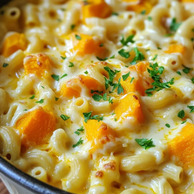 - 2 cups uncooked elbow macaroni - 2 cups butternut squash, peeled and diced - 4 cups vegetable broth - 1 cup shredded sharp cheddar cheese - 1 cup shredded mozzarella cheese - 1/2 cup cream cheese, softened - 1 teaspoon garlic powder - 1 teaspoon onion powder - 1/2 teaspoon smoked paprika - Salt and pepper to taste - Fresh parsley, chopped For this Slow Cooker Butternut Squash Mac and Cheese, I focus on the balance of flavors. The main ingredients blend well. The macaroni adds a nice texture. The butternut squash gives the dish a slight sweetness. I love using vegetable broth instead of water. It adds depth to the dish. The sharp cheddar and mozzarella bring the creaminess you crave. Cream cheese melts in perfectly, making everything rich. Next, the spices elevate the flavor. Garlic powder gives it warmth. Onion powder adds a savory note. Smoked paprika brings a hint of smokiness. Adjust the salt and pepper to suit your taste. Don't forget the garnish! Fresh parsley brightens the dish and adds color. You can easily change the dish by swapping cheeses or adding herbs. This recipe is simple yet full of great taste. - Dicing butternut squash: Start by peeling the squash. Use a sharp knife to cut it into small cubes. Aim for about half-inch pieces. This size cooks well and blends nicely in the dish. - Measuring uncooked macaroni: Measure out two cups of elbow macaroni. This pasta shape holds the cheese sauce and adds great texture. - Adding ingredients to the slow cooker: Place the diced butternut squash and uncooked macaroni in the slow cooker. Pour in four cups of vegetable broth, making sure the pasta and squash are fully covered. Add one teaspoon each of garlic powder and onion powder, along with half a teaspoon of smoked paprika. Season with salt and pepper. - Cooking time and settings: Cover the slow cooker and set it to low heat. Cook for about two to three hours. Check for tenderness. The pasta should be soft, and the squash should be cooked through. - Adding cheese and adjusting consistency: Once cooked, stir in one cup of shredded sharp cheddar cheese, one cup of shredded mozzarella cheese, and half a cup of softened cream cheese. Mix until all the cheese is melted and creamy. If the mix is too thick, add a splash of vegetable broth to thin it out. - Tasting and adjusting seasoning: Taste the mac and cheese. Adjust the seasoning with more salt or pepper if needed. Serve warm, topped with fresh parsley for a pop of color. Enjoy your creamy, cheesy delight! - Make sure the pasta is fully submerged in the broth. This helps it cook evenly. - For melting cheese, add it when the pasta is done. Stir gently for a creamy texture. - If you can’t find butternut squash, try pumpkin or sweet potato. Both add great flavor. - For a vegan version, use cashew cheese or almond cheese instead of dairy cheese. - Serve with a simple green salad to balance the meal. - Garlic bread or crusty rolls pair well and add a nice crunch. {{image_2}} You can make this dish lighter. Start by cutting down the cheese. This lowers calories without losing taste. You can also add more veggies. Spinach, broccoli, or peas blend well. They add nutrition and color. Want to boost flavor? Try adding fresh herbs like thyme or basil. A pinch of cayenne pepper can give a kick. If you want protein, add cooked chicken or turkey. These make the dish heartier and more filling. Change it up for the seasons! In fall, add nutmeg or sage. These spices pair well with butternut squash. For spring, consider fresh asparagus or peas. They bring a bright twist to this cozy dish. Store your leftovers in airtight containers. Glass or plastic containers work great. Make sure they seal well to keep moisture in. Your mac and cheese will stay fresh in the fridge for up to three days. To reheat without losing texture, use the stove. Heat it in a saucepan on low. Stir often to warm it evenly. If you use the microwave, heat it in short bursts. Stir after each burst to avoid hot spots. To freeze, place cooled mac and cheese in freezer-safe bags. Squeeze out as much air as you can. It will last up to three months in the freezer. When you are ready to eat, thaw it overnight in the fridge. Reheat it on the stove, adding a splash of broth if needed. Yes, you can use frozen butternut squash. It saves time and effort. Just make sure to thaw it before adding it to the slow cooker. This helps it cook evenly with the pasta. Frozen squash may add a little extra moisture, so keep an eye on the broth level. This dish lasts about 3 to 5 days in the fridge. Store it in an airtight container. Make sure it cools down before sealing it. If you want to keep it longer, consider freezing it. Yes, you can make this recipe on the stove. Boil the pasta and squash in vegetable broth. Once tender, stir in the cheeses and spices. Cook on low heat until everything is creamy. This method takes less time than the slow cooker. If the mac and cheese is too thick, add a splash of vegetable broth. Stir well to combine. You can also add a little milk or cream to achieve your desired creaminess. Adjust it slowly to avoid making it too runny. This recipe is not gluten-free because of the elbow macaroni. However, you can use gluten-free pasta as a substitute. Check the package to ensure it cooks similarly. This way, you can enjoy the dish without gluten. This blog post outlined a tasty recipe for mac and cheese with butternut squash. We covered ingredients, cooking steps, and tips for a perfect dish. You can easily customize it to suit your taste or diet. Don't forget to try the variations and serving suggestions for a fun spin. Remember, leftovers can be stored well for later meals. Enjoy your cooking adventure and share it with friends!