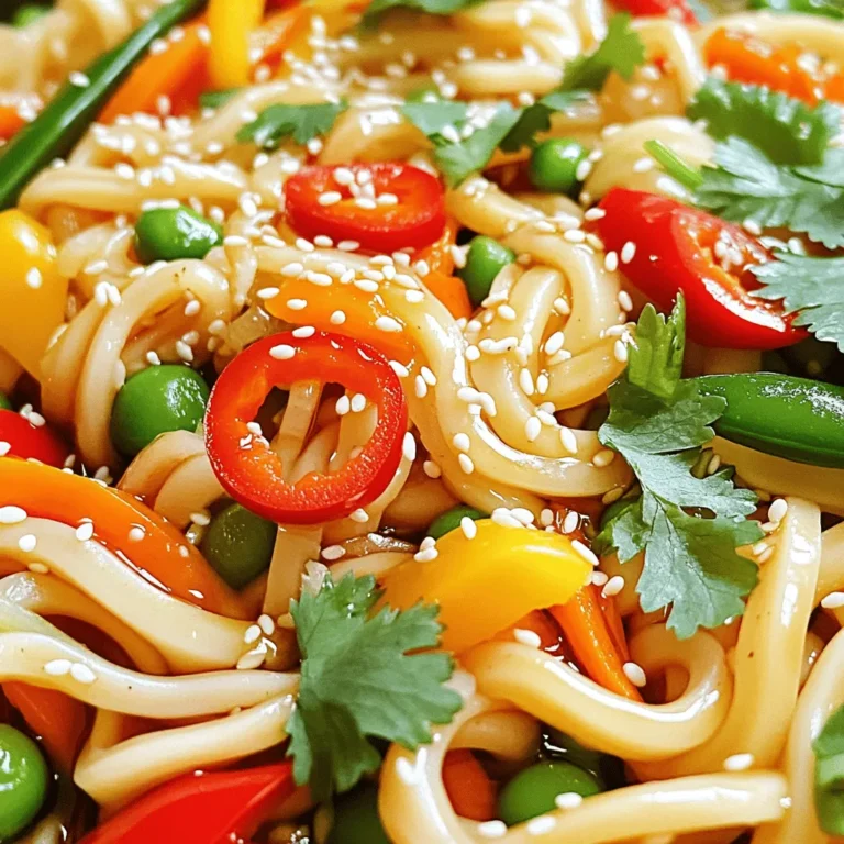 - 300g fresh udon noodles - 3 tablespoons vegetable oil - 4 cloves garlic, minced - 2 red chilies, sliced (adjust for spice preference) - 1 bell pepper, sliced - 1 carrot, julienned - 1 cup snap peas - 3 tablespoons soy sauce - 1 tablespoon sesame oil - 1 tablespoon rice vinegar - 1 teaspoon sugar - 2 green onions, chopped - Sesame seeds for garnish - Fresh cilantro (optional) I love using fresh udon noodles for this dish. They give a nice chewy texture. You can find them in Asian markets or the refrigerated section of your grocery store. The garlic adds a rich flavor, while the red chilies bring the heat. You can change the number of chilies based on how spicy you want it. The bell pepper and carrot add sweetness and crunch. Snap peas are a great choice for color and a crisp bite. I like to use both soy sauce and sesame oil for depth. Rice vinegar brightens the dish, and sugar balances the flavors. Green onions add a fresh touch at the end. Don’t forget the sesame seeds for crunch! You can also sprinkle fresh cilantro on top for extra flavor. This mix of ingredients makes the chili garlic udon noodles a tasty and easy stir-fry. - Bring a pot of salted water to boil. - Cook noodles according to package instructions (3-5 minutes). - Drain and set aside. Cooking udon noodles is simple and quick. Make sure your water is boiling before adding the noodles. This step helps them cook evenly. Follow the package instructions closely for the best results. Overcooking can make them mushy, and no one wants that! Once cooked, draining them properly helps prevent stickiness later. - Heat vegetable oil in a skillet or wok. - Sauté garlic and red chilies until fragrant. Next, heat vegetable oil in a skillet or wok over medium-high heat. Once it's hot, add minced garlic and sliced red chilies. Sauté for about 30 seconds. You want them fragrant but not browned. This step is key because it builds the dish's flavor base. The aroma will fill your kitchen, making it hard to resist! - Stir-fry bell pepper, carrot, and snap peas. - Combine with cooked udon noodles and sauce ingredients. - Stir-fry until heated through. Now, toss in the sliced bell pepper, julienned carrot, and snap peas. Stir-fry for about 3-4 minutes. You want the veggies to be tender but still crisp. Then, add the cooked udon noodles. Pour in soy sauce, sesame oil, rice vinegar, and sugar. Toss everything well. This ensures the noodles soak up all that delicious sauce. Stir-fry for an additional 2-3 minutes until everything is heated through. Your dish is almost ready! To change the heat of your chili garlic udon noodles, start with fewer chilies. Use one red chili for mild heat. For more spice, add the full two chilies. If you find it too hot, try adding some sugar or extra veggies. These will help balance the heat. You can also use bell peppers instead of chilies for a milder taste. To avoid overcooking your udon noodles, do not leave them in the boiling water too long. Follow the package's cooking time closely, which is usually 3-5 minutes. Drain them as soon as they are tender. Rinse with cold water to stop cooking. This keeps them firm and prevents mushiness. For extra flavor, consider adding a splash of lime juice or fresh ginger. These add a nice zing to the dish. You might also try adding a pinch of chili flakes for more spice. When serving, top your noodles with sesame seeds and fresh cilantro. These garnishes add a nice crunch and freshness to your meal. {{image_2}} You can easily add protein to your chili garlic udon noodles. Here are some great options: - Chicken: Use boneless chicken thighs or breasts. Cut them into thin strips. Sauté them in the skillet before adding the garlic and chilies. Cook until they are no longer pink. - Beef: Thinly slice flank steak or sirloin. Cook it in the hot skillet first, then add garlic and chilies. This keeps the beef tender and flavorful. - Tofu: For a vegetarian option, use firm tofu. Cube it and sauté until golden brown before adding the garlic and chilies. This adds a nice texture. Feel free to swap out vegetables based on what you have. Here are some ideas: - Broccoli: Add small florets for a crunchy bite. - Zucchini: Cut into half-moons for a tender flavor. - Mushrooms: Sliced mushrooms can bring an earthy taste. Consider what is in season too. Fresh, seasonal vegetables often taste the best and add more nutrients. If you have specific dietary needs, you can still enjoy this dish: - Gluten-Free: Use gluten-free udon noodles made from rice or buckwheat. These will work well and keep the dish tasty. - Vegan: Skip the meat and use tofu. Ensure your soy sauce is vegan. This keeps the dish plant-based and still full of flavor. To keep your chili garlic udon noodles fresh, store them in an airtight container. Refrigerate them right after they cool down. This helps prevent bacteria growth. They will last for about 3 to 5 days in the fridge. Check for any off smells or changes in texture before eating. If you see any, it’s best to toss them out. When you’re ready to eat leftovers, reheating them is easy. You can use a microwave or a skillet. For the microwave, place the noodles in a bowl, add a splash of water, and cover it. Heat for 1-2 minutes, stirring halfway through. If you choose a skillet, add a little oil and warm over medium heat. Stir gently to keep the noodles from sticking. This helps maintain the texture and flavor. Yes, you can freeze chili garlic udon noodles! To freeze, let them cool completely. Place them in a freezer-safe bag or container. Squeeze out as much air as you can to avoid freezer burn. They can last up to 3 months in the freezer. When you’re ready to eat, thaw them in the fridge overnight. To reheat, follow the steps above. Enjoy your delicious noodles any time! To cook udon noodles, start by boiling a pot of salted water. Add the fresh noodles and cook them for about 3 to 5 minutes. Fresh noodles cook quickly, so keep an eye on them. Once they are tender, drain the noodles and set them aside. This method gives you chewy, perfect udon noodles for your stir-fry. Yes, you can use dried udon noodles. However, you need to adjust cooking times. Dried noodles usually need about 7 to 10 minutes to cook. Follow the package instructions for best results. Make sure to rinse them under cold water after cooking. This helps prevent them from sticking together. The spice level depends on how many red chilies you use. For a milder dish, use one chili. For more heat, stick to two or three. You can also remove the seeds from the chilies to cut down on heat. If you want even less spice, consider using bell peppers or adding more vegetables instead. This way, you can enjoy the flavor without the heat. In this blog post, we covered making chili garlic udon noodles from start to finish. You learned about the key ingredients, cooking techniques, and helpful tips for perfecting your dish. We also explored variations for proteins and vegetables to suit your taste. Remember, you can adjust spice levels and modify ingredients to fit your needs. Enjoy experimenting with this simple, tasty recipe that brings a burst of flavor to your meals. Happy cooking!