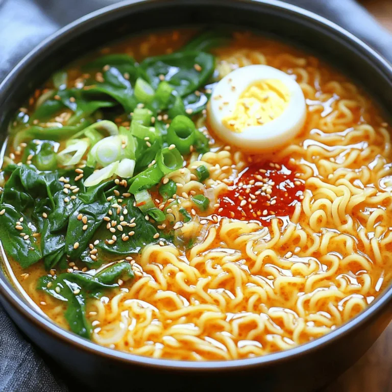 To make a quick and tasty Garlic Chili Ramen, gather these main ingredients: - 2 packets of instant ramen noodles - 4 cups vegetable broth - 4 cloves garlic, minced - 2 tablespoons soy sauce - 1 tablespoon chili paste (adjust for spice level) - 1 tablespoon sesame oil - 1 teaspoon ginger, grated - 1 green onion, thinly sliced - 1 cup spinach leaves These ingredients create a bold and flavorful base, perfect for a fast meal. Adding garnishes can elevate your dish. Here are some great options: - 1 tablespoon sesame seeds (for garnish) - Soft-boiled egg (optional for topping) These toppings add texture and flavor, making your ramen look and taste gourmet. You can easily change some ingredients based on what you have: - Swap vegetable broth with chicken broth for a different taste. - Use regular soy sauce or tamari for a gluten-free option. - If you don’t have chili paste, chili flakes will work too. - Spinach can be replaced with kale or bok choy for variety. These substitutions keep the dish simple while still allowing for creativity in your cooking. Gather your ingredients before you start cooking. This makes things easier. You will need: - 2 packets of instant ramen noodles - 4 cups vegetable broth - 4 cloves garlic, minced - 2 tablespoons soy sauce - 1 tablespoon chili paste (adjust for spice level) - 1 tablespoon sesame oil - 1 teaspoon ginger, grated - 1 green onion, thinly sliced - 1 cup spinach leaves - 1 tablespoon sesame seeds (for garnish) - Optional: soft-boiled egg for topping Having everything ready helps you cook faster. Mince the garlic and grate the ginger. Thinly slice the green onion. Start with a medium pot. Heat the sesame oil over medium heat. Once hot, add the minced garlic and grated ginger. Stir them for 1-2 minutes. You want them fragrant but not burnt. Next, pour in the vegetable broth. Bring it to a simmer. This step adds depth to your broth. Stir in the soy sauce and chili paste. Adjust the chili paste based on how spicy you like it. When the broth simmers, add the instant ramen noodles. Cook according to the package instructions, usually 3-4 minutes. In the last minute, add the spinach leaves. Stir them in until they wilt. Once done, remove the pot from heat. Transfer the ramen to bowls. Top each bowl with sliced green onions, a sprinkle of sesame seeds, and a soft-boiled egg if you want. Serve your ramen hot. You can pair it with a side of pickles or a fresh salad. This adds a nice crunch. Feel free to adjust the toppings based on what you like. More green onions or a dash of sesame oil can elevate your dish. Enjoy every flavorful bite! To boost the taste of your Minute Garlic Chili Ramen, focus on fresh ingredients. Fresh garlic and ginger bring a lively kick. You can also add a splash of rice vinegar for extra tang. If you want a deeper flavor, sauté the garlic longer, but watch it closely. You can mix in a few drops of lime juice right before serving. This adds a bright finish to your dish. Adjust the spice by changing the amount of chili paste. Start with one teaspoon if you prefer mild heat. If you like it hot, add more until it suits your taste. You can also add chili flakes for an extra kick. For a milder option, try using sweet chili sauce instead. It’s a great way to enjoy the flavor without too much heat. To save time, chop your garlic and ginger ahead of time. You can store them in the fridge for a few days. Use pre-washed spinach leaves to cut prep time. If you want even faster noodles, choose thinner ramen varieties. They cook quicker and still taste great. Lastly, keep the broth hot while you prepare other ingredients. This helps the whole dish come together faster. {{image_2}} You can easily make this dish vegetarian or vegan. Use vegetable broth as your base. It adds rich flavor without meat. For extra protein, swap the soft-boiled egg for tofu. Silken tofu works well and adds creaminess. You can also toss in more veggies, like mushrooms or bell peppers. They add texture and flavor. If you want more protein, try adding cooked chicken or shrimp. Both pair well with the spicy broth. You can also use tempeh for a plant-based option. Simply sauté tempeh cubes in the sesame oil before adding garlic. For a quick fix, use pre-cooked protein options. Just heat them through before serving. Feel free to explore new flavors! Add a splash of lime juice for a zesty kick. You can also mix in miso paste for a deeper umami taste. If you love heat, try adding sriracha or red pepper flakes. For a sweeter note, drizzle in honey or agave syrup. Each twist can create a unique bowl of ramen. Store any leftovers in an airtight container. Keep it in the fridge for up to three days. This helps keep the flavors fresh and the noodles safe to eat. When you want to eat it again, check for any signs of spoilage first. You can freeze your ramen, but it may change the texture. To freeze, let the ramen cool completely. Place it in a freezer-safe bag or container. It can last up to a month in the freezer. When you're ready to eat, thaw it overnight in the fridge. To reheat, pour the ramen into a pot. Add a splash of water or broth to help with moisture. Heat it over medium heat until hot, stirring often. You can also use a microwave if you're in a hurry. Just cover the bowl and heat in short bursts. Stir between heating to ensure even warmth. You can add more chili paste. Start with one tablespoon and increase to two. You could also add red pepper flakes for extra heat. If you want a different kick, try fresh chili peppers or sriracha sauce. Mix these into the broth while it simmers. Taste as you go to find your perfect spice level. Yes, chicken broth works great in this recipe. It adds a rich flavor that pairs well with garlic and chili. Just substitute the vegetable broth with chicken broth in equal amounts. This swap can make your ramen taste even heartier. It’s a good option if you want a meatier taste. Toppings can make your ramen special. Here are some tasty ideas: - Soft-boiled egg adds creaminess. - Sliced green onions give a fresh crunch. - Cooked spinach adds color and nutrients. - Sesame seeds add a nice crunch and flavor. - You can also try sliced mushrooms or nori sheets for extra flavor. Customize your ramen to suit your taste! This blog post covered how to make delicious Garlic Chili Ramen. We discussed the key ingredients, gave step-by-step cooking instructions, and shared tips for adding flavor. I also provided variations for all diets and explained how to store leftovers properly. In summary, making this dish can be fun and simple. With a few tweaks, you can enjoy a tasty bowl every time. Experiment with spices and garnishes to find your perfect mix! Enjoy your ramen journey!