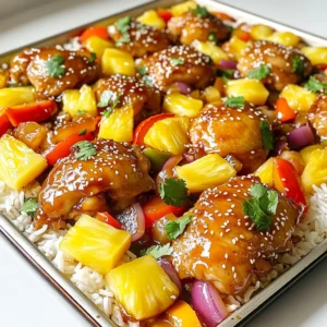 - 1 pound boneless skinless chicken thighs, cut into bite-sized pieces - 1 cup pineapple chunks (fresh or canned) - 1 large bell pepper (red, yellow, or green), chopped into bite-sized pieces - 1 medium red onion, cut into wedges - 1/4 cup soy sauce (low sodium if preferred) - 1/4 cup apple cider vinegar - 1/3 cup honey - 2 cloves garlic, minced - 1 tablespoon ginger, grated - 2 tablespoons vegetable oil - 1 teaspoon sesame oil - Sesame seeds for garnish - Fresh cilantro for garnish - Cooked white rice (for serving) This recipe brings together simple yet vibrant ingredients. The chicken thighs give a juicy base. Pineapple adds a sweet burst. Bell pepper and red onion provide crunch and color. For the marinade, soy sauce and apple cider vinegar create a tangy kick. Honey sweetens the mix, while garlic and ginger add depth. Each bite bursts with flavor from this balanced blend. The garnishes elevate the dish. Sesame seeds add a nutty touch. Fresh cilantro brightens each serving. And don't forget the rice! It soaks up the sauce and rounds out the meal. With these ingredients ready, you set yourself up for a delicious sheet pan meal that pleases everyone. - Set temperature to 400°F (200°C). - Prepare baking sheet with parchment paper or non-stick spray. - Combine soy sauce, apple cider vinegar, honey, garlic, ginger, and sesame oil. - Whisk well until fully mixed. - Coat chicken with marinade and let marinate for at least 15 minutes. - This helps the chicken soak up the flavor. - Combine pineapple, bell pepper, and red onion with the remaining marinade. - Toss to coat the veggies in the flavorful mix. - Arrange marinated chicken on one side of the baking sheet. - Place the marinated vegetables on the other side for even cooking. - Cook for 20-25 minutes, stirring halfway through. - Check that chicken is fully cooked and veggies are tender. - Add cornstarch slurry during the last 5 minutes of cooking. - This thickens the sauce and gives it a nice glaze. - Let rest for a few minutes before serving. - Garnish with sesame seeds and fresh cilantro over rice. Choosing the right cut of chicken is key. I love using boneless, skinless chicken thighs. They stay juicy and tender during cooking. If you prefer chicken breasts, that's fine too, but they may dry out more easily. Marinating the chicken is very important. This step adds flavor and helps tenderize the meat. I suggest marinating for at least 15 minutes. If you have more time, marinating for an hour or overnight will make it even better. To ensure even cooking, spread the chicken and vegetables apart on the sheet pan. This way, hot air can flow around each piece. Stir halfway through cooking to mix things up. This helps everything cook evenly and gives you a nice golden color. You can boost the flavor with extra spices. Try adding a teaspoon of red pepper flakes for a bit of heat. If you like it sweet, a splash of orange juice works well too. You can also add other vegetables like snap peas or carrots for extra crunch and color. {{image_2}} You can change the protein in this dish. Instead of chicken, try using tofu or shrimp. - Tofu: Use firm tofu. Cut it into bite-sized cubes. Marinate it just like the chicken. Bake until golden and warm. - Shrimp: Use peeled and deveined shrimp. They cook faster than chicken. Toss them in the marinade and bake for about 10-15 minutes. Both options give a new flavor and texture, making this dish fun and versatile. Not a fan of bell peppers or onions? No worries! You can swap them for other veggies. - Broccoli: This green veggie adds crunch and nutrition. It works well with the sweet sauce. - Carrots: Cut them into thin slices. They add a nice color and sweetness. - Zucchini: This soft vegetable absorbs flavors well. Slice it and mix with the other veggies. Feel free to get creative! Mix and match your favorite vegetables for a personal touch. Want to change the taste? You can use different sauces or spices for a unique twist. - Teriyaki Sauce: Swap the soy sauce for teriyaki sauce. It adds a sweet, rich flavor. - Sriracha: Add some heat by mixing in sriracha with the marinade. It gives a spicy kick. - Curry Powder: For a different flavor, try adding curry powder to the mix. It gives a warm, earthy taste. These changes will keep your meal exciting and flavorful. To keep your sweet and sour chicken fresh, store it in the fridge. Use an airtight container to avoid moisture loss. This helps maintain the flavor and texture. You can keep the leftovers for up to four days. If you want to enjoy it later, make sure to cool it first before sealing. When reheating, aim to keep the chicken juicy and the veggies tender. Use a microwave for quick reheating. Place the chicken and veggies in a microwave-safe bowl. Add a splash of water to prevent drying out. Cover it loosely and heat in short bursts. Stir often until heated through. You can also reheat in the oven for a crispier texture. Preheat the oven to 350°F (175°C) and heat for about 10-15 minutes. Want to save some for later? You can freeze this dish! First, let it cool completely. Then, place it in a freezer-safe container. Try to remove as much air as possible to prevent freezer burn. It can last up to three months in the freezer. To thaw, transfer it to the fridge overnight. Reheat as described above for the best results. You can use coconut aminos or tamari as a gluten-free alternative to soy sauce. Coconut aminos have a slightly sweeter taste. Tamari is similar to soy sauce but is often gluten-free. Both options work well in this recipe. They keep the sweet and sour flavor you want. I recommend marinating the chicken for at least 15 minutes. This time lets the flavors soak in. If you have more time, you can marinate it for up to 2 hours. Longer marination makes the chicken even tastier. Yes, you can use frozen vegetables in this recipe. They save time and are easy to find. However, fresh vegetables give a better texture and taste. If using frozen, make sure to thaw and drain them before adding to the pan. This helps avoid excess water. This recipe is very kid-friendly! If your kids prefer less spice, you can skip the ginger or reduce the amount. You can also serve it with plain rice, which most kids enjoy. The sweet taste of pineapple is a hit with many children. This dish brings together tasty chicken, sweet pineapple, and crunchy veggies. You learned how to marinate chicken and bake it all in one pan. I shared tips for choosing the best ingredients and cooking techniques. You can even switch proteins or veggies for fun twists. Store your leftovers well to enjoy later. Cooking should be easy and delicious, and this recipe helps you make that happen. Enjoy your meal, and happy cooking!