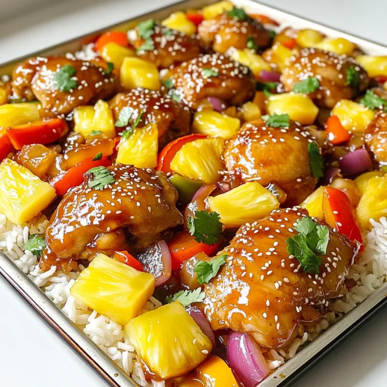 - 1 pound boneless skinless chicken thighs, cut into bite-sized pieces - 1 cup pineapple chunks (fresh or canned) - 1 large bell pepper (red, yellow, or green), chopped into bite-sized pieces - 1 medium red onion, cut into wedges - 1/4 cup soy sauce (low sodium if preferred) - 1/4 cup apple cider vinegar - 1/3 cup honey - 2 cloves garlic, minced - 1 tablespoon ginger, grated - 2 tablespoons vegetable oil - 1 teaspoon sesame oil - Sesame seeds for garnish - Fresh cilantro for garnish - Cooked white rice (for serving) This recipe brings together simple yet vibrant ingredients. The chicken thighs give a juicy base. Pineapple adds a sweet burst. Bell pepper and red onion provide crunch and color. For the marinade, soy sauce and apple cider vinegar create a tangy kick. Honey sweetens the mix, while garlic and ginger add depth. Each bite bursts with flavor from this balanced blend. The garnishes elevate the dish. Sesame seeds add a nutty touch. Fresh cilantro brightens each serving. And don't forget the rice! It soaks up the sauce and rounds out the meal. With these ingredients ready, you set yourself up for a delicious sheet pan meal that pleases everyone. - Set temperature to 400°F (200°C). - Prepare baking sheet with parchment paper or non-stick spray. - Combine soy sauce, apple cider vinegar, honey, garlic, ginger, and sesame oil. - Whisk well until fully mixed. - Coat chicken with marinade and let marinate for at least 15 minutes. - This helps the chicken soak up the flavor. - Combine pineapple, bell pepper, and red onion with the remaining marinade. - Toss to coat the veggies in the flavorful mix. - Arrange marinated chicken on one side of the baking sheet. - Place the marinated vegetables on the other side for even cooking. - Cook for 20-25 minutes, stirring halfway through. - Check that chicken is fully cooked and veggies are tender. - Add cornstarch slurry during the last 5 minutes of cooking. - This thickens the sauce and gives it a nice glaze. - Let rest for a few minutes before serving. - Garnish with sesame seeds and fresh cilantro over rice. Choosing the right cut of chicken is key. I love using boneless, skinless chicken thighs. They stay juicy and tender during cooking. If you prefer chicken breasts, that's fine too, but they may dry out more easily. Marinating the chicken is very important. This step adds flavor and helps tenderize the meat. I suggest marinating for at least 15 minutes. If you have more time, marinating for an hour or overnight will make it even better. To ensure even cooking, spread the chicken and vegetables apart on the sheet pan. This way, hot air can flow around each piece. Stir halfway through cooking to mix things up. This helps everything cook evenly and gives you a nice golden color. You can boost the flavor with extra spices. Try adding a teaspoon of red pepper flakes for a bit of heat. If you like it sweet, a splash of orange juice works well too. You can also add other vegetables like snap peas or carrots for extra crunch and color. {{image_2}} You can change the protein in this dish. Instead of chicken, try using tofu or shrimp. - Tofu: Use firm tofu. Cut it into bite-sized cubes. Marinate it just like the chicken. Bake until golden and warm. - Shrimp: Use peeled and deveined shrimp. They cook faster than chicken. Toss them in the marinade and bake for about 10-15 minutes. Both options give a new flavor and texture, making this dish fun and versatile. Not a fan of bell peppers or onions? No worries! You can swap them for other veggies. - Broccoli: This green veggie adds crunch and nutrition. It works well with the sweet sauce. - Carrots: Cut them into thin slices. They add a nice color and sweetness. - Zucchini: This soft vegetable absorbs flavors well. Slice it and mix with the other veggies. Feel free to get creative! Mix and match your favorite vegetables for a personal touch. Want to change the taste? You can use different sauces or spices for a unique twist. - Teriyaki Sauce: Swap the soy sauce for teriyaki sauce. It adds a sweet, rich flavor. - Sriracha: Add some heat by mixing in sriracha with the marinade. It gives a spicy kick. - Curry Powder: For a different flavor, try adding curry powder to the mix. It gives a warm, earthy taste. These changes will keep your meal exciting and flavorful. To keep your sweet and sour chicken fresh, store it in the fridge. Use an airtight container to avoid moisture loss. This helps maintain the flavor and texture. You can keep the leftovers for up to four days. If you want to enjoy it later, make sure to cool it first before sealing. When reheating, aim to keep the chicken juicy and the veggies tender. Use a microwave for quick reheating. Place the chicken and veggies in a microwave-safe bowl. Add a splash of water to prevent drying out. Cover it loosely and heat in short bursts. Stir often until heated through. You can also reheat in the oven for a crispier texture. Preheat the oven to 350°F (175°C) and heat for about 10-15 minutes. Want to save some for later? You can freeze this dish! First, let it cool completely. Then, place it in a freezer-safe container. Try to remove as much air as possible to prevent freezer burn. It can last up to three months in the freezer. To thaw, transfer it to the fridge overnight. Reheat as described above for the best results. You can use coconut aminos or tamari as a gluten-free alternative to soy sauce. Coconut aminos have a slightly sweeter taste. Tamari is similar to soy sauce but is often gluten-free. Both options work well in this recipe. They keep the sweet and sour flavor you want. I recommend marinating the chicken for at least 15 minutes. This time lets the flavors soak in. If you have more time, you can marinate it for up to 2 hours. Longer marination makes the chicken even tastier. Yes, you can use frozen vegetables in this recipe. They save time and are easy to find. However, fresh vegetables give a better texture and taste. If using frozen, make sure to thaw and drain them before adding to the pan. This helps avoid excess water. This recipe is very kid-friendly! If your kids prefer less spice, you can skip the ginger or reduce the amount. You can also serve it with plain rice, which most kids enjoy. The sweet taste of pineapple is a hit with many children. This dish brings together tasty chicken, sweet pineapple, and crunchy veggies. You learned how to marinate chicken and bake it all in one pan. I shared tips for choosing the best ingredients and cooking techniques. You can even switch proteins or veggies for fun twists. Store your leftovers well to enjoy later. Cooking should be easy and delicious, and this recipe helps you make that happen. Enjoy your meal, and happy cooking!