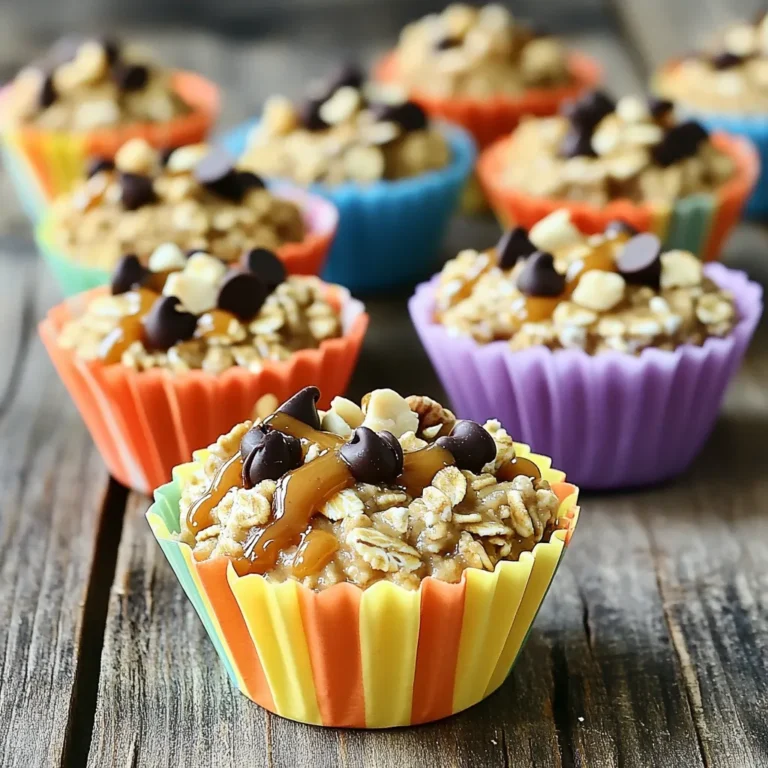To make No-Bake Peanut Butter Oatmeal Cups, you need these simple ingredients: - 1 cup rolled oats - 1/2 cup natural peanut butter - 1/4 cup honey or maple syrup - 1/4 cup mini chocolate chips - 1/4 cup chopped nuts (like almonds or walnuts) - 1/2 teaspoon vanilla extract - A pinch of salt If you can't find some ingredients, don't worry! Here are easy swaps: - Use almond butter instead of peanut butter for a nut-free treat. - Swap honey for agave syrup if you want a vegan option. - Instead of mini chocolate chips, try dried fruit for a healthier twist. - Use sunflower seeds if you need a nut-free alternative for chopped nuts. Each serving of these delightful cups packs a good balance of nutrients: - Calories: 120 - Protein: 3g - Carbohydrates: 15g - Fat: 6g - Fiber: 2g - Sugar: 5g These cups are not only tasty but also provide energy and satisfaction. Enjoy these ingredients to create a fun and healthy snack! To begin, gather all your ingredients. You'll need rolled oats, peanut butter, honey or maple syrup, mini chocolate chips, chopped nuts, vanilla extract, and a pinch of salt. Measure out one cup of rolled oats and put it in a mixing bowl. Add a pinch of salt and stir them together. This helps to evenly distribute the salt. Next, take a microwave-safe bowl. Add half a cup of natural peanut butter and a quarter cup of honey or maple syrup. Microwave this mixture for about 20 to 30 seconds. You want it to be slightly melted so it's easy to mix. Once melted, stir in half a teaspoon of vanilla extract until the mix is smooth. Now pour this peanut butter mixture over the oats in your bowl. Mix well until every oat is coated. Then, fold in the mini chocolate chips and chopped nuts. This adds a nice crunch and sweetness to your cups. Now, it's time to shape your cups. Line a muffin tin with cupcake liners. Evenly distribute your mixture into each liner. Be sure to press down firmly; this helps the cups hold their shape. Once filled, place the muffin tin in the refrigerator. Let it chill for at least 30 minutes. This will help the cups firm up. After they set, gently remove them from the tin. Enjoy your tasty no-bake treats! To get the right texture, use rolled oats. They give a chewy bite. Quick oats can turn mushy. Mix the peanut butter and honey well. This helps the oats stick together. Press the mixture firmly into the muffin tin. A compact cup holds its shape better. Let them chill in the fridge for at least 30 minutes. This will firm them up nicely. You can add more flavor to your cups. Try different nut butters like almond or cashew. Swap the honey for maple syrup for a unique taste. Add spices like cinnamon or cocoa powder for extra depth. For crunch, use different nuts like pecans or pistachios. You can also add dried fruits like cranberries or raisins. This makes your cups more exciting and tasty. Avoid using too much liquid. It can make the cups too soft. If your mixture feels too sticky, add more oats. Don't skip the salt; it brings out the sweetness. Be careful not to overmix. This can break down the oats and change the texture. Lastly, don’t rush the chilling step. If you skip it, your cups may fall apart. {{image_2}} If you want to skip nuts, use sunflower seed butter. It gives a nice taste without the nuts. You can also use tahini for a different flavor. Both options are safe for schools and nut-free zones. Get creative with flavors! Swap honey for maple syrup for a sweet twist. Try adding dried fruits like raisins or cranberries for extra chewiness. You can also mix in spices like cinnamon or cocoa powder for a fun kick. To make these cups vegan, simply use maple syrup instead of honey. For a gluten-free treat, ensure your oats are certified gluten-free. This way, everyone can enjoy these tasty cups without worry. To keep your no-bake peanut butter oatmeal cups fresh, store them in an airtight container. This prevents moisture from getting in and keeps them tasty. You can use a glass jar or a plastic container. Always place a piece of parchment paper between layers if you stack them. This keeps them from sticking together. These tasty cups last about one week in the fridge. If you want to keep them longer, consider freezing them. Place each cup in a small freezer bag. Make sure to remove as much air as possible. They can stay good for up to three months in the freezer. Just remember to label the bags with the date. You don’t need to reheat these cups. They taste great cold or at room temperature. If you prefer them warm, you can microwave them for a few seconds. Just be careful not to overheat them; this can change the texture. Enjoy them as a quick snack or a sweet treat anytime! Yes, you can use other nut butters. Almond butter or cashew butter works well. You can even try sunflower seed butter for a nut-free option. Each nut butter gives a unique flavor and texture. Just make sure the nut butter is smooth for easy mixing. To make these cups healthier, try these tips: - Use less sweetener like honey or maple syrup. - Replace chocolate chips with dried fruit or seeds. - Add chia seeds or flaxseeds for extra fiber. These changes lower sugar and boost nutrients. Yes, these cups are great for kids! They are easy to make and taste yummy. Kids can help mix ingredients. They make a perfect snack or treat. Just be sure to check for nut allergies before serving. You can customize your oatmeal cups in many ways: - Add different mix-ins like dried fruit or seeds. - Swap honey for agave or maple syrup. - Try different flavors of nut butter. - Experiment with spices like cinnamon or cocoa powder. This way, you can create a version that fits your taste! You’ve learned about ingredients, preparation, and storage for oatmeal cups. I shared tips to avoid mistakes and suggested tasty variations. Remember, these cups are flexible and fun to customize. Adjust them to fit your taste and diet. Perfect for kids, they pack nutrition into every bite. Enjoy making them your own, and don't forget to share your results. These oatmeal cups can become a delicious and healthy staple. Dive in, experiment, and make it a treat you love!